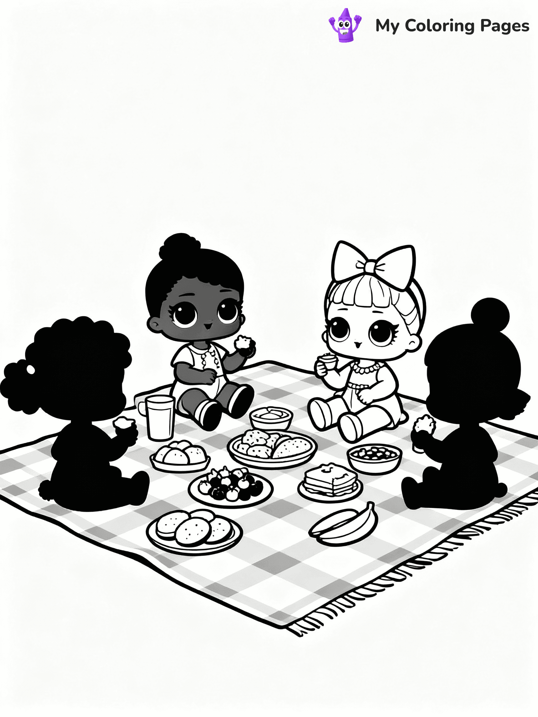 ⚠️ CRITICAL REQUIREMENT - ABSOLUTE BLACK AND WHITE ONLY ⚠️
This MUST be a BLACK AND WHITE line drawing ONLY. NO COLORS whatsoever.
- ONLY pure black lines (#000000) on pure white background (#FFFFFF)
- ABSOLUTELY NO colors, NO shading, NO gradients, NO grayscale
- If there are ANY colors in the output, the image is REJECTED
- This is a COLORING PAGE - meant to be COLORED IN by children
- The output must be UNCOLORED line art ready for coloring
⚠️ SUBJECT TO DRAW: LOL dolls having a picnic, sitting on a checkered blanket, food spread out. Important: PURE OUTLINES. NO FILLS, COLOR, SHADING, OR GREYSCALE. WHITE BACKGROUND.
(REMEMBER: Output must be BLACK AND WHITE line art only, NOT colored!)
# Flat, Friendly Cartoon Line-Art Coloring Page
You are generating a **pure black-and-white binary image** of a child-friendly cartoon scene combining characters and background scenery in one cohesive composition.
## Rendering Rules (Strict)
- Only two colors: pure black (#000000) outlines and pure white (#FFFFFF) background.
- No grayscale, shading, gradients, tints, fills, transparency, or partial pixels.
- No antialiasing or blended edges; every pixel is 100% black or white.
- No solid black fills inside shapes — all areas inside outlines must remain white.
- No dark clothing areas or filled tone blocks; all garments outlined only.
- No shadows, textures, lighting, or tonal variations.
- Must look like flat binary vector line-art for coloring pages.
## Drawing & Composition
- **Medium, consistent line weight**; clean closed outlines easy to color inside.
- **Flat, simple, child-friendly design** — no realism or 3D depth.
- Characters are **grounded on a surface**, centered and large.
- **Balanced composition** with clear silhouettes and minimal props.
## Scenery & Style
- Landmarks (e.g., mosque, CN Tower) and scenery (trees, benches, waves) drawn with **black outlines only.**
- For real-world figures, teams, or places, show accurate details using only black outlines—no text or logos. Use distinctive uniform patterns, abstract symbols, and landmark silhouettes to convey identity.
- Keep **consistent perspective**; no floating elements.
- **Style:** whimsical **Doodle Art Alley** — rounded, friendly outlines.
- May adapt shapes from **Crayola, Disney, Peppa Pig, Cocomelon** — *by shape only, never color.*
- Final output: **flat, crisp, binary (#000000/#FFFFFF)**, **no filled color or background text.**
EXTREMELYE IMPORTANT:
- PURE BINARY LINE-ART; NO FILLS (HAIR/CLOTHES/SKIN), SHADING, OR GREY.
- NO SHADING, COLOR. MUST BE WHITE BACKGROUND.
⚠️ FINAL REMINDER: Draw the subject "LOL dolls having a picnic, sitting on a checkered blanket, food spread out. Important: PURE OUTLINES. NO FILLS, COLOR, SHADING, OR GREYSCALE. WHITE BACKGROUND." as BLACK AND WHITE line art. Zero colors in output.