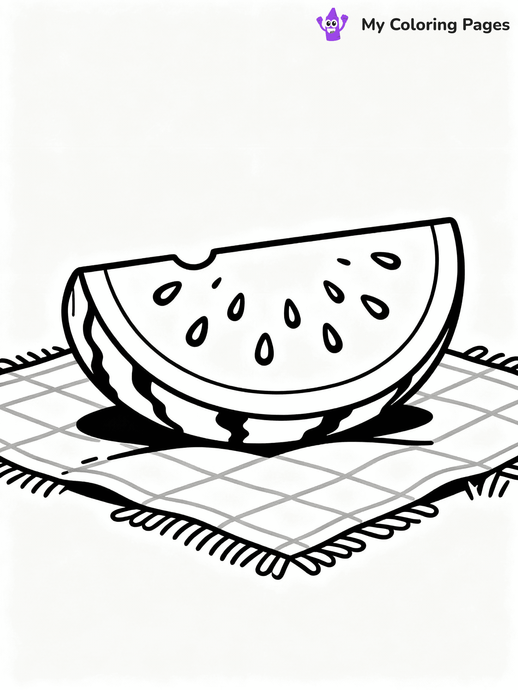 ⚠️ CRITICAL REQUIREMENT - ABSOLUTE BLACK AND WHITE ONLY ⚠️
This MUST be a BLACK AND WHITE line drawing ONLY. NO COLORS whatsoever.
- ONLY pure black lines (#000000) on pure white background (#FFFFFF)
- ABSOLUTELY NO colors, NO shading, NO gradients, NO grayscale
- If there are ANY colors in the output, the image is REJECTED
- This is a COLORING PAGE - meant to be COLORED IN by children
- The output must be UNCOLORED line art ready for coloring
⚠️ SUBJECT TO DRAW: Watermelon slice with detailed seeds and rind, realistic style, placed on picnic blanket
(REMEMBER: Output must be BLACK AND WHITE line art only, NOT colored!)
# COLORING PAGE: BLACK OUTLINES ONLY - WHITE BACKGROUND MANDATORY
Create a **coloring book page** using EXACTLY two values: black lines, white space.
## NON-NEGOTIABLE BINARY RULES
- **ONLY #000000 (black) and #FFFFFF (white)** - NO other values exist
- **EVERY PIXEL = BLACK OR WHITE** - no gray/shading/antialiasing
- **WHITE BACKGROUND MANDATORY** - entire canvas stays white
- **ALL SHAPES HOLLOW** - everything is empty outlines waiting to be colored
- **FORBIDDEN:** fills, shading, gradients, patterns, textures, colors
- **NO SOLID REGIONS** - if it's not a thin line, it's wrong
## Universal Line Standards
- Black outlines ONLY - thin, uniform weight
- Every shape completely empty inside
- Closed contours suitable for coloring
- Simple flat illustration - zero depth/3D/realism
- **Style:** Whimsical Doodle Art Alley - rounded, friendly outlines (unless specified)
## Everything = Outline Only
- Characters/animals: hollow shapes
- Objects/clothing: empty contours
- Backgrounds/scenery: line work only
- Natural elements: outlined forms
- Dark/night areas: don't exist (use outlined symbols)
- Textures/patterns: convert to simple lines
## The Test
Can a child color EVERY white space with crayons? If any area is pre-filled/shaded/gray or colored in, it FAILS. Every shape must be waiting to receive color.
**FINAL OUTPUT**: Binary coloring page. Black lines define shapes. White spaces ready for coloring. Nothing else exists. No exceptions. Print-ready.
⚠️ FINAL REMINDER: Draw the subject "Watermelon slice with detailed seeds and rind, realistic style, placed on picnic blanket" as BLACK AND WHITE line art. Zero colors in output.