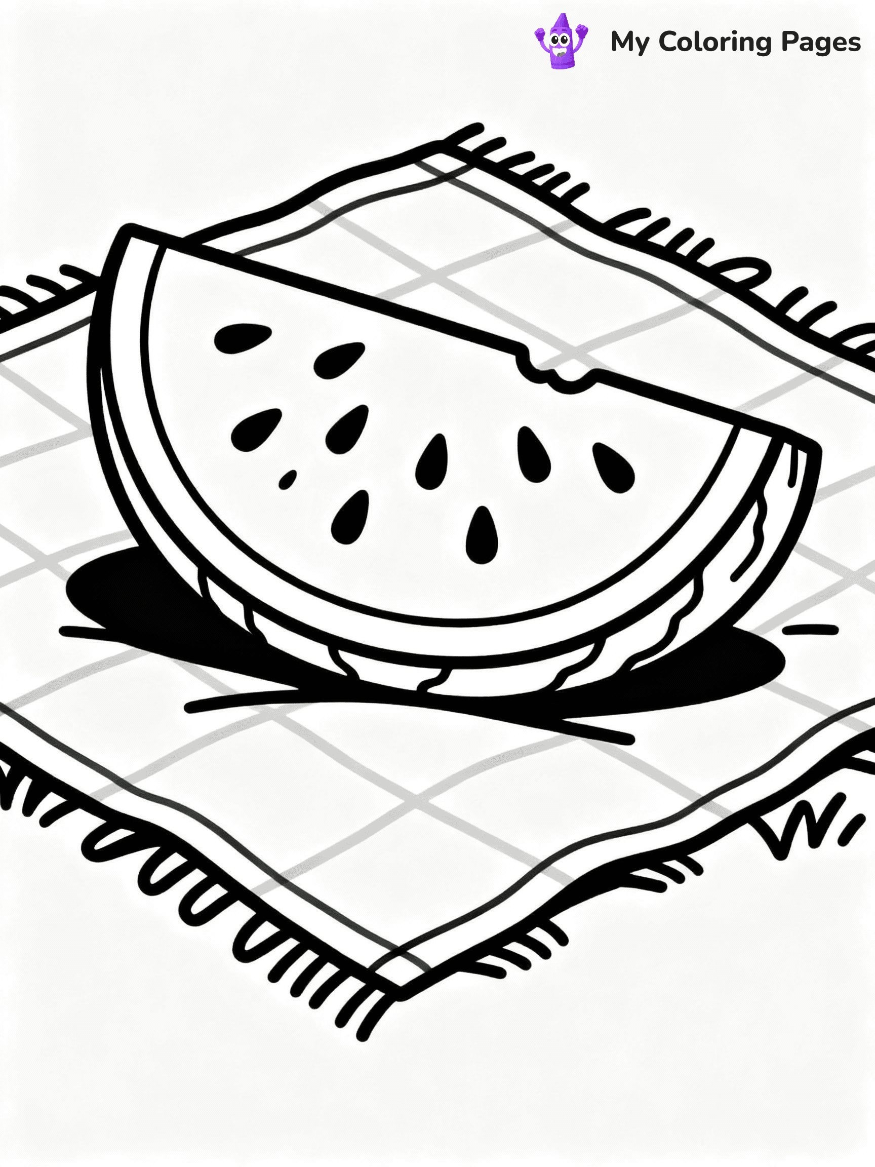 ⚠️ CRITICAL REQUIREMENT - ABSOLUTE BLACK AND WHITE ONLY ⚠️
This MUST be a BLACK AND WHITE line drawing ONLY. NO COLORS whatsoever.
- ONLY pure black lines (#000000) on pure white background (#FFFFFF)
- ABSOLUTELY NO colors, NO shading, NO gradients, NO grayscale
- If there are ANY colors in the output, the image is REJECTED
- This is a COLORING PAGE - meant to be COLORED IN by children
- The output must be UNCOLORED line art ready for coloring
⚠️ SUBJECT TO DRAW: Watermelon slice with detailed seeds and rind, realistic style, placed on picnic blanket
(REMEMBER: Output must be BLACK AND WHITE line art only, NOT colored!)
# COLORING PAGE: BLACK OUTLINES ONLY - WHITE BACKGROUND MANDATORY
Create a **coloring book page** using EXACTLY two values: black lines, white space.
## NON-NEGOTIABLE BINARY RULES
- **ONLY #000000 (black) and #FFFFFF (white)** - NO other values exist
- **EVERY PIXEL = BLACK OR WHITE** - no gray/shading/antialiasing
- **WHITE BACKGROUND MANDATORY** - entire canvas stays white
- **ALL SHAPES HOLLOW** - everything is empty outlines waiting to be colored
- **FORBIDDEN:** fills, shading, gradients, patterns, textures, colors
- **NO SOLID REGIONS** - if it's not a thin line, it's wrong
## Universal Line Standards
- Black outlines ONLY - thin, uniform weight
- Every shape completely empty inside
- Closed contours suitable for coloring
- Simple flat illustration - zero depth/3D/realism
- **Style:** Whimsical Doodle Art Alley - rounded, friendly outlines (unless specified)
## Everything = Outline Only
- Characters/animals: hollow shapes
- Objects/clothing: empty contours
- Backgrounds/scenery: line work only
- Natural elements: outlined forms
- Dark/night areas: don't exist (use outlined symbols)
- Textures/patterns: convert to simple lines
## The Test
Can a child color EVERY white space with crayons? If any area is pre-filled/shaded/gray or colored in, it FAILS. Every shape must be waiting to receive color.
**FINAL OUTPUT**: Binary coloring page. Black lines define shapes. White spaces ready for coloring. Nothing else exists. No exceptions. Print-ready.
⚠️ FINAL REMINDER: Draw the subject "Watermelon slice with detailed seeds and rind, realistic style, placed on picnic blanket" as BLACK AND WHITE line art. Zero colors in output.