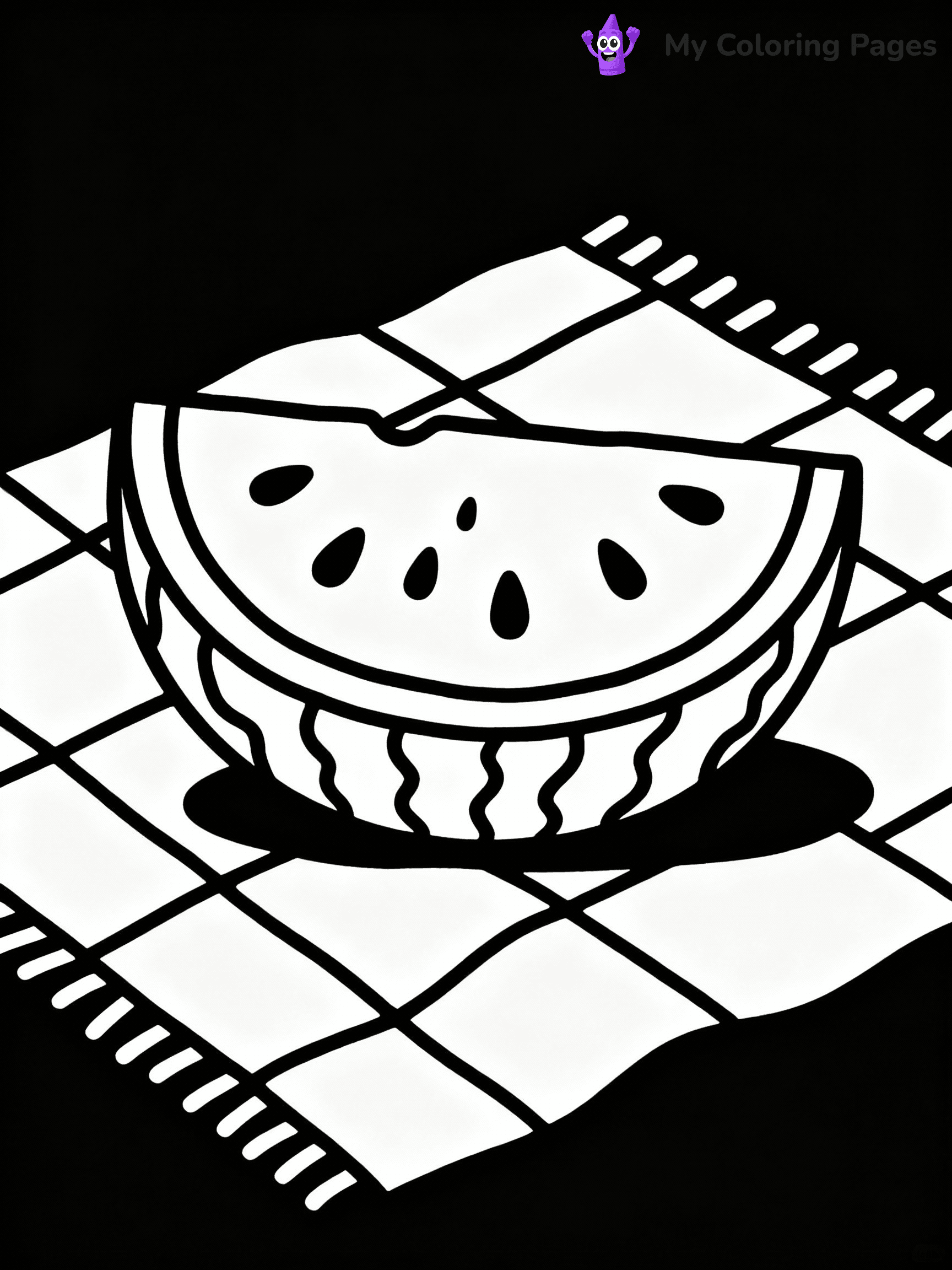 ⚠️ CRITICAL REQUIREMENT - ABSOLUTE BLACK AND WHITE ONLY ⚠️
This MUST be a BLACK AND WHITE line drawing ONLY. NO COLORS whatsoever.
- ONLY pure black lines (#000000) on pure white background (#FFFFFF)
- ABSOLUTELY NO colors, NO shading, NO gradients, NO grayscale
- If there are ANY colors in the output, the image is REJECTED
- This is a COLORING PAGE - meant to be COLORED IN by children
- The output must be UNCOLORED line art ready for coloring
⚠️ SUBJECT TO DRAW: Watermelon slice with detailed seeds and rind, realistic style, placed on picnic blanket
(REMEMBER: Output must be BLACK AND WHITE line art only, NOT colored!)
# COLORING PAGE: BLACK OUTLINES ONLY - WHITE BACKGROUND MANDATORY
Create a **coloring book page** using EXACTLY two values: black lines, white space.
## NON-NEGOTIABLE BINARY RULES
- **ONLY #000000 (black) and #FFFFFF (white)** - NO other values exist
- **EVERY PIXEL = BLACK OR WHITE** - no gray/shading/antialiasing
- **WHITE BACKGROUND MANDATORY** - entire canvas stays white
- **ALL SHAPES HOLLOW** - everything is empty outlines waiting to be colored
- **FORBIDDEN:** fills, shading, gradients, patterns, textures, colors
- **NO SOLID REGIONS** - if it's not a thin line, it's wrong
## Universal Line Standards
- Black outlines ONLY - thin, uniform weight
- Every shape completely empty inside
- Closed contours suitable for coloring
- Simple flat illustration - zero depth/3D/realism
- **Style:** Whimsical Doodle Art Alley - rounded, friendly outlines (unless specified)
## Everything = Outline Only
- Characters/animals: hollow shapes
- Objects/clothing: empty contours
- Backgrounds/scenery: line work only
- Natural elements: outlined forms
- Dark/night areas: don't exist (use outlined symbols)
- Textures/patterns: convert to simple lines
## The Test
Can a child color EVERY white space with crayons? If any area is pre-filled/shaded/gray or colored in, it FAILS. Every shape must be waiting to receive color.
**FINAL OUTPUT**: Binary coloring page. Black lines define shapes. White spaces ready for coloring. Nothing else exists. No exceptions. Print-ready.
⚠️ FINAL REMINDER: Draw the subject "Watermelon slice with detailed seeds and rind, realistic style, placed on picnic blanket" as BLACK AND WHITE line art. Zero colors in output.
