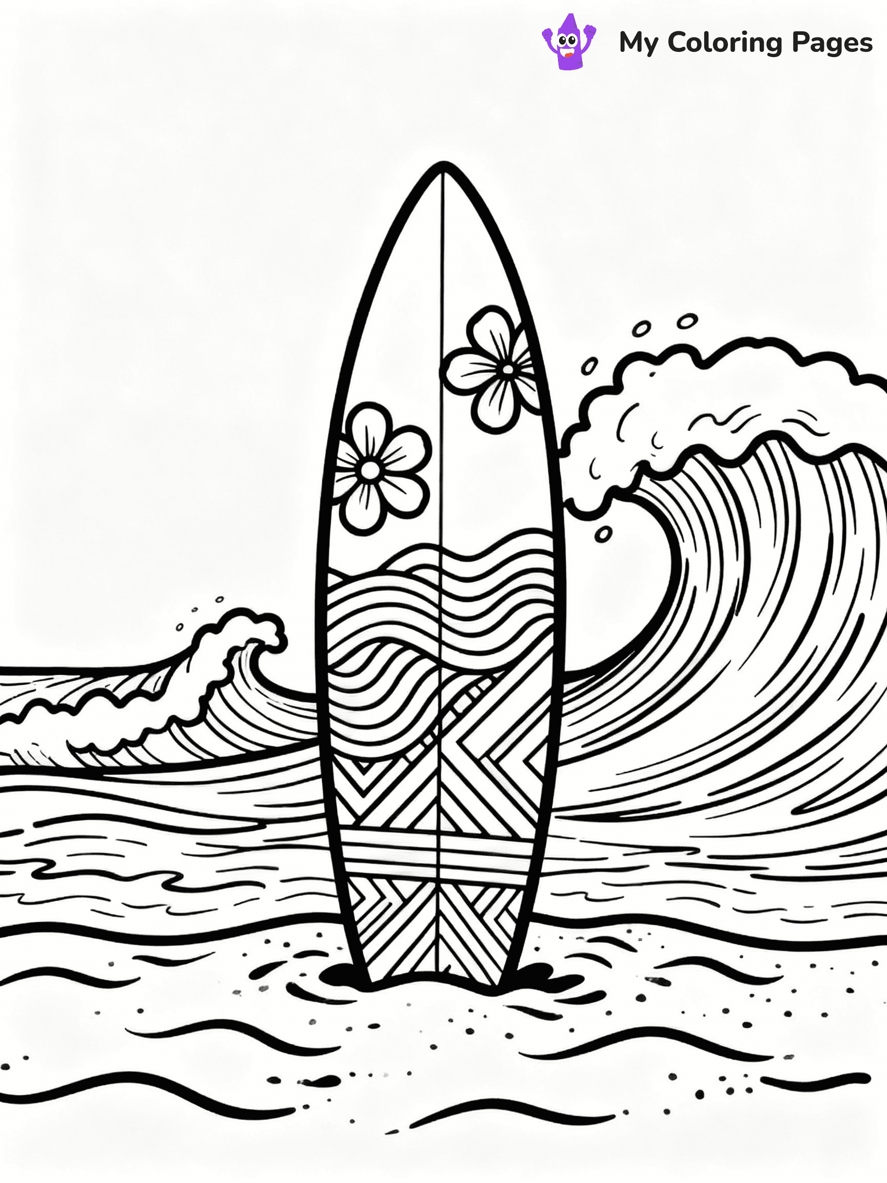 ⚠️ CRITICAL REQUIREMENT - ABSOLUTE BLACK AND WHITE ONLY ⚠️
This MUST be a BLACK AND WHITE line drawing ONLY. NO COLORS whatsoever.
- ONLY pure black lines (#000000) on pure white background (#FFFFFF)
- ABSOLUTELY NO colors, NO shading, NO gradients, NO grayscale
- If there are ANY colors in the output, the image is REJECTED
- This is a COLORING PAGE - meant to be COLORED IN by children
- The output must be UNCOLORED line art ready for coloring
⚠️ SUBJECT TO DRAW: Surfboard with tropical patterns, standing in sand, waves crashing in background, dynamic style
(REMEMBER: Output must be BLACK AND WHITE line art only, NOT colored!)
# COLORING PAGE: BLACK OUTLINES ONLY - WHITE BACKGROUND MANDATORY
Create a **coloring book page** using EXACTLY two values: black lines, white space.
## NON-NEGOTIABLE BINARY RULES
- **ONLY #000000 (black) and #FFFFFF (white)** - NO other values exist
- **EVERY PIXEL = BLACK OR WHITE** - no gray/shading/antialiasing
- **WHITE BACKGROUND MANDATORY** - entire canvas stays white
- **ALL SHAPES HOLLOW** - everything is empty outlines waiting to be colored
- **FORBIDDEN:** fills, shading, gradients, patterns, textures, colors
- **NO SOLID REGIONS** - if it's not a thin line, it's wrong
## Universal Line Standards
- Black outlines ONLY - thin, uniform weight
- Every shape completely empty inside
- Closed contours suitable for coloring
- Simple flat illustration - zero depth/3D/realism
- **Style:** Whimsical Doodle Art Alley - rounded, friendly outlines (unless specified)
## Everything = Outline Only
- Characters/animals: hollow shapes
- Objects/clothing: empty contours
- Backgrounds/scenery: line work only
- Natural elements: outlined forms
- Dark/night areas: don't exist (use outlined symbols)
- Textures/patterns: convert to simple lines
## The Test
Can a child color EVERY white space with crayons? If any area is pre-filled/shaded/gray or colored in, it FAILS. Every shape must be waiting to receive color.
**FINAL OUTPUT**: Binary coloring page. Black lines define shapes. White spaces ready for coloring. Nothing else exists. No exceptions. Print-ready.
⚠️ FINAL REMINDER: Draw the subject "Surfboard with tropical patterns, standing in sand, waves crashing in background, dynamic style" as BLACK AND WHITE line art. Zero colors in output.