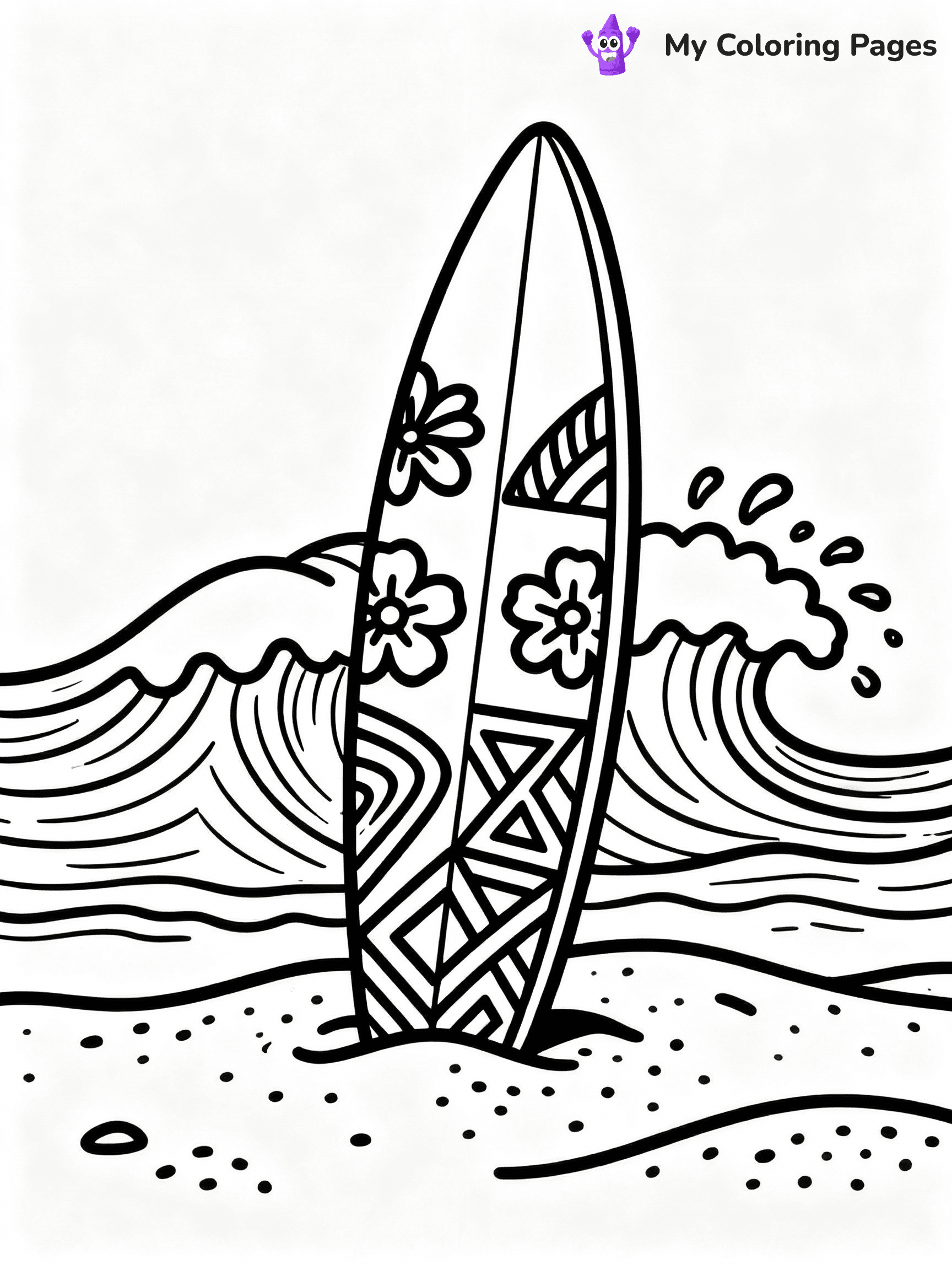 ⚠️ CRITICAL REQUIREMENT - ABSOLUTE BLACK AND WHITE ONLY ⚠️
This MUST be a BLACK AND WHITE line drawing ONLY. NO COLORS whatsoever.
- ONLY pure black lines (#000000) on pure white background (#FFFFFF)
- ABSOLUTELY NO colors, NO shading, NO gradients, NO grayscale
- If there are ANY colors in the output, the image is REJECTED
- This is a COLORING PAGE - meant to be COLORED IN by children
- The output must be UNCOLORED line art ready for coloring
⚠️ SUBJECT TO DRAW: Surfboard with tropical patterns, standing in sand, waves crashing in background, dynamic style
(REMEMBER: Output must be BLACK AND WHITE line art only, NOT colored!)
# COLORING PAGE: BLACK OUTLINES ONLY - WHITE BACKGROUND MANDATORY
Create a **coloring book page** using EXACTLY two values: black lines, white space.
## NON-NEGOTIABLE BINARY RULES
- **ONLY #000000 (black) and #FFFFFF (white)** - NO other values exist
- **EVERY PIXEL = BLACK OR WHITE** - no gray/shading/antialiasing
- **WHITE BACKGROUND MANDATORY** - entire canvas stays white
- **ALL SHAPES HOLLOW** - everything is empty outlines waiting to be colored
- **FORBIDDEN:** fills, shading, gradients, patterns, textures, colors
- **NO SOLID REGIONS** - if it's not a thin line, it's wrong
## Universal Line Standards
- Black outlines ONLY - thin, uniform weight
- Every shape completely empty inside
- Closed contours suitable for coloring
- Simple flat illustration - zero depth/3D/realism
- **Style:** Whimsical Doodle Art Alley - rounded, friendly outlines (unless specified)
## Everything = Outline Only
- Characters/animals: hollow shapes
- Objects/clothing: empty contours
- Backgrounds/scenery: line work only
- Natural elements: outlined forms
- Dark/night areas: don't exist (use outlined symbols)
- Textures/patterns: convert to simple lines
## The Test
Can a child color EVERY white space with crayons? If any area is pre-filled/shaded/gray or colored in, it FAILS. Every shape must be waiting to receive color.
**FINAL OUTPUT**: Binary coloring page. Black lines define shapes. White spaces ready for coloring. Nothing else exists. No exceptions. Print-ready.
⚠️ FINAL REMINDER: Draw the subject "Surfboard with tropical patterns, standing in sand, waves crashing in background, dynamic style" as BLACK AND WHITE line art. Zero colors in output.