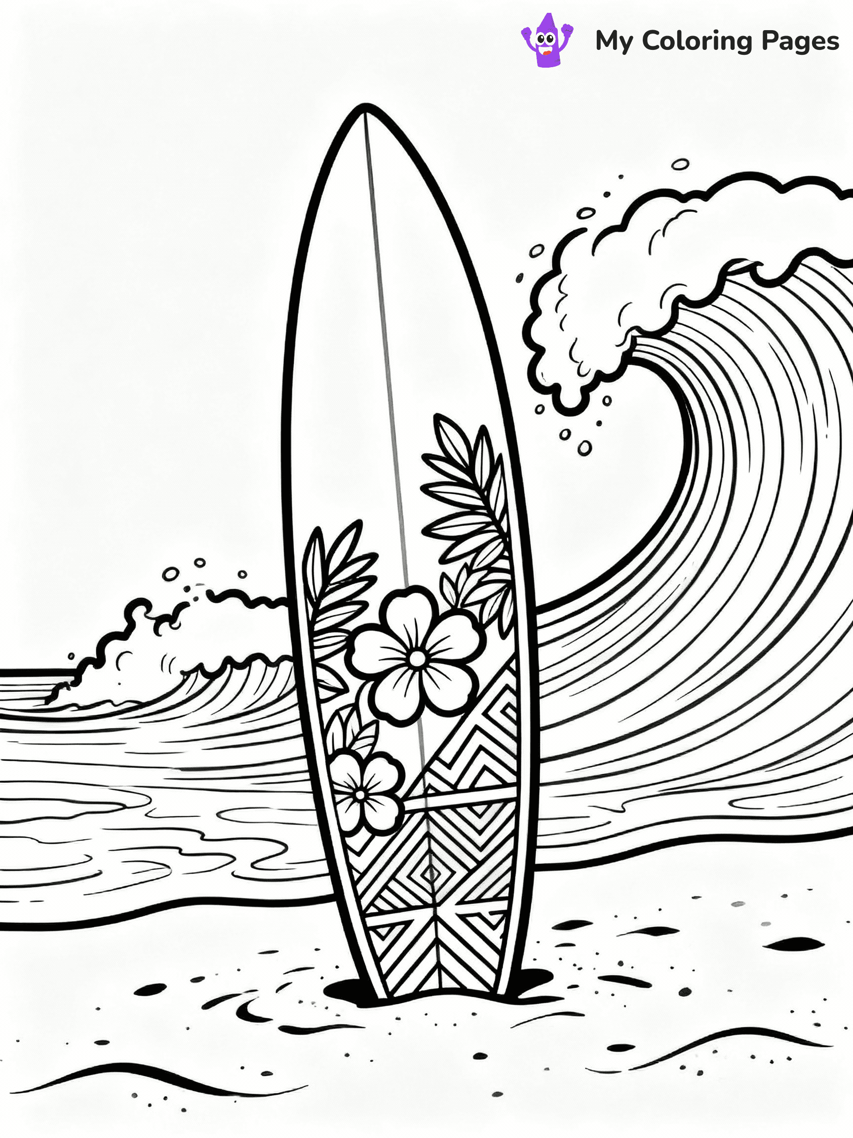 ⚠️ CRITICAL REQUIREMENT - ABSOLUTE BLACK AND WHITE ONLY ⚠️
This MUST be a BLACK AND WHITE line drawing ONLY. NO COLORS whatsoever.
- ONLY pure black lines (#000000) on pure white background (#FFFFFF)
- ABSOLUTELY NO colors, NO shading, NO gradients, NO grayscale
- If there are ANY colors in the output, the image is REJECTED
- This is a COLORING PAGE - meant to be COLORED IN by children
- The output must be UNCOLORED line art ready for coloring
⚠️ SUBJECT TO DRAW: Surfboard with tropical patterns, standing in sand, waves crashing in background, dynamic style
(REMEMBER: Output must be BLACK AND WHITE line art only, NOT colored!)
# COLORING PAGE: BLACK OUTLINES ONLY - WHITE BACKGROUND MANDATORY
Create a **coloring book page** using EXACTLY two values: black lines, white space.
## NON-NEGOTIABLE BINARY RULES
- **ONLY #000000 (black) and #FFFFFF (white)** - NO other values exist
- **EVERY PIXEL = BLACK OR WHITE** - no gray/shading/antialiasing
- **WHITE BACKGROUND MANDATORY** - entire canvas stays white
- **ALL SHAPES HOLLOW** - everything is empty outlines waiting to be colored
- **FORBIDDEN:** fills, shading, gradients, patterns, textures, colors
- **NO SOLID REGIONS** - if it's not a thin line, it's wrong
## Universal Line Standards
- Black outlines ONLY - thin, uniform weight
- Every shape completely empty inside
- Closed contours suitable for coloring
- Simple flat illustration - zero depth/3D/realism
- **Style:** Whimsical Doodle Art Alley - rounded, friendly outlines (unless specified)
## Everything = Outline Only
- Characters/animals: hollow shapes
- Objects/clothing: empty contours
- Backgrounds/scenery: line work only
- Natural elements: outlined forms
- Dark/night areas: don't exist (use outlined symbols)
- Textures/patterns: convert to simple lines
## The Test
Can a child color EVERY white space with crayons? If any area is pre-filled/shaded/gray or colored in, it FAILS. Every shape must be waiting to receive color.
**FINAL OUTPUT**: Binary coloring page. Black lines define shapes. White spaces ready for coloring. Nothing else exists. No exceptions. Print-ready.
⚠️ FINAL REMINDER: Draw the subject "Surfboard with tropical patterns, standing in sand, waves crashing in background, dynamic style" as BLACK AND WHITE line art. Zero colors in output.