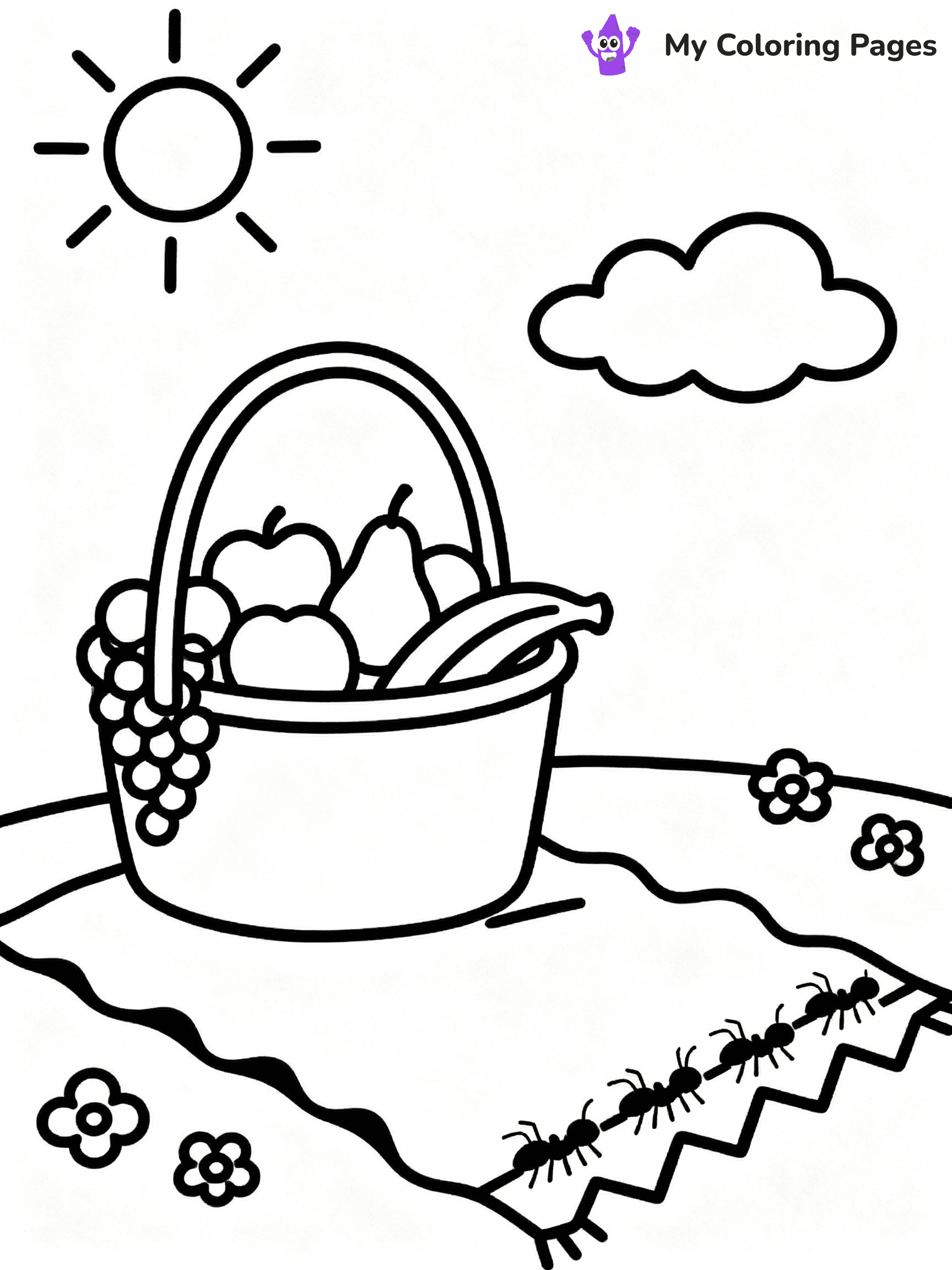 ⚠️ CRITICAL REQUIREMENT - ABSOLUTE BLACK AND WHITE ONLY ⚠️
This MUST be a BLACK AND WHITE line drawing ONLY. NO COLORS whatsoever.
- ONLY pure black lines (#000000) on pure white background (#FFFFFF)
- ABSOLUTELY NO colors, NO shading, NO gradients, NO grayscale
- If there are ANY colors in the output, the image is REJECTED
- This is a COLORING PAGE - meant to be COLORED IN by children
- The output must be UNCOLORED line art ready for coloring
⚠️ SUBJECT TO DRAW: Picnic basket filled with fruits, blanket spread out, ants marching, playful summer scene
(REMEMBER: Output must be BLACK AND WHITE line art only, NOT colored!)
# COLORING PAGE: BLACK OUTLINES ONLY - WHITE BACKGROUND MANDATORY
Create a **coloring book page** using EXACTLY two values: black lines, white space.
## NON-NEGOTIABLE BINARY RULES
- **ONLY #000000 (black) and #FFFFFF (white)** - NO other values exist
- **EVERY PIXEL = BLACK OR WHITE** - no gray/shading/antialiasing
- **WHITE BACKGROUND MANDATORY** - entire canvas stays white
- **ALL SHAPES HOLLOW** - everything is empty outlines waiting to be colored
- **FORBIDDEN:** fills, shading, gradients, patterns, textures, colors
- **NO SOLID REGIONS** - if it's not a thin line, it's wrong
## Universal Line Standards
- Black outlines ONLY - thin, uniform weight
- Every shape completely empty inside
- Closed contours suitable for coloring
- Simple flat illustration - zero depth/3D/realism
- **Style:** Whimsical Doodle Art Alley - rounded, friendly outlines (unless specified)
## Everything = Outline Only
- Characters/animals: hollow shapes
- Objects/clothing: empty contours
- Backgrounds/scenery: line work only
- Natural elements: outlined forms
- Dark/night areas: don't exist (use outlined symbols)
- Textures/patterns: convert to simple lines
## The Test
Can a child color EVERY white space with crayons? If any area is pre-filled/shaded/gray or colored in, it FAILS. Every shape must be waiting to receive color.
**FINAL OUTPUT**: Binary coloring page. Black lines define shapes. White spaces ready for coloring. Nothing else exists. No exceptions. Print-ready.
⚠️ FINAL REMINDER: Draw the subject "Picnic basket filled with fruits, blanket spread out, ants marching, playful summer scene" as BLACK AND WHITE line art. Zero colors in output.