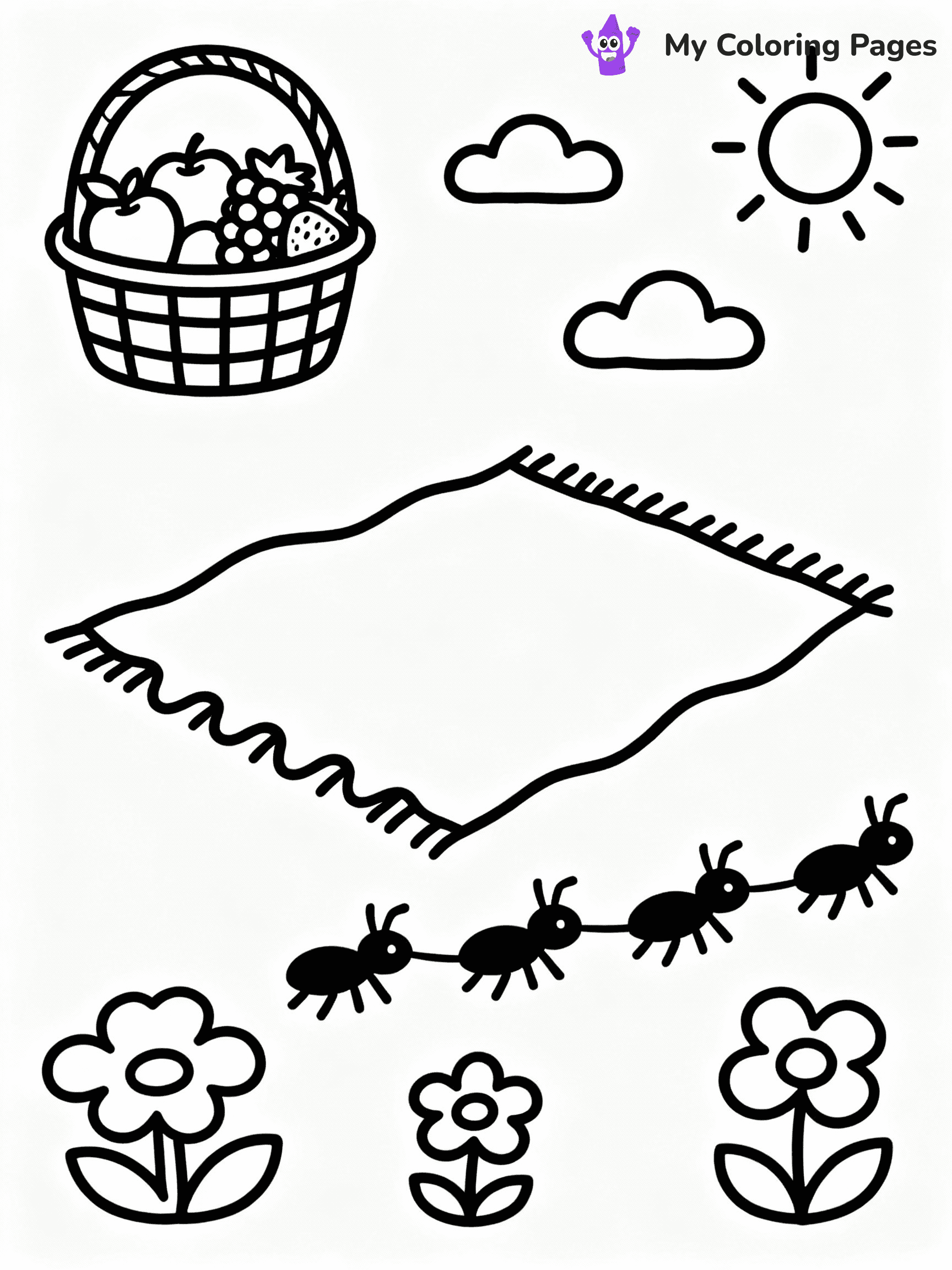 ⚠️ CRITICAL REQUIREMENT - ABSOLUTE BLACK AND WHITE ONLY ⚠️
This MUST be a BLACK AND WHITE line drawing ONLY. NO COLORS whatsoever.
- ONLY pure black lines (#000000) on pure white background (#FFFFFF)
- ABSOLUTELY NO colors, NO shading, NO gradients, NO grayscale
- If there are ANY colors in the output, the image is REJECTED
- This is a COLORING PAGE - meant to be COLORED IN by children
- The output must be UNCOLORED line art ready for coloring
⚠️ SUBJECT TO DRAW: Picnic basket filled with fruits, blanket spread out, ants marching, playful summer scene
(REMEMBER: Output must be BLACK AND WHITE line art only, NOT colored!)
# COLORING PAGE: BLACK OUTLINES ONLY - WHITE BACKGROUND MANDATORY
Create a **coloring book page** using EXACTLY two values: black lines, white space.
## NON-NEGOTIABLE BINARY RULES
- **ONLY #000000 (black) and #FFFFFF (white)** - NO other values exist
- **EVERY PIXEL = BLACK OR WHITE** - no gray/shading/antialiasing
- **WHITE BACKGROUND MANDATORY** - entire canvas stays white
- **ALL SHAPES HOLLOW** - everything is empty outlines waiting to be colored
- **FORBIDDEN:** fills, shading, gradients, patterns, textures, colors
- **NO SOLID REGIONS** - if it's not a thin line, it's wrong
## Universal Line Standards
- Black outlines ONLY - thin, uniform weight
- Every shape completely empty inside
- Closed contours suitable for coloring
- Simple flat illustration - zero depth/3D/realism
- **Style:** Whimsical Doodle Art Alley - rounded, friendly outlines (unless specified)
## Everything = Outline Only
- Characters/animals: hollow shapes
- Objects/clothing: empty contours
- Backgrounds/scenery: line work only
- Natural elements: outlined forms
- Dark/night areas: don't exist (use outlined symbols)
- Textures/patterns: convert to simple lines
## The Test
Can a child color EVERY white space with crayons? If any area is pre-filled/shaded/gray or colored in, it FAILS. Every shape must be waiting to receive color.
**FINAL OUTPUT**: Binary coloring page. Black lines define shapes. White spaces ready for coloring. Nothing else exists. No exceptions. Print-ready.
⚠️ FINAL REMINDER: Draw the subject "Picnic basket filled with fruits, blanket spread out, ants marching, playful summer scene" as BLACK AND WHITE line art. Zero colors in output.