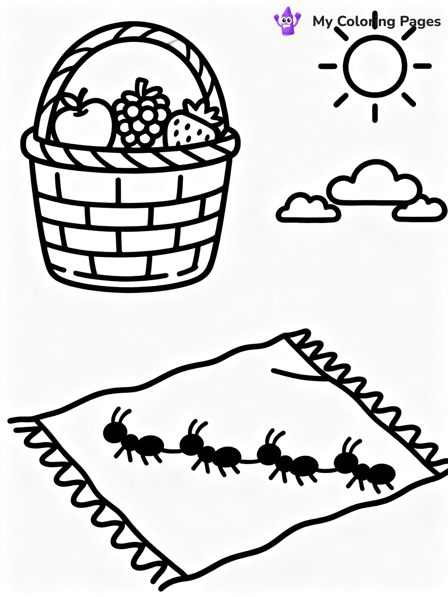 ⚠️ CRITICAL REQUIREMENT - ABSOLUTE BLACK AND WHITE ONLY ⚠️
This MUST be a BLACK AND WHITE line drawing ONLY. NO COLORS whatsoever.
- ONLY pure black lines (#000000) on pure white background (#FFFFFF)
- ABSOLUTELY NO colors, NO shading, NO gradients, NO grayscale
- If there are ANY colors in the output, the image is REJECTED
- This is a COLORING PAGE - meant to be COLORED IN by children
- The output must be UNCOLORED line art ready for coloring
⚠️ SUBJECT TO DRAW: Picnic basket filled with fruits, blanket spread out, ants marching, playful summer scene
(REMEMBER: Output must be BLACK AND WHITE line art only, NOT colored!)
# COLORING PAGE: BLACK OUTLINES ONLY - WHITE BACKGROUND MANDATORY
Create a **coloring book page** using EXACTLY two values: black lines, white space.
## NON-NEGOTIABLE BINARY RULES
- **ONLY #000000 (black) and #FFFFFF (white)** - NO other values exist
- **EVERY PIXEL = BLACK OR WHITE** - no gray/shading/antialiasing
- **WHITE BACKGROUND MANDATORY** - entire canvas stays white
- **ALL SHAPES HOLLOW** - everything is empty outlines waiting to be colored
- **FORBIDDEN:** fills, shading, gradients, patterns, textures, colors
- **NO SOLID REGIONS** - if it's not a thin line, it's wrong
## Universal Line Standards
- Black outlines ONLY - thin, uniform weight
- Every shape completely empty inside
- Closed contours suitable for coloring
- Simple flat illustration - zero depth/3D/realism
- **Style:** Whimsical Doodle Art Alley - rounded, friendly outlines (unless specified)
## Everything = Outline Only
- Characters/animals: hollow shapes
- Objects/clothing: empty contours
- Backgrounds/scenery: line work only
- Natural elements: outlined forms
- Dark/night areas: don't exist (use outlined symbols)
- Textures/patterns: convert to simple lines
## The Test
Can a child color EVERY white space with crayons? If any area is pre-filled/shaded/gray or colored in, it FAILS. Every shape must be waiting to receive color.
**FINAL OUTPUT**: Binary coloring page. Black lines define shapes. White spaces ready for coloring. Nothing else exists. No exceptions. Print-ready.
⚠️ FINAL REMINDER: Draw the subject "Picnic basket filled with fruits, blanket spread out, ants marching, playful summer scene" as BLACK AND WHITE line art. Zero colors in output.