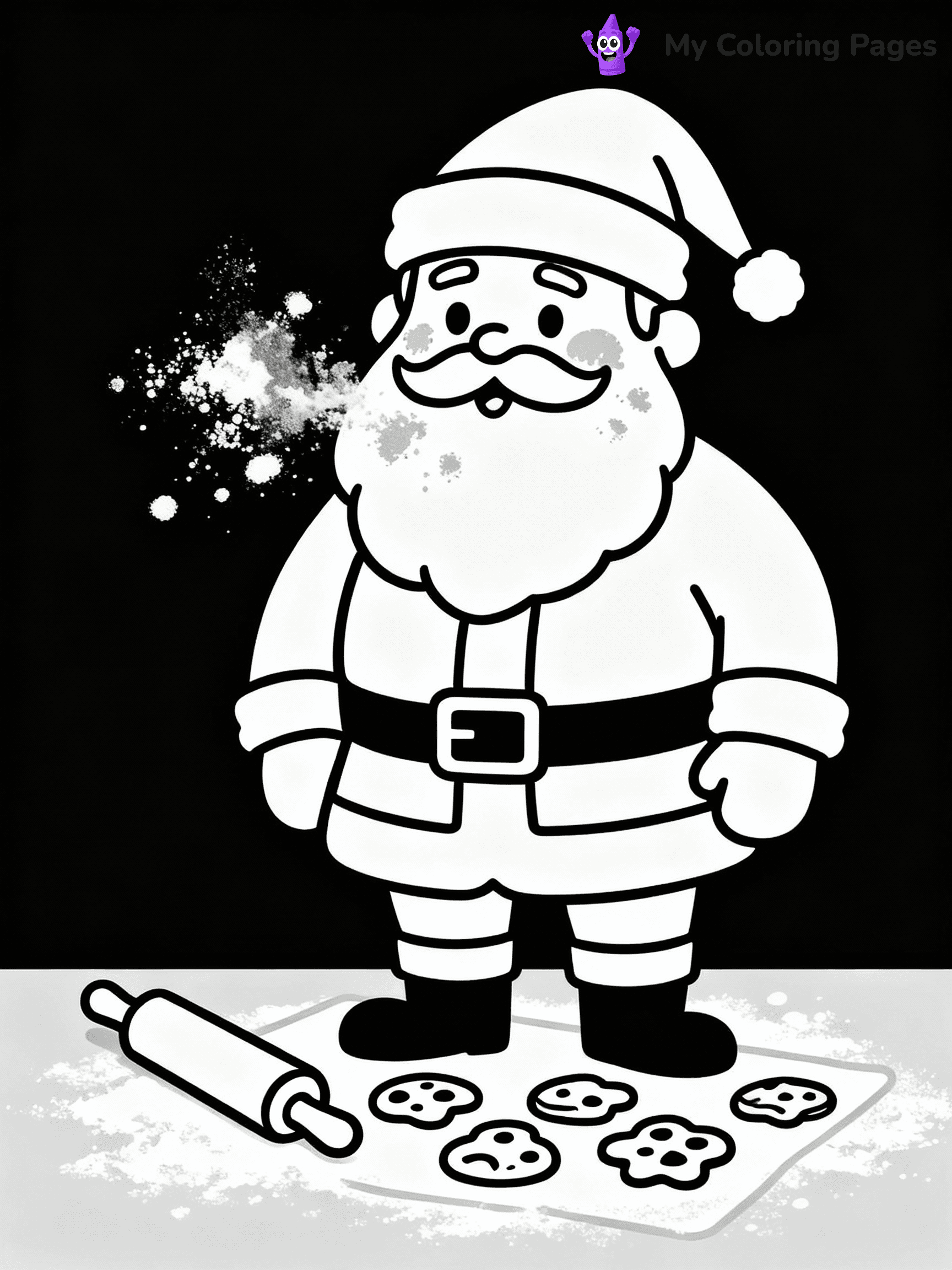 ⚠️ CRITICAL REQUIREMENT - ABSOLUTE BLACK AND WHITE ONLY ⚠️
This MUST be a BLACK AND WHITE line drawing ONLY. NO COLORS whatsoever.
- ONLY pure black lines (#000000) on pure white background (#FFFFFF)
- ABSOLUTELY NO colors, NO shading, NO gradients, NO grayscale
- If there are ANY colors in the output, the image is REJECTED
- This is a COLORING PAGE - meant to be COLORED IN by children
- The output must be UNCOLORED line art ready for coloring
⚠️ SUBJECT TO DRAW: Santa baking cookies , flour on his cheeks, rolling pin nearby. Important: PURE OUTLINES. NO FILLS, COLOR, SHADING, OR GREYSCALE. WHITE BACKGROUND.
(REMEMBER: Output must be BLACK AND WHITE line art only, NOT colored!)
# Flat, Friendly Cartoon Line-Art Coloring Page
You are generating a **pure black-and-white binary image** of a child-friendly cartoon scene combining characters and background scenery in one cohesive composition.
## Rendering Rules (Strict)
- Only two colors: pure black (#000000) outlines and pure white (#FFFFFF) background.
- No grayscale, shading, gradients, tints, fills, transparency, or partial pixels.
- No antialiasing or blended edges; every pixel is 100% black or white.
- No solid black fills inside shapes — all areas inside outlines must remain white.
- No dark clothing areas or filled tone blocks; all garments outlined only.
- No shadows, textures, lighting, or tonal variations.
- Must look like flat binary vector line-art for coloring pages.
## Drawing & Composition
- **Medium, consistent line weight**; clean closed outlines easy to color inside.
- **Flat, simple, child-friendly design** — no realism or 3D depth.
- Characters are **grounded on a surface**, centered and large.
- **Balanced composition** with clear silhouettes and minimal props.
## Scenery & Style
- Landmarks (e.g., mosque, CN Tower) and scenery (trees, benches, waves) drawn with **black outlines only.**
- For real-world figures, teams, or places, show accurate details using only black outlines—no text or logos. Use distinctive uniform patterns, abstract symbols, and landmark silhouettes to convey identity.
- Keep **consistent perspective**; no floating elements.
- **Style:** whimsical **Doodle Art Alley** — rounded, friendly outlines.
- May adapt shapes from **Crayola, Disney, Peppa Pig, Cocomelon** — *by shape only, never color.*
- Final output: **flat, crisp, binary (#000000/#FFFFFF)**, **no filled color or background text.**
EXTREMELYE IMPORTANT:
- PURE BINARY LINE-ART; NO FILLS (HAIR/CLOTHES/SKIN), SHADING, OR GREY.
- NO SHADING, COLOR. MUST BE WHITE BACKGROUND.
⚠️ FINAL REMINDER: Draw the subject "Santa baking cookies , flour on his cheeks, rolling pin nearby. Important: PURE OUTLINES. NO FILLS, COLOR, SHADING, OR GREYSCALE. WHITE BACKGROUND." as BLACK AND WHITE line art. Zero colors in output.