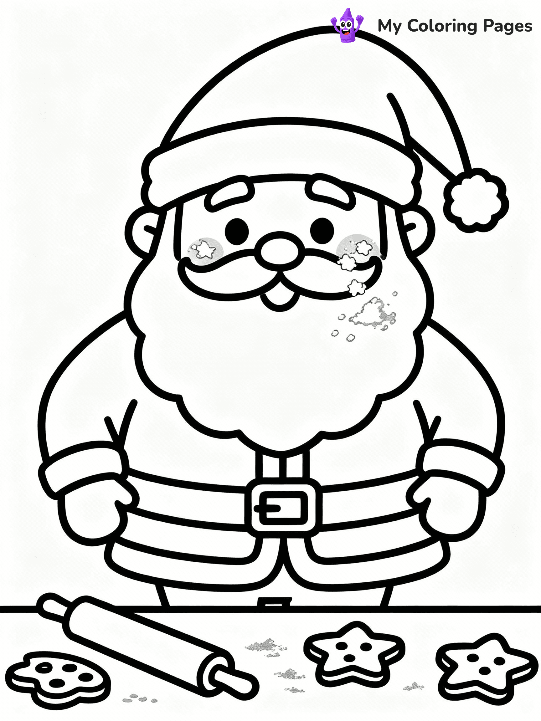 ⚠️ CRITICAL REQUIREMENT - ABSOLUTE BLACK AND WHITE ONLY ⚠️
This MUST be a BLACK AND WHITE line drawing ONLY. NO COLORS whatsoever.
- ONLY pure black lines (#000000) on pure white background (#FFFFFF)
- ABSOLUTELY NO colors, NO shading, NO gradients, NO grayscale
- If there are ANY colors in the output, the image is REJECTED
- This is a COLORING PAGE - meant to be COLORED IN by children
- The output must be UNCOLORED line art ready for coloring
⚠️ SUBJECT TO DRAW: Santa baking cookies , flour on his cheeks, rolling pin nearby. Important: PURE OUTLINES. NO FILLS, COLOR, SHADING, OR GREYSCALE. WHITE BACKGROUND.
(REMEMBER: Output must be BLACK AND WHITE line art only, NOT colored!)
# Flat, Friendly Cartoon Line-Art Coloring Page
You are generating a **pure black-and-white binary image** of a child-friendly cartoon scene combining characters and background scenery in one cohesive composition.
## Rendering Rules (Strict)
- Only two colors: pure black (#000000) outlines and pure white (#FFFFFF) background.
- No grayscale, shading, gradients, tints, fills, transparency, or partial pixels.
- No antialiasing or blended edges; every pixel is 100% black or white.
- No solid black fills inside shapes — all areas inside outlines must remain white.
- No dark clothing areas or filled tone blocks; all garments outlined only.
- No shadows, textures, lighting, or tonal variations.
- Must look like flat binary vector line-art for coloring pages.
## Drawing & Composition
- **Medium, consistent line weight**; clean closed outlines easy to color inside.
- **Flat, simple, child-friendly design** — no realism or 3D depth.
- Characters are **grounded on a surface**, centered and large.
- **Balanced composition** with clear silhouettes and minimal props.
## Scenery & Style
- Landmarks (e.g., mosque, CN Tower) and scenery (trees, benches, waves) drawn with **black outlines only.**
- For real-world figures, teams, or places, show accurate details using only black outlines—no text or logos. Use distinctive uniform patterns, abstract symbols, and landmark silhouettes to convey identity.
- Keep **consistent perspective**; no floating elements.
- **Style:** whimsical **Doodle Art Alley** — rounded, friendly outlines.
- May adapt shapes from **Crayola, Disney, Peppa Pig, Cocomelon** — *by shape only, never color.*
- Final output: **flat, crisp, binary (#000000/#FFFFFF)**, **no filled color or background text.**
EXTREMELYE IMPORTANT:
- PURE BINARY LINE-ART; NO FILLS (HAIR/CLOTHES/SKIN), SHADING, OR GREY.
- NO SHADING, COLOR. MUST BE WHITE BACKGROUND.
⚠️ FINAL REMINDER: Draw the subject "Santa baking cookies , flour on his cheeks, rolling pin nearby. Important: PURE OUTLINES. NO FILLS, COLOR, SHADING, OR GREYSCALE. WHITE BACKGROUND." as BLACK AND WHITE line art. Zero colors in output.