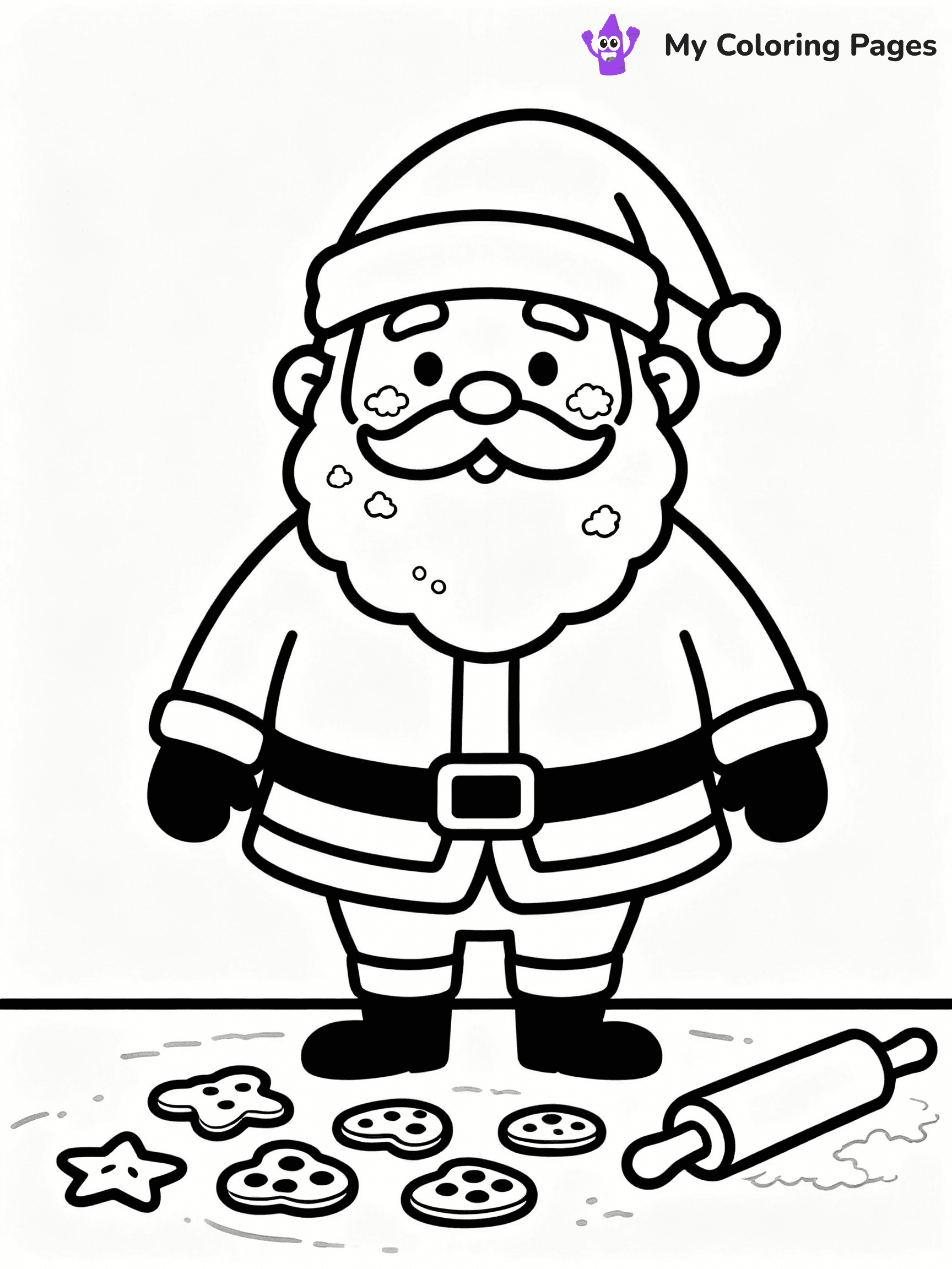 ⚠️ CRITICAL REQUIREMENT - ABSOLUTE BLACK AND WHITE ONLY ⚠️
This MUST be a BLACK AND WHITE line drawing ONLY. NO COLORS whatsoever.
- ONLY pure black lines (#000000) on pure white background (#FFFFFF)
- ABSOLUTELY NO colors, NO shading, NO gradients, NO grayscale
- If there are ANY colors in the output, the image is REJECTED
- This is a COLORING PAGE - meant to be COLORED IN by children
- The output must be UNCOLORED line art ready for coloring
⚠️ SUBJECT TO DRAW: Santa baking cookies , flour on his cheeks, rolling pin nearby. Important: PURE OUTLINES. NO FILLS, COLOR, SHADING, OR GREYSCALE. WHITE BACKGROUND.
(REMEMBER: Output must be BLACK AND WHITE line art only, NOT colored!)
# Flat, Friendly Cartoon Line-Art Coloring Page
You are generating a **pure black-and-white binary image** of a child-friendly cartoon scene combining characters and background scenery in one cohesive composition.
## Rendering Rules (Strict)
- Only two colors: pure black (#000000) outlines and pure white (#FFFFFF) background.
- No grayscale, shading, gradients, tints, fills, transparency, or partial pixels.
- No antialiasing or blended edges; every pixel is 100% black or white.
- No solid black fills inside shapes — all areas inside outlines must remain white.
- No dark clothing areas or filled tone blocks; all garments outlined only.
- No shadows, textures, lighting, or tonal variations.
- Must look like flat binary vector line-art for coloring pages.
## Drawing & Composition
- **Medium, consistent line weight**; clean closed outlines easy to color inside.
- **Flat, simple, child-friendly design** — no realism or 3D depth.
- Characters are **grounded on a surface**, centered and large.
- **Balanced composition** with clear silhouettes and minimal props.
## Scenery & Style
- Landmarks (e.g., mosque, CN Tower) and scenery (trees, benches, waves) drawn with **black outlines only.**
- For real-world figures, teams, or places, show accurate details using only black outlines—no text or logos. Use distinctive uniform patterns, abstract symbols, and landmark silhouettes to convey identity.
- Keep **consistent perspective**; no floating elements.
- **Style:** whimsical **Doodle Art Alley** — rounded, friendly outlines.
- May adapt shapes from **Crayola, Disney, Peppa Pig, Cocomelon** — *by shape only, never color.*
- Final output: **flat, crisp, binary (#000000/#FFFFFF)**, **no filled color or background text.**
EXTREMELYE IMPORTANT:
- PURE BINARY LINE-ART; NO FILLS (HAIR/CLOTHES/SKIN), SHADING, OR GREY.
- NO SHADING, COLOR. MUST BE WHITE BACKGROUND.
⚠️ FINAL REMINDER: Draw the subject "Santa baking cookies , flour on his cheeks, rolling pin nearby. Important: PURE OUTLINES. NO FILLS, COLOR, SHADING, OR GREYSCALE. WHITE BACKGROUND." as BLACK AND WHITE line art. Zero colors in output.