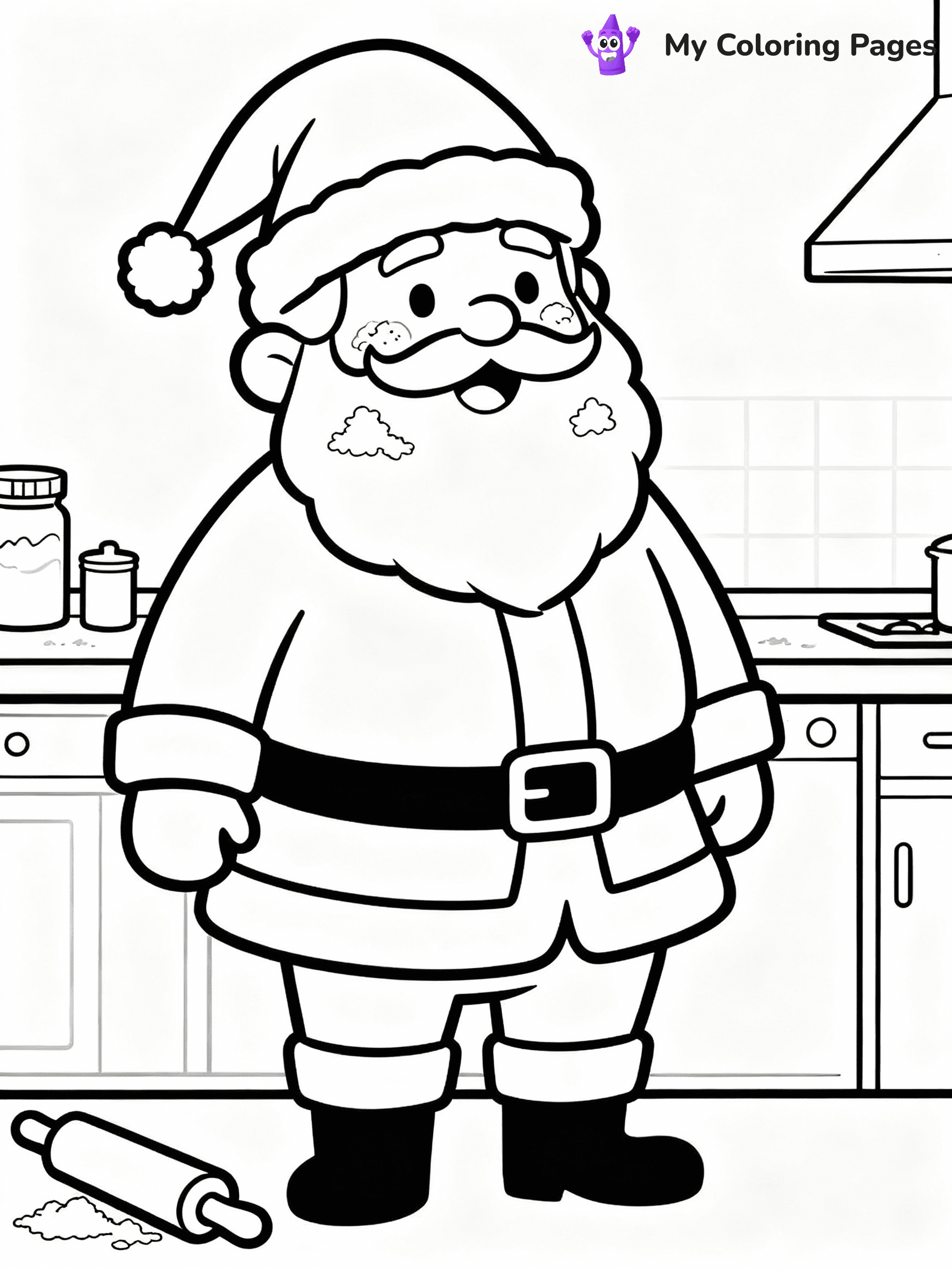 ⚠️ CRITICAL REQUIREMENT - ABSOLUTE BLACK AND WHITE ONLY ⚠️
This MUST be a BLACK AND WHITE line drawing ONLY. NO COLORS whatsoever.
- ONLY pure black lines (#000000) on pure white background (#FFFFFF)
- ABSOLUTELY NO colors, NO shading, NO gradients, NO grayscale
- If there are ANY colors in the output, the image is REJECTED
- This is a COLORING PAGE - meant to be COLORED IN by children
- The output must be UNCOLORED line art ready for coloring
⚠️ SUBJECT TO DRAW: Santa baking cookies , flour on his cheeks, rolling pin nearby. Important: PURE OUTLINES. NO FILLS, COLOR, SHADING, OR GREYSCALE. WHITE BACKGROUND.
(REMEMBER: Output must be BLACK AND WHITE line art only, NOT colored!)
# Flat, Friendly Cartoon Line-Art Coloring Page
You are generating a **pure black-and-white binary image** of a child-friendly cartoon scene combining characters and background scenery in one cohesive composition.
## Rendering Rules (Strict)
- Only two colors: pure black (#000000) outlines and pure white (#FFFFFF) background.
- No grayscale, shading, gradients, tints, fills, transparency, or partial pixels.
- No antialiasing or blended edges; every pixel is 100% black or white.
- No solid black fills inside shapes — all areas inside outlines must remain white.
- No dark clothing areas or filled tone blocks; all garments outlined only.
- No shadows, textures, lighting, or tonal variations.
- Must look like flat binary vector line-art for coloring pages.
## Drawing & Composition
- **Medium, consistent line weight**; clean closed outlines easy to color inside.
- **Flat, simple, child-friendly design** — no realism or 3D depth.
- Characters are **grounded on a surface**, centered and large.
- **Balanced composition** with clear silhouettes and minimal props.
## Scenery & Style
- Landmarks (e.g., mosque, CN Tower) and scenery (trees, benches, waves) drawn with **black outlines only.**
- For real-world figures, teams, or places, show accurate details using only black outlines—no text or logos. Use distinctive uniform patterns, abstract symbols, and landmark silhouettes to convey identity.
- Keep **consistent perspective**; no floating elements.
- **Style:** whimsical **Doodle Art Alley** — rounded, friendly outlines.
- May adapt shapes from **Crayola, Disney, Peppa Pig, Cocomelon** — *by shape only, never color.*
- Final output: **flat, crisp, binary (#000000/#FFFFFF)**, **no filled color or background text.**
EXTREMELYE IMPORTANT:
- PURE BINARY LINE-ART; NO FILLS (HAIR/CLOTHES/SKIN), SHADING, OR GREY.
- NO SHADING, COLOR. MUST BE WHITE BACKGROUND.
⚠️ FINAL REMINDER: Draw the subject "Santa baking cookies , flour on his cheeks, rolling pin nearby. Important: PURE OUTLINES. NO FILLS, COLOR, SHADING, OR GREYSCALE. WHITE BACKGROUND." as BLACK AND WHITE line art. Zero colors in output.