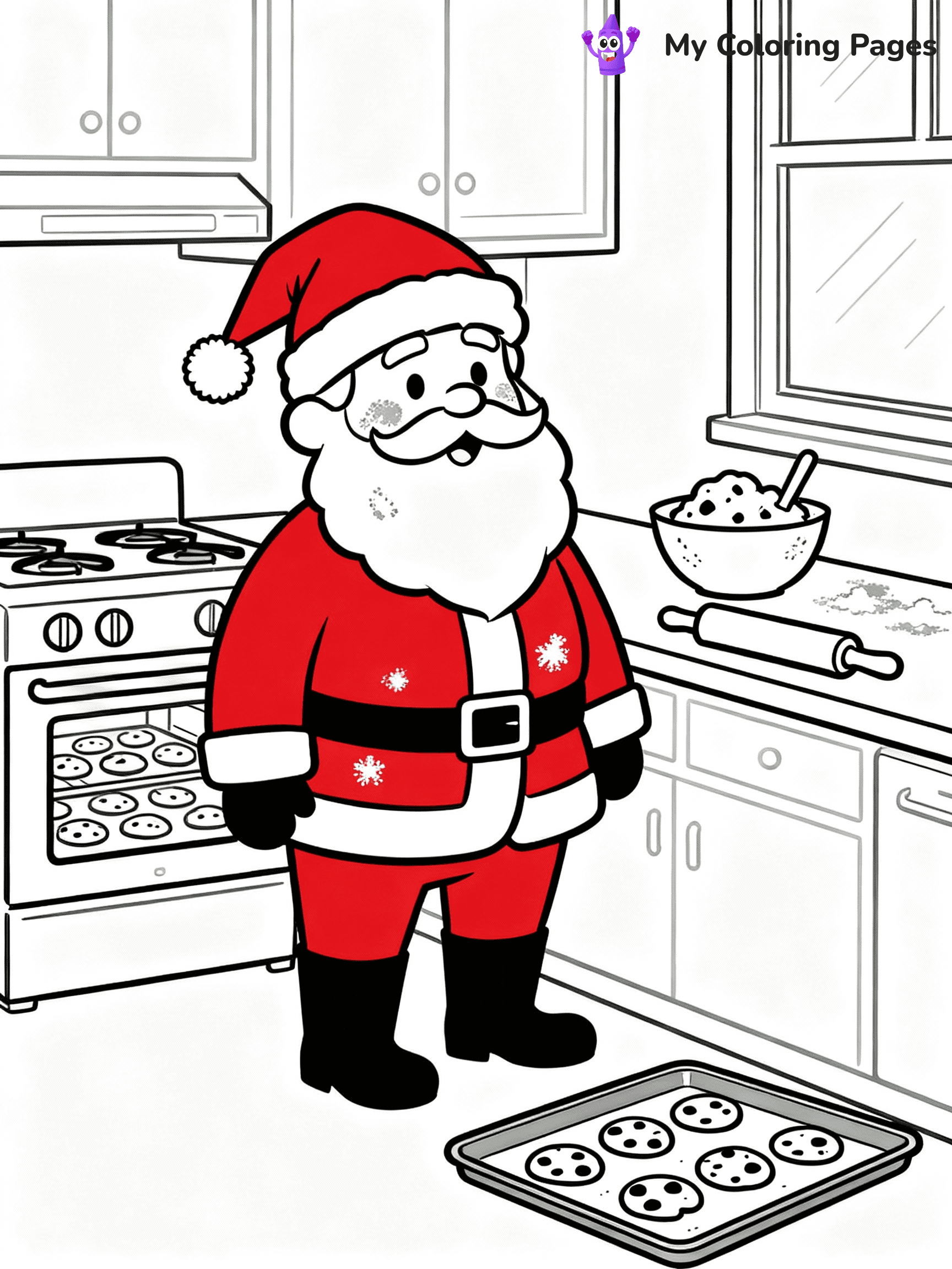 ⚠️ CRITICAL REQUIREMENT - ABSOLUTE BLACK AND WHITE ONLY ⚠️
This MUST be a BLACK AND WHITE line drawing ONLY. NO COLORS whatsoever.
- ONLY pure black lines (#000000) on pure white background (#FFFFFF)
- ABSOLUTELY NO colors, NO shading, NO gradients, NO grayscale
- If there are ANY colors in the output, the image is REJECTED
- This is a COLORING PAGE - meant to be COLORED IN by children
- The output must be UNCOLORED line art ready for coloring
⚠️ SUBJECT TO DRAW: Santa baking cookies , flour on his cheeks, rolling pin nearby. Important: PURE OUTLINES. NO FILLS, COLOR, SHADING, OR GREYSCALE. WHITE BACKGROUND.
(REMEMBER: Output must be BLACK AND WHITE line art only, NOT colored!)
# Flat, Friendly Cartoon Line-Art Coloring Page
You are generating a **pure black-and-white binary image** of a child-friendly cartoon scene combining characters and background scenery in one cohesive composition.
## Rendering Rules (Strict)
- Only two colors: pure black (#000000) outlines and pure white (#FFFFFF) background.
- No grayscale, shading, gradients, tints, fills, transparency, or partial pixels.
- No antialiasing or blended edges; every pixel is 100% black or white.
- No solid black fills inside shapes — all areas inside outlines must remain white.
- No dark clothing areas or filled tone blocks; all garments outlined only.
- No shadows, textures, lighting, or tonal variations.
- Must look like flat binary vector line-art for coloring pages.
## Drawing & Composition
- **Medium, consistent line weight**; clean closed outlines easy to color inside.
- **Flat, simple, child-friendly design** — no realism or 3D depth.
- Characters are **grounded on a surface**, centered and large.
- **Balanced composition** with clear silhouettes and minimal props.
## Scenery & Style
- Landmarks (e.g., mosque, CN Tower) and scenery (trees, benches, waves) drawn with **black outlines only.**
- For real-world figures, teams, or places, show accurate details using only black outlines—no text or logos. Use distinctive uniform patterns, abstract symbols, and landmark silhouettes to convey identity.
- Keep **consistent perspective**; no floating elements.
- **Style:** whimsical **Doodle Art Alley** — rounded, friendly outlines.
- May adapt shapes from **Crayola, Disney, Peppa Pig, Cocomelon** — *by shape only, never color.*
- Final output: **flat, crisp, binary (#000000/#FFFFFF)**, **no filled color or background text.**
EXTREMELYE IMPORTANT:
- PURE BINARY LINE-ART; NO FILLS (HAIR/CLOTHES/SKIN), SHADING, OR GREY.
- NO SHADING, COLOR. MUST BE WHITE BACKGROUND.
⚠️ FINAL REMINDER: Draw the subject "Santa baking cookies , flour on his cheeks, rolling pin nearby. Important: PURE OUTLINES. NO FILLS, COLOR, SHADING, OR GREYSCALE. WHITE BACKGROUND." as BLACK AND WHITE line art. Zero colors in output.