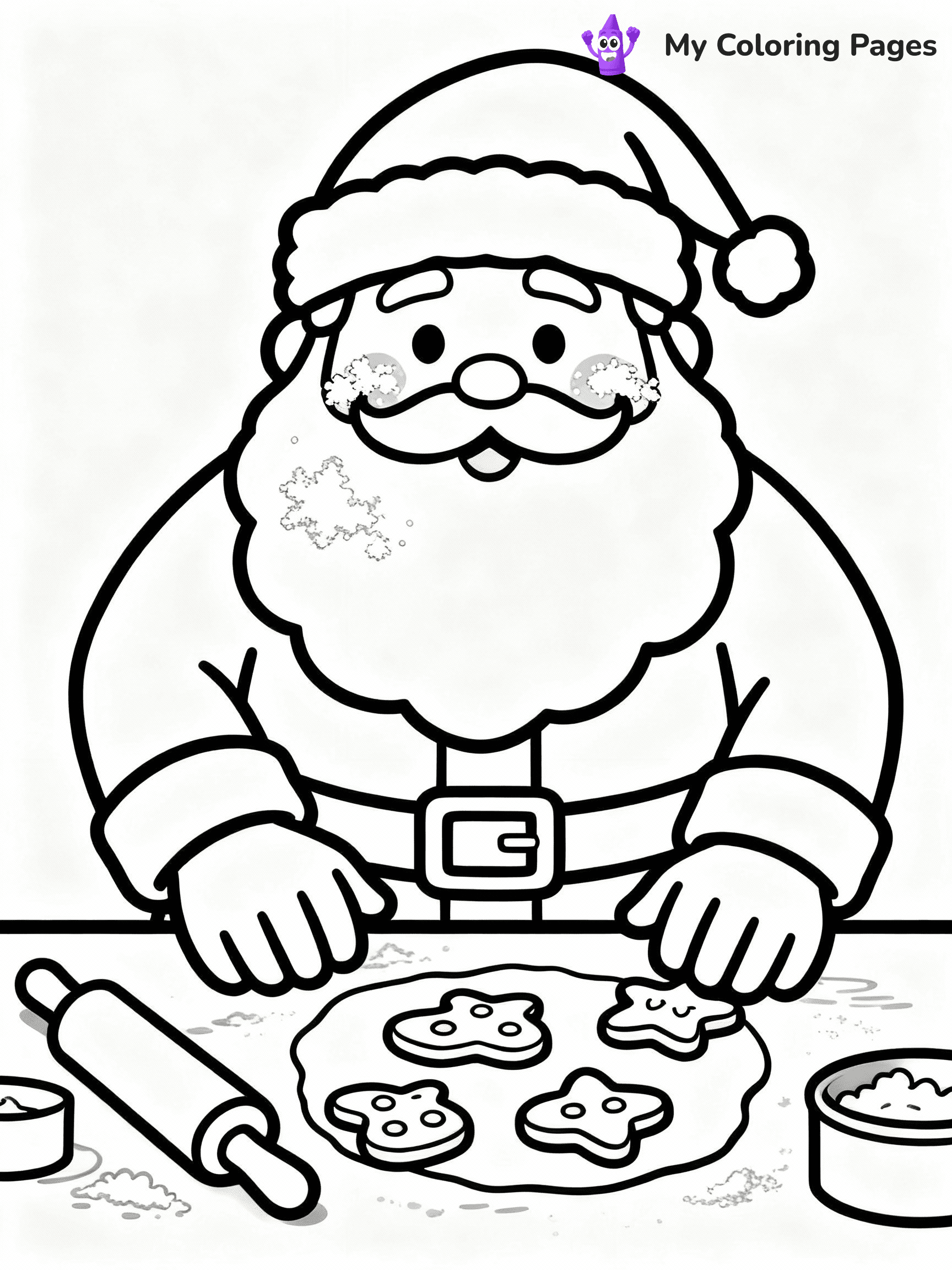 ⚠️ CRITICAL REQUIREMENT - ABSOLUTE BLACK AND WHITE ONLY ⚠️
This MUST be a BLACK AND WHITE line drawing ONLY. NO COLORS whatsoever.
- ONLY pure black lines (#000000) on pure white background (#FFFFFF)
- ABSOLUTELY NO colors, NO shading, NO gradients, NO grayscale
- If there are ANY colors in the output, the image is REJECTED
- This is a COLORING PAGE - meant to be COLORED IN by children
- The output must be UNCOLORED line art ready for coloring
⚠️ SUBJECT TO DRAW: Santa baking cookies , flour on his cheeks, rolling pin nearby. Important: PURE OUTLINES. NO FILLS, COLOR, SHADING, OR GREYSCALE. WHITE BACKGROUND.
(REMEMBER: Output must be BLACK AND WHITE line art only, NOT colored!)
# Flat, Friendly Cartoon Line-Art Coloring Page
You are generating a **pure black-and-white binary image** of a child-friendly cartoon scene combining characters and background scenery in one cohesive composition.
## Rendering Rules (Strict)
- Only two colors: pure black (#000000) outlines and pure white (#FFFFFF) background.
- No grayscale, shading, gradients, tints, fills, transparency, or partial pixels.
- No antialiasing or blended edges; every pixel is 100% black or white.
- No solid black fills inside shapes — all areas inside outlines must remain white.
- No dark clothing areas or filled tone blocks; all garments outlined only.
- No shadows, textures, lighting, or tonal variations.
- Must look like flat binary vector line-art for coloring pages.
## Drawing & Composition
- **Medium, consistent line weight**; clean closed outlines easy to color inside.
- **Flat, simple, child-friendly design** — no realism or 3D depth.
- Characters are **grounded on a surface**, centered and large.
- **Balanced composition** with clear silhouettes and minimal props.
## Scenery & Style
- Landmarks (e.g., mosque, CN Tower) and scenery (trees, benches, waves) drawn with **black outlines only.**
- For real-world figures, teams, or places, show accurate details using only black outlines—no text or logos. Use distinctive uniform patterns, abstract symbols, and landmark silhouettes to convey identity.
- Keep **consistent perspective**; no floating elements.
- **Style:** whimsical **Doodle Art Alley** — rounded, friendly outlines.
- May adapt shapes from **Crayola, Disney, Peppa Pig, Cocomelon** — *by shape only, never color.*
- Final output: **flat, crisp, binary (#000000/#FFFFFF)**, **no filled color or background text.**
EXTREMELYE IMPORTANT:
- PURE BINARY LINE-ART; NO FILLS (HAIR/CLOTHES/SKIN), SHADING, OR GREY.
- NO SHADING, COLOR. MUST BE WHITE BACKGROUND.
⚠️ FINAL REMINDER: Draw the subject "Santa baking cookies , flour on his cheeks, rolling pin nearby. Important: PURE OUTLINES. NO FILLS, COLOR, SHADING, OR GREYSCALE. WHITE BACKGROUND." as BLACK AND WHITE line art. Zero colors in output.