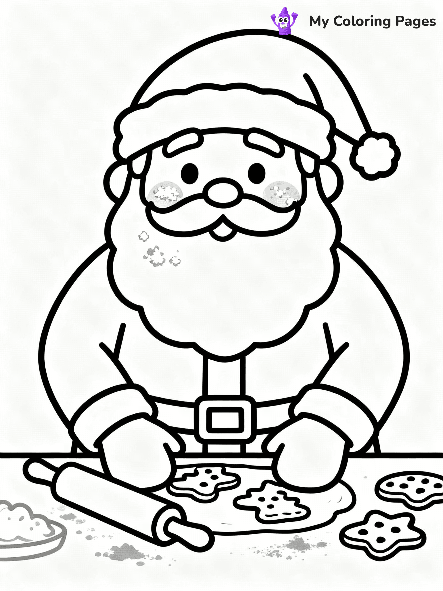 ⚠️ CRITICAL REQUIREMENT - ABSOLUTE BLACK AND WHITE ONLY ⚠️
This MUST be a BLACK AND WHITE line drawing ONLY. NO COLORS whatsoever.
- ONLY pure black lines (#000000) on pure white background (#FFFFFF)
- ABSOLUTELY NO colors, NO shading, NO gradients, NO grayscale
- If there are ANY colors in the output, the image is REJECTED
- This is a COLORING PAGE - meant to be COLORED IN by children
- The output must be UNCOLORED line art ready for coloring
⚠️ SUBJECT TO DRAW: Santa baking cookies , flour on his cheeks, rolling pin nearby. Important: PURE OUTLINES. NO FILLS, COLOR, SHADING, OR GREYSCALE. WHITE BACKGROUND.
(REMEMBER: Output must be BLACK AND WHITE line art only, NOT colored!)
# Flat, Friendly Cartoon Line-Art Coloring Page
You are generating a **pure black-and-white binary image** of a child-friendly cartoon scene combining characters and background scenery in one cohesive composition.
## Rendering Rules (Strict)
- Only two colors: pure black (#000000) outlines and pure white (#FFFFFF) background.
- No grayscale, shading, gradients, tints, fills, transparency, or partial pixels.
- No antialiasing or blended edges; every pixel is 100% black or white.
- No solid black fills inside shapes — all areas inside outlines must remain white.
- No dark clothing areas or filled tone blocks; all garments outlined only.
- No shadows, textures, lighting, or tonal variations.
- Must look like flat binary vector line-art for coloring pages.
## Drawing & Composition
- **Medium, consistent line weight**; clean closed outlines easy to color inside.
- **Flat, simple, child-friendly design** — no realism or 3D depth.
- Characters are **grounded on a surface**, centered and large.
- **Balanced composition** with clear silhouettes and minimal props.
## Scenery & Style
- Landmarks (e.g., mosque, CN Tower) and scenery (trees, benches, waves) drawn with **black outlines only.**
- For real-world figures, teams, or places, show accurate details using only black outlines—no text or logos. Use distinctive uniform patterns, abstract symbols, and landmark silhouettes to convey identity.
- Keep **consistent perspective**; no floating elements.
- **Style:** whimsical **Doodle Art Alley** — rounded, friendly outlines.
- May adapt shapes from **Crayola, Disney, Peppa Pig, Cocomelon** — *by shape only, never color.*
- Final output: **flat, crisp, binary (#000000/#FFFFFF)**, **no filled color or background text.**
EXTREMELYE IMPORTANT:
- PURE BINARY LINE-ART; NO FILLS (HAIR/CLOTHES/SKIN), SHADING, OR GREY.
- NO SHADING, COLOR. MUST BE WHITE BACKGROUND.
⚠️ FINAL REMINDER: Draw the subject "Santa baking cookies , flour on his cheeks, rolling pin nearby. Important: PURE OUTLINES. NO FILLS, COLOR, SHADING, OR GREYSCALE. WHITE BACKGROUND." as BLACK AND WHITE line art. Zero colors in output.