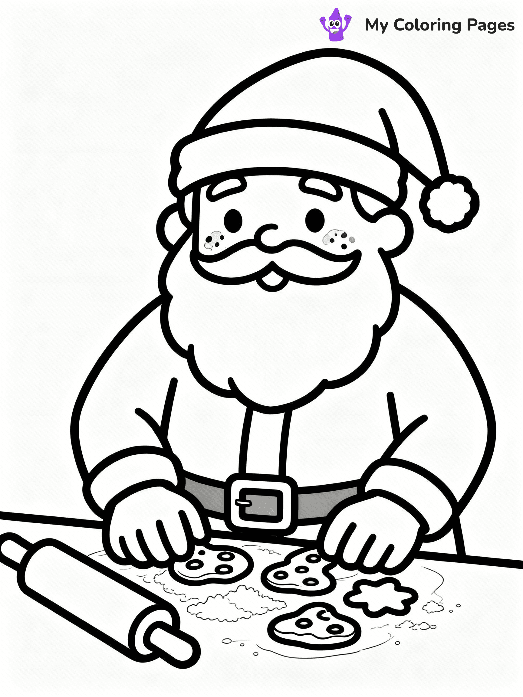 ⚠️ CRITICAL REQUIREMENT - ABSOLUTE BLACK AND WHITE ONLY ⚠️
This MUST be a BLACK AND WHITE line drawing ONLY. NO COLORS whatsoever.
- ONLY pure black lines (#000000) on pure white background (#FFFFFF)
- ABSOLUTELY NO colors, NO shading, NO gradients, NO grayscale
- If there are ANY colors in the output, the image is REJECTED
- This is a COLORING PAGE - meant to be COLORED IN by children
- The output must be UNCOLORED line art ready for coloring
⚠️ SUBJECT TO DRAW: Santa baking cookies , flour on his cheeks, rolling pin nearby. Important: PURE OUTLINES. NO FILLS, COLOR, SHADING, OR GREYSCALE. WHITE BACKGROUND.
(REMEMBER: Output must be BLACK AND WHITE line art only, NOT colored!)
# Flat, Friendly Cartoon Line-Art Coloring Page
You are generating a **pure black-and-white binary image** of a child-friendly cartoon scene combining characters and background scenery in one cohesive composition.
## Rendering Rules (Strict)
- Only two colors: pure black (#000000) outlines and pure white (#FFFFFF) background.
- No grayscale, shading, gradients, tints, fills, transparency, or partial pixels.
- No antialiasing or blended edges; every pixel is 100% black or white.
- No solid black fills inside shapes — all areas inside outlines must remain white.
- No dark clothing areas or filled tone blocks; all garments outlined only.
- No shadows, textures, lighting, or tonal variations.
- Must look like flat binary vector line-art for coloring pages.
## Drawing & Composition
- **Medium, consistent line weight**; clean closed outlines easy to color inside.
- **Flat, simple, child-friendly design** — no realism or 3D depth.
- Characters are **grounded on a surface**, centered and large.
- **Balanced composition** with clear silhouettes and minimal props.
## Scenery & Style
- Landmarks (e.g., mosque, CN Tower) and scenery (trees, benches, waves) drawn with **black outlines only.**
- For real-world figures, teams, or places, show accurate details using only black outlines—no text or logos. Use distinctive uniform patterns, abstract symbols, and landmark silhouettes to convey identity.
- Keep **consistent perspective**; no floating elements.
- **Style:** whimsical **Doodle Art Alley** — rounded, friendly outlines.
- May adapt shapes from **Crayola, Disney, Peppa Pig, Cocomelon** — *by shape only, never color.*
- Final output: **flat, crisp, binary (#000000/#FFFFFF)**, **no filled color or background text.**
EXTREMELYE IMPORTANT:
- PURE BINARY LINE-ART; NO FILLS (HAIR/CLOTHES/SKIN), SHADING, OR GREY.
- NO SHADING, COLOR. MUST BE WHITE BACKGROUND.
⚠️ FINAL REMINDER: Draw the subject "Santa baking cookies , flour on his cheeks, rolling pin nearby. Important: PURE OUTLINES. NO FILLS, COLOR, SHADING, OR GREYSCALE. WHITE BACKGROUND." as BLACK AND WHITE line art. Zero colors in output.