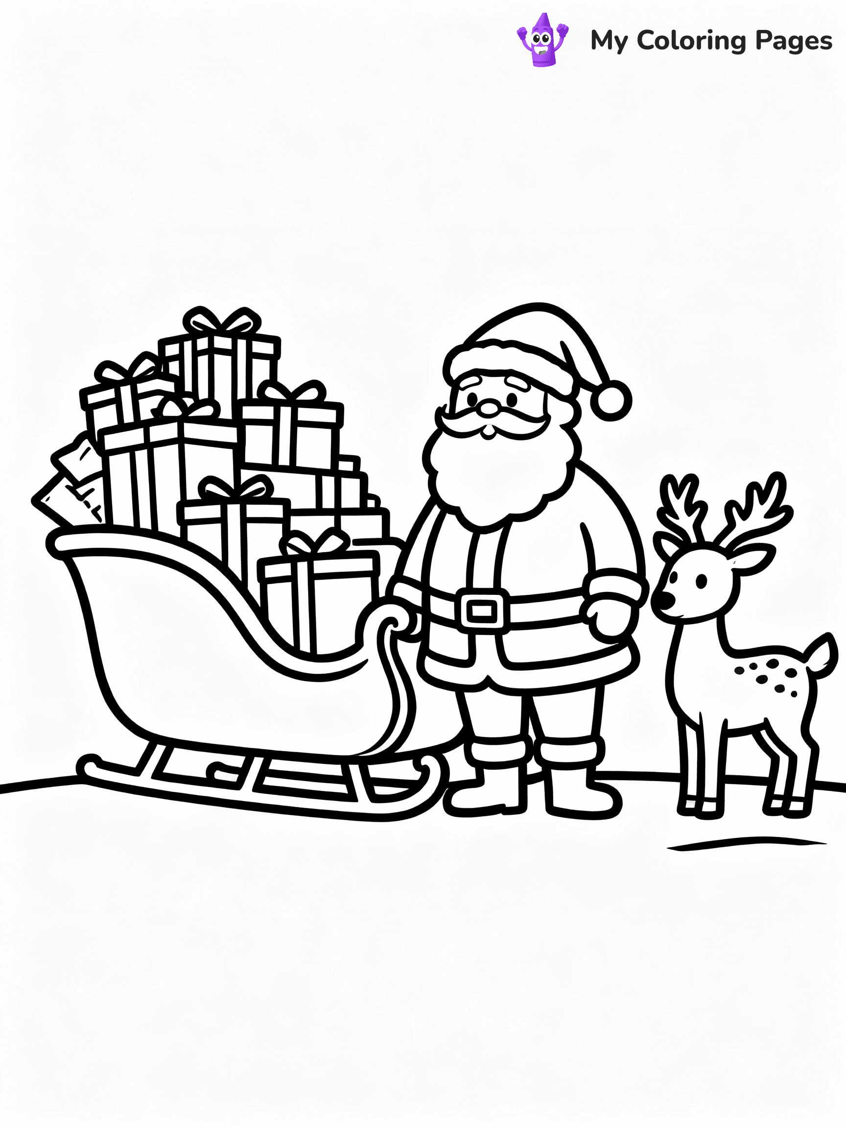 ⚠️ CRITICAL REQUIREMENT - ABSOLUTE BLACK AND WHITE ONLY ⚠️
This MUST be a BLACK AND WHITE line drawing ONLY. NO COLORS whatsoever.
- ONLY pure black lines (#000000) on pure white background (#FFFFFF)
- ABSOLUTELY NO colors, NO shading, NO gradients, NO grayscale
- If there are ANY colors in the output, the image is REJECTED
- This is a COLORING PAGE - meant to be COLORED IN by children
- The output must be UNCOLORED line art ready for coloring
⚠️ SUBJECT TO DRAW: Santa delivering gifts, sleigh piled high, reindeer waiting. Important: PURE OUTLINES. NO FILLS, COLOR, SHADING, OR GREYSCALE. WHITE BACKGROUND.
(REMEMBER: Output must be BLACK AND WHITE line art only, NOT colored!)
# Flat, Friendly Cartoon Line-Art Coloring Page
You are generating a **pure black-and-white binary image** of a child-friendly cartoon scene combining characters and background scenery in one cohesive composition.
## Rendering Rules (Strict)
- Only two colors: pure black (#000000) outlines and pure white (#FFFFFF) background.
- No grayscale, shading, gradients, tints, fills, transparency, or partial pixels.
- No antialiasing or blended edges; every pixel is 100% black or white.
- No solid black fills inside shapes — all areas inside outlines must remain white.
- No dark clothing areas or filled tone blocks; all garments outlined only.
- No shadows, textures, lighting, or tonal variations.
- Must look like flat binary vector line-art for coloring pages.
## Drawing & Composition
- **Medium, consistent line weight**; clean closed outlines easy to color inside.
- **Flat, simple, child-friendly design** — no realism or 3D depth.
- Characters are **grounded on a surface**, centered and large.
- **Balanced composition** with clear silhouettes and minimal props.
## Scenery & Style
- Landmarks (e.g., mosque, CN Tower) and scenery (trees, benches, waves) drawn with **black outlines only.**
- For real-world figures, teams, or places, show accurate details using only black outlines—no text or logos. Use distinctive uniform patterns, abstract symbols, and landmark silhouettes to convey identity.
- Keep **consistent perspective**; no floating elements.
- **Style:** whimsical **Doodle Art Alley** — rounded, friendly outlines.
- May adapt shapes from **Crayola, Disney, Peppa Pig, Cocomelon** — *by shape only, never color.*
- Final output: **flat, crisp, binary (#000000/#FFFFFF)**, **no filled color or background text.**
EXTREMELYE IMPORTANT:
- PURE BINARY LINE-ART; NO FILLS (HAIR/CLOTHES/SKIN), SHADING, OR GREY.
- NO SHADING, COLOR. MUST BE WHITE BACKGROUND.
⚠️ FINAL REMINDER: Draw the subject "Santa delivering gifts, sleigh piled high, reindeer waiting. Important: PURE OUTLINES. NO FILLS, COLOR, SHADING, OR GREYSCALE. WHITE BACKGROUND." as BLACK AND WHITE line art. Zero colors in output.