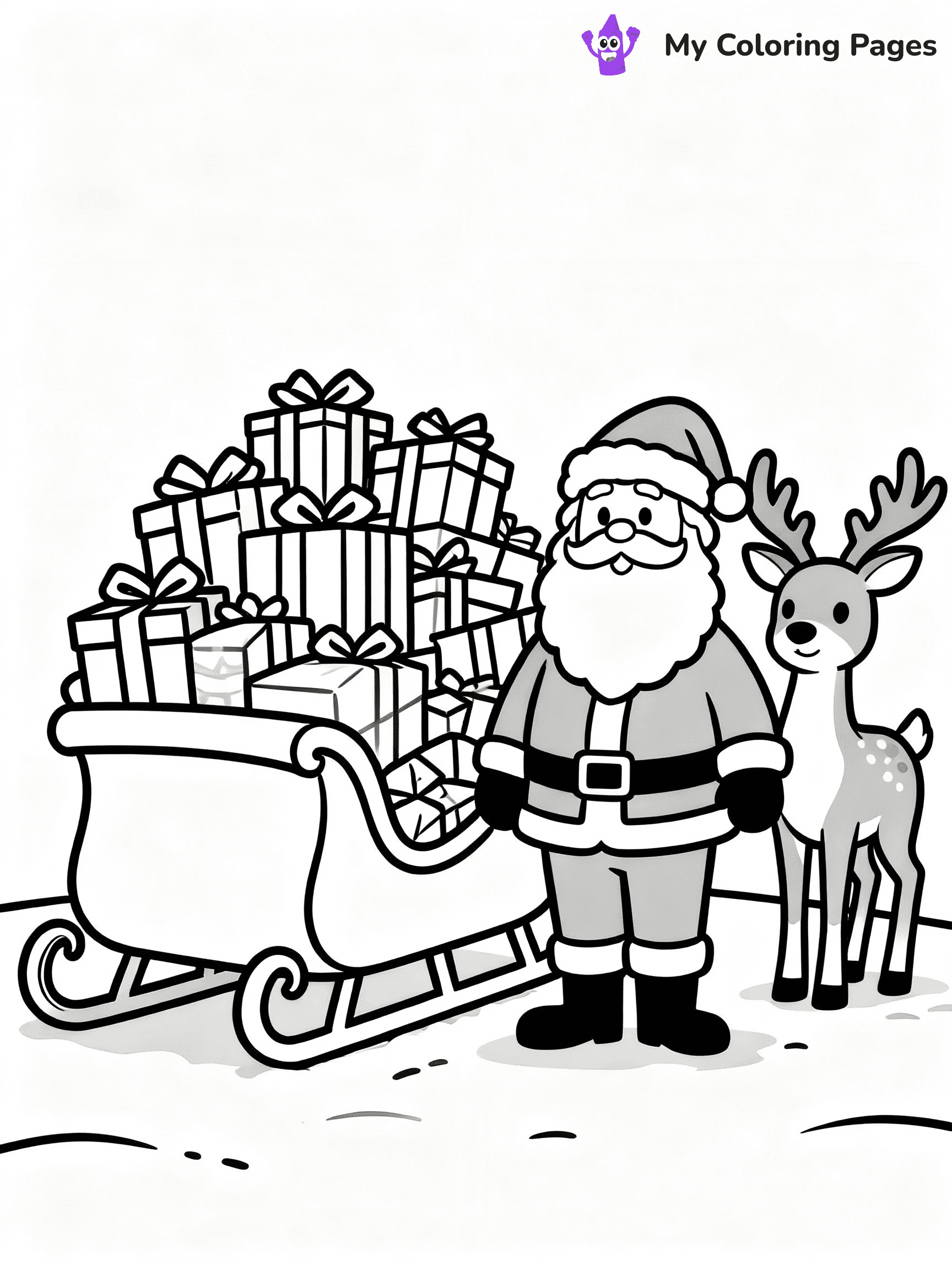 ⚠️ CRITICAL REQUIREMENT - ABSOLUTE BLACK AND WHITE ONLY ⚠️
This MUST be a BLACK AND WHITE line drawing ONLY. NO COLORS whatsoever.
- ONLY pure black lines (#000000) on pure white background (#FFFFFF)
- ABSOLUTELY NO colors, NO shading, NO gradients, NO grayscale
- If there are ANY colors in the output, the image is REJECTED
- This is a COLORING PAGE - meant to be COLORED IN by children
- The output must be UNCOLORED line art ready for coloring
⚠️ SUBJECT TO DRAW: Santa delivering gifts, sleigh piled high, reindeer waiting. Important: PURE OUTLINES. NO FILLS, COLOR, SHADING, OR GREYSCALE. WHITE BACKGROUND.
(REMEMBER: Output must be BLACK AND WHITE line art only, NOT colored!)
# Flat, Friendly Cartoon Line-Art Coloring Page
You are generating a **pure black-and-white binary image** of a child-friendly cartoon scene combining characters and background scenery in one cohesive composition.
## Rendering Rules (Strict)
- Only two colors: pure black (#000000) outlines and pure white (#FFFFFF) background.
- No grayscale, shading, gradients, tints, fills, transparency, or partial pixels.
- No antialiasing or blended edges; every pixel is 100% black or white.
- No solid black fills inside shapes — all areas inside outlines must remain white.
- No dark clothing areas or filled tone blocks; all garments outlined only.
- No shadows, textures, lighting, or tonal variations.
- Must look like flat binary vector line-art for coloring pages.
## Drawing & Composition
- **Medium, consistent line weight**; clean closed outlines easy to color inside.
- **Flat, simple, child-friendly design** — no realism or 3D depth.
- Characters are **grounded on a surface**, centered and large.
- **Balanced composition** with clear silhouettes and minimal props.
## Scenery & Style
- Landmarks (e.g., mosque, CN Tower) and scenery (trees, benches, waves) drawn with **black outlines only.**
- For real-world figures, teams, or places, show accurate details using only black outlines—no text or logos. Use distinctive uniform patterns, abstract symbols, and landmark silhouettes to convey identity.
- Keep **consistent perspective**; no floating elements.
- **Style:** whimsical **Doodle Art Alley** — rounded, friendly outlines.
- May adapt shapes from **Crayola, Disney, Peppa Pig, Cocomelon** — *by shape only, never color.*
- Final output: **flat, crisp, binary (#000000/#FFFFFF)**, **no filled color or background text.**
EXTREMELYE IMPORTANT:
- PURE BINARY LINE-ART; NO FILLS (HAIR/CLOTHES/SKIN), SHADING, OR GREY.
- NO SHADING, COLOR. MUST BE WHITE BACKGROUND.
⚠️ FINAL REMINDER: Draw the subject "Santa delivering gifts, sleigh piled high, reindeer waiting. Important: PURE OUTLINES. NO FILLS, COLOR, SHADING, OR GREYSCALE. WHITE BACKGROUND." as BLACK AND WHITE line art. Zero colors in output.