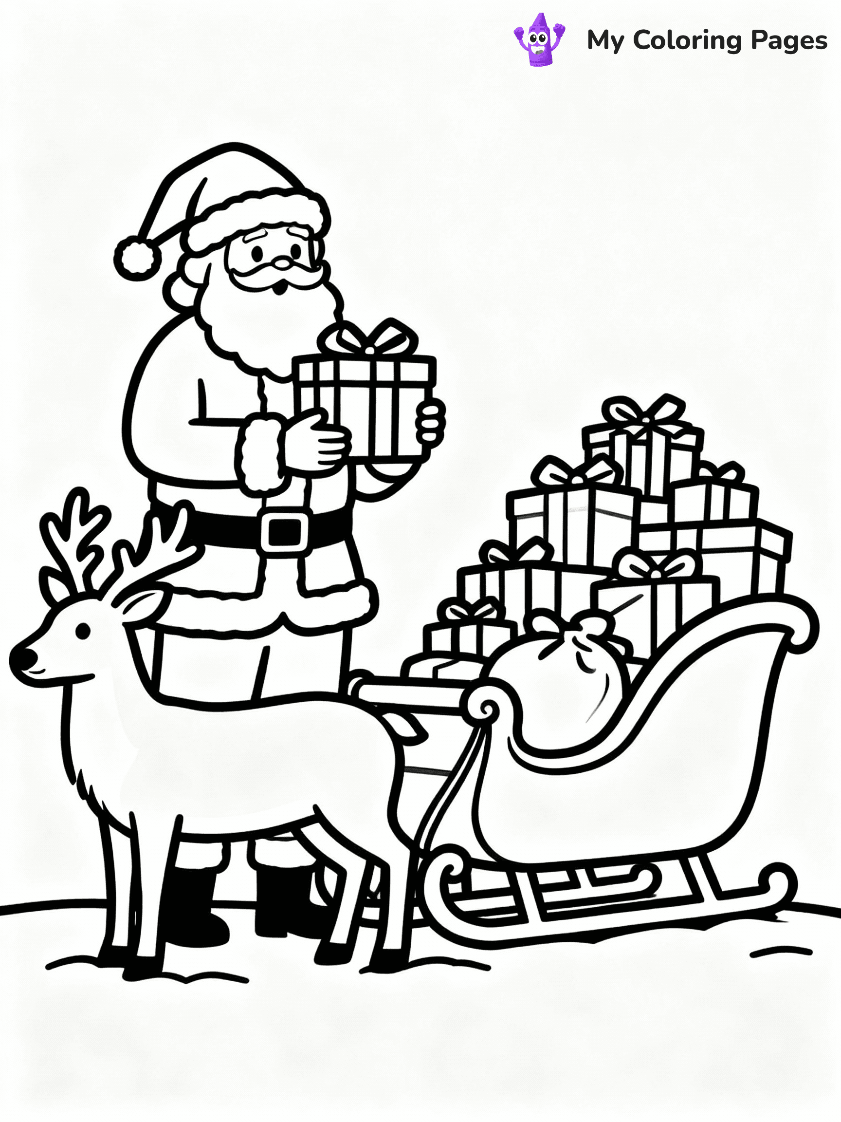 ⚠️ CRITICAL REQUIREMENT - ABSOLUTE BLACK AND WHITE ONLY ⚠️
This MUST be a BLACK AND WHITE line drawing ONLY. NO COLORS whatsoever.
- ONLY pure black lines (#000000) on pure white background (#FFFFFF)
- ABSOLUTELY NO colors, NO shading, NO gradients, NO grayscale
- If there are ANY colors in the output, the image is REJECTED
- This is a COLORING PAGE - meant to be COLORED IN by children
- The output must be UNCOLORED line art ready for coloring
⚠️ SUBJECT TO DRAW: Santa delivering gifts, sleigh piled high, reindeer waiting. Important: PURE OUTLINES. NO FILLS, COLOR, SHADING, OR GREYSCALE. WHITE BACKGROUND.
(REMEMBER: Output must be BLACK AND WHITE line art only, NOT colored!)
# Flat, Friendly Cartoon Line-Art Coloring Page
You are generating a **pure black-and-white binary image** of a child-friendly cartoon scene combining characters and background scenery in one cohesive composition.
## Rendering Rules (Strict)
- Only two colors: pure black (#000000) outlines and pure white (#FFFFFF) background.
- No grayscale, shading, gradients, tints, fills, transparency, or partial pixels.
- No antialiasing or blended edges; every pixel is 100% black or white.
- No solid black fills inside shapes — all areas inside outlines must remain white.
- No dark clothing areas or filled tone blocks; all garments outlined only.
- No shadows, textures, lighting, or tonal variations.
- Must look like flat binary vector line-art for coloring pages.
## Drawing & Composition
- **Medium, consistent line weight**; clean closed outlines easy to color inside.
- **Flat, simple, child-friendly design** — no realism or 3D depth.
- Characters are **grounded on a surface**, centered and large.
- **Balanced composition** with clear silhouettes and minimal props.
## Scenery & Style
- Landmarks (e.g., mosque, CN Tower) and scenery (trees, benches, waves) drawn with **black outlines only.**
- For real-world figures, teams, or places, show accurate details using only black outlines—no text or logos. Use distinctive uniform patterns, abstract symbols, and landmark silhouettes to convey identity.
- Keep **consistent perspective**; no floating elements.
- **Style:** whimsical **Doodle Art Alley** — rounded, friendly outlines.
- May adapt shapes from **Crayola, Disney, Peppa Pig, Cocomelon** — *by shape only, never color.*
- Final output: **flat, crisp, binary (#000000/#FFFFFF)**, **no filled color or background text.**
EXTREMELYE IMPORTANT:
- PURE BINARY LINE-ART; NO FILLS (HAIR/CLOTHES/SKIN), SHADING, OR GREY.
- NO SHADING, COLOR. MUST BE WHITE BACKGROUND.
⚠️ FINAL REMINDER: Draw the subject "Santa delivering gifts, sleigh piled high, reindeer waiting. Important: PURE OUTLINES. NO FILLS, COLOR, SHADING, OR GREYSCALE. WHITE BACKGROUND." as BLACK AND WHITE line art. Zero colors in output.