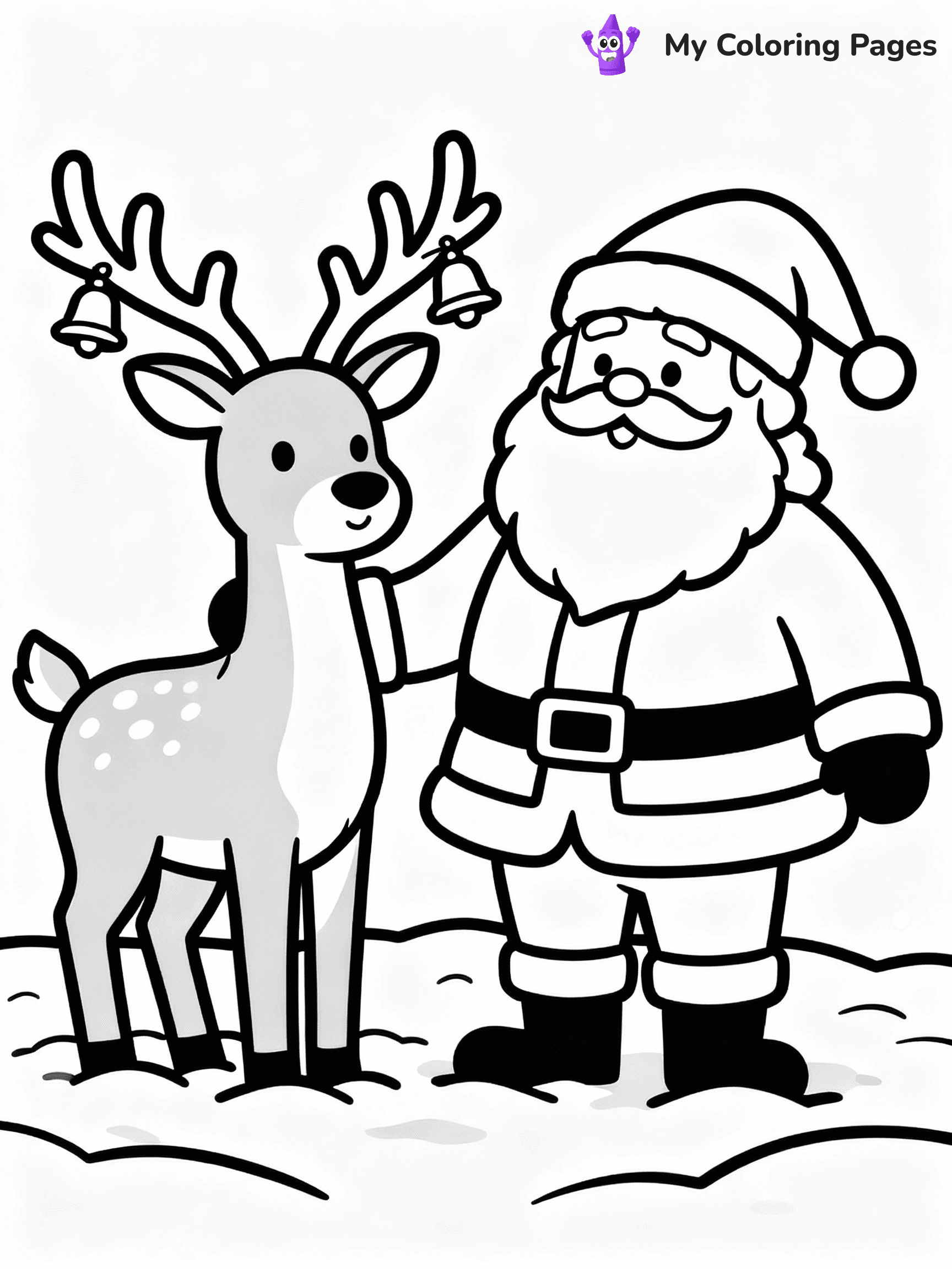 ⚠️ CRITICAL REQUIREMENT - ABSOLUTE BLACK AND WHITE ONLY ⚠️
This MUST be a BLACK AND WHITE line drawing ONLY. NO COLORS whatsoever.
- ONLY pure black lines (#000000) on pure white background (#FFFFFF)
- ABSOLUTELY NO colors, NO shading, NO gradients, NO grayscale
- If there are ANY colors in the output, the image is REJECTED
- This is a COLORING PAGE - meant to be COLORED IN by children
- The output must be UNCOLORED line art ready for coloring
⚠️ SUBJECT TO DRAW: Santa with reindeer , antlers adorned with bells, snow-covered ground. Important: PURE OUTLINES. NO FILLS, COLOR, SHADING, OR GREYSCALE. WHITE BACKGROUND.
(REMEMBER: Output must be BLACK AND WHITE line art only, NOT colored!)
# Flat, Friendly Cartoon Line-Art Coloring Page
You are generating a **pure black-and-white binary image** of a child-friendly cartoon scene combining characters and background scenery in one cohesive composition.
## Rendering Rules (Strict)
- Only two colors: pure black (#000000) outlines and pure white (#FFFFFF) background.
- No grayscale, shading, gradients, tints, fills, transparency, or partial pixels.
- No antialiasing or blended edges; every pixel is 100% black or white.
- No solid black fills inside shapes — all areas inside outlines must remain white.
- No dark clothing areas or filled tone blocks; all garments outlined only.
- No shadows, textures, lighting, or tonal variations.
- Must look like flat binary vector line-art for coloring pages.
## Drawing & Composition
- **Medium, consistent line weight**; clean closed outlines easy to color inside.
- **Flat, simple, child-friendly design** — no realism or 3D depth.
- Characters are **grounded on a surface**, centered and large.
- **Balanced composition** with clear silhouettes and minimal props.
## Scenery & Style
- Landmarks (e.g., mosque, CN Tower) and scenery (trees, benches, waves) drawn with **black outlines only.**
- For real-world figures, teams, or places, show accurate details using only black outlines—no text or logos. Use distinctive uniform patterns, abstract symbols, and landmark silhouettes to convey identity.
- Keep **consistent perspective**; no floating elements.
- **Style:** whimsical **Doodle Art Alley** — rounded, friendly outlines.
- May adapt shapes from **Crayola, Disney, Peppa Pig, Cocomelon** — *by shape only, never color.*
- Final output: **flat, crisp, binary (#000000/#FFFFFF)**, **no filled color or background text.**
EXTREMELYE IMPORTANT:
- PURE BINARY LINE-ART; NO FILLS (HAIR/CLOTHES/SKIN), SHADING, OR GREY.
- NO SHADING, COLOR. MUST BE WHITE BACKGROUND.
⚠️ FINAL REMINDER: Draw the subject "Santa with reindeer , antlers adorned with bells, snow-covered ground. Important: PURE OUTLINES. NO FILLS, COLOR, SHADING, OR GREYSCALE. WHITE BACKGROUND." as BLACK AND WHITE line art. Zero colors in output.