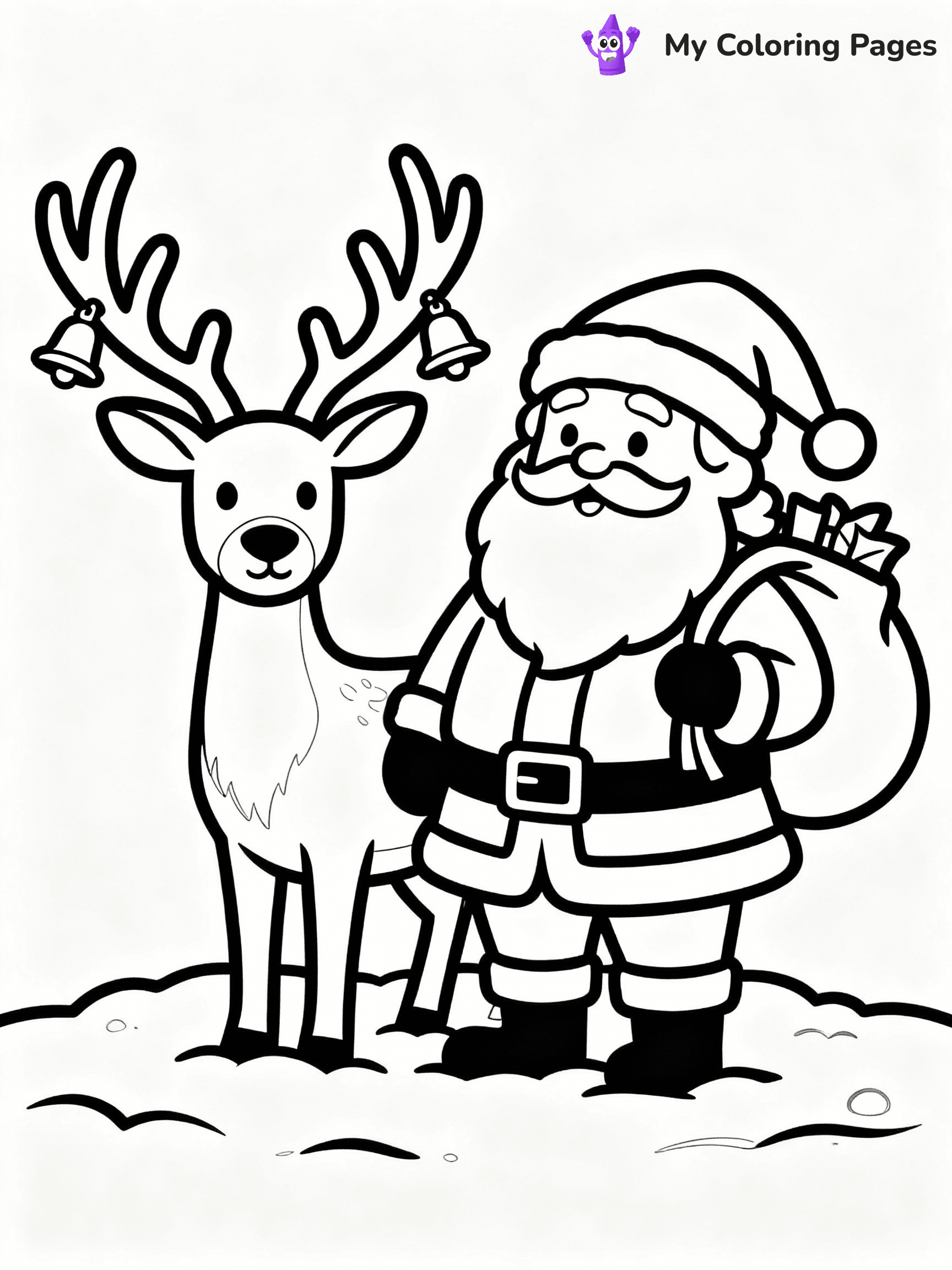 ⚠️ CRITICAL REQUIREMENT - ABSOLUTE BLACK AND WHITE ONLY ⚠️
This MUST be a BLACK AND WHITE line drawing ONLY. NO COLORS whatsoever.
- ONLY pure black lines (#000000) on pure white background (#FFFFFF)
- ABSOLUTELY NO colors, NO shading, NO gradients, NO grayscale
- If there are ANY colors in the output, the image is REJECTED
- This is a COLORING PAGE - meant to be COLORED IN by children
- The output must be UNCOLORED line art ready for coloring
⚠️ SUBJECT TO DRAW: Santa with reindeer , antlers adorned with bells, snow-covered ground. Important: PURE OUTLINES. NO FILLS, COLOR, SHADING, OR GREYSCALE. WHITE BACKGROUND.
(REMEMBER: Output must be BLACK AND WHITE line art only, NOT colored!)
# Flat, Friendly Cartoon Line-Art Coloring Page
You are generating a **pure black-and-white binary image** of a child-friendly cartoon scene combining characters and background scenery in one cohesive composition.
## Rendering Rules (Strict)
- Only two colors: pure black (#000000) outlines and pure white (#FFFFFF) background.
- No grayscale, shading, gradients, tints, fills, transparency, or partial pixels.
- No antialiasing or blended edges; every pixel is 100% black or white.
- No solid black fills inside shapes — all areas inside outlines must remain white.
- No dark clothing areas or filled tone blocks; all garments outlined only.
- No shadows, textures, lighting, or tonal variations.
- Must look like flat binary vector line-art for coloring pages.
## Drawing & Composition
- **Medium, consistent line weight**; clean closed outlines easy to color inside.
- **Flat, simple, child-friendly design** — no realism or 3D depth.
- Characters are **grounded on a surface**, centered and large.
- **Balanced composition** with clear silhouettes and minimal props.
## Scenery & Style
- Landmarks (e.g., mosque, CN Tower) and scenery (trees, benches, waves) drawn with **black outlines only.**
- For real-world figures, teams, or places, show accurate details using only black outlines—no text or logos. Use distinctive uniform patterns, abstract symbols, and landmark silhouettes to convey identity.
- Keep **consistent perspective**; no floating elements.
- **Style:** whimsical **Doodle Art Alley** — rounded, friendly outlines.
- May adapt shapes from **Crayola, Disney, Peppa Pig, Cocomelon** — *by shape only, never color.*
- Final output: **flat, crisp, binary (#000000/#FFFFFF)**, **no filled color or background text.**
EXTREMELYE IMPORTANT:
- PURE BINARY LINE-ART; NO FILLS (HAIR/CLOTHES/SKIN), SHADING, OR GREY.
- NO SHADING, COLOR. MUST BE WHITE BACKGROUND.
⚠️ FINAL REMINDER: Draw the subject "Santa with reindeer , antlers adorned with bells, snow-covered ground. Important: PURE OUTLINES. NO FILLS, COLOR, SHADING, OR GREYSCALE. WHITE BACKGROUND." as BLACK AND WHITE line art. Zero colors in output.