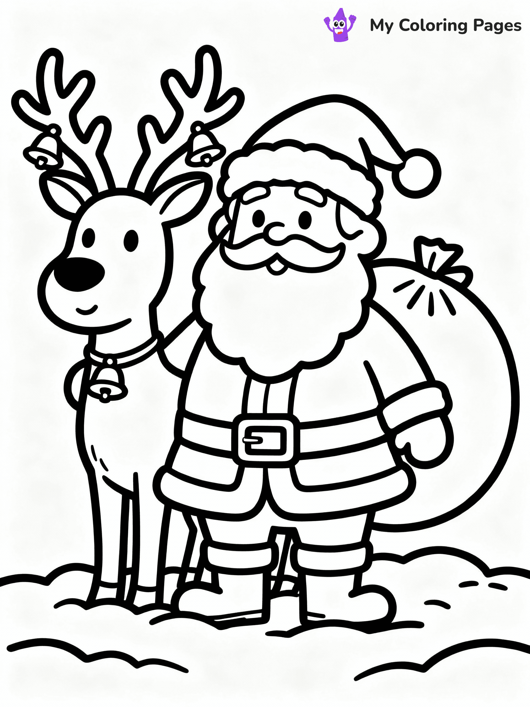 ⚠️ CRITICAL REQUIREMENT - ABSOLUTE BLACK AND WHITE ONLY ⚠️
This MUST be a BLACK AND WHITE line drawing ONLY. NO COLORS whatsoever.
- ONLY pure black lines (#000000) on pure white background (#FFFFFF)
- ABSOLUTELY NO colors, NO shading, NO gradients, NO grayscale
- If there are ANY colors in the output, the image is REJECTED
- This is a COLORING PAGE - meant to be COLORED IN by children
- The output must be UNCOLORED line art ready for coloring
⚠️ SUBJECT TO DRAW: Santa with reindeer , antlers adorned with bells, snow-covered ground. Important: PURE OUTLINES. NO FILLS, COLOR, SHADING, OR GREYSCALE. WHITE BACKGROUND.
(REMEMBER: Output must be BLACK AND WHITE line art only, NOT colored!)
# Flat, Friendly Cartoon Line-Art Coloring Page
You are generating a **pure black-and-white binary image** of a child-friendly cartoon scene combining characters and background scenery in one cohesive composition.
## Rendering Rules (Strict)
- Only two colors: pure black (#000000) outlines and pure white (#FFFFFF) background.
- No grayscale, shading, gradients, tints, fills, transparency, or partial pixels.
- No antialiasing or blended edges; every pixel is 100% black or white.
- No solid black fills inside shapes — all areas inside outlines must remain white.
- No dark clothing areas or filled tone blocks; all garments outlined only.
- No shadows, textures, lighting, or tonal variations.
- Must look like flat binary vector line-art for coloring pages.
## Drawing & Composition
- **Medium, consistent line weight**; clean closed outlines easy to color inside.
- **Flat, simple, child-friendly design** — no realism or 3D depth.
- Characters are **grounded on a surface**, centered and large.
- **Balanced composition** with clear silhouettes and minimal props.
## Scenery & Style
- Landmarks (e.g., mosque, CN Tower) and scenery (trees, benches, waves) drawn with **black outlines only.**
- For real-world figures, teams, or places, show accurate details using only black outlines—no text or logos. Use distinctive uniform patterns, abstract symbols, and landmark silhouettes to convey identity.
- Keep **consistent perspective**; no floating elements.
- **Style:** whimsical **Doodle Art Alley** — rounded, friendly outlines.
- May adapt shapes from **Crayola, Disney, Peppa Pig, Cocomelon** — *by shape only, never color.*
- Final output: **flat, crisp, binary (#000000/#FFFFFF)**, **no filled color or background text.**
EXTREMELYE IMPORTANT:
- PURE BINARY LINE-ART; NO FILLS (HAIR/CLOTHES/SKIN), SHADING, OR GREY.
- NO SHADING, COLOR. MUST BE WHITE BACKGROUND.
⚠️ FINAL REMINDER: Draw the subject "Santa with reindeer , antlers adorned with bells, snow-covered ground. Important: PURE OUTLINES. NO FILLS, COLOR, SHADING, OR GREYSCALE. WHITE BACKGROUND." as BLACK AND WHITE line art. Zero colors in output.