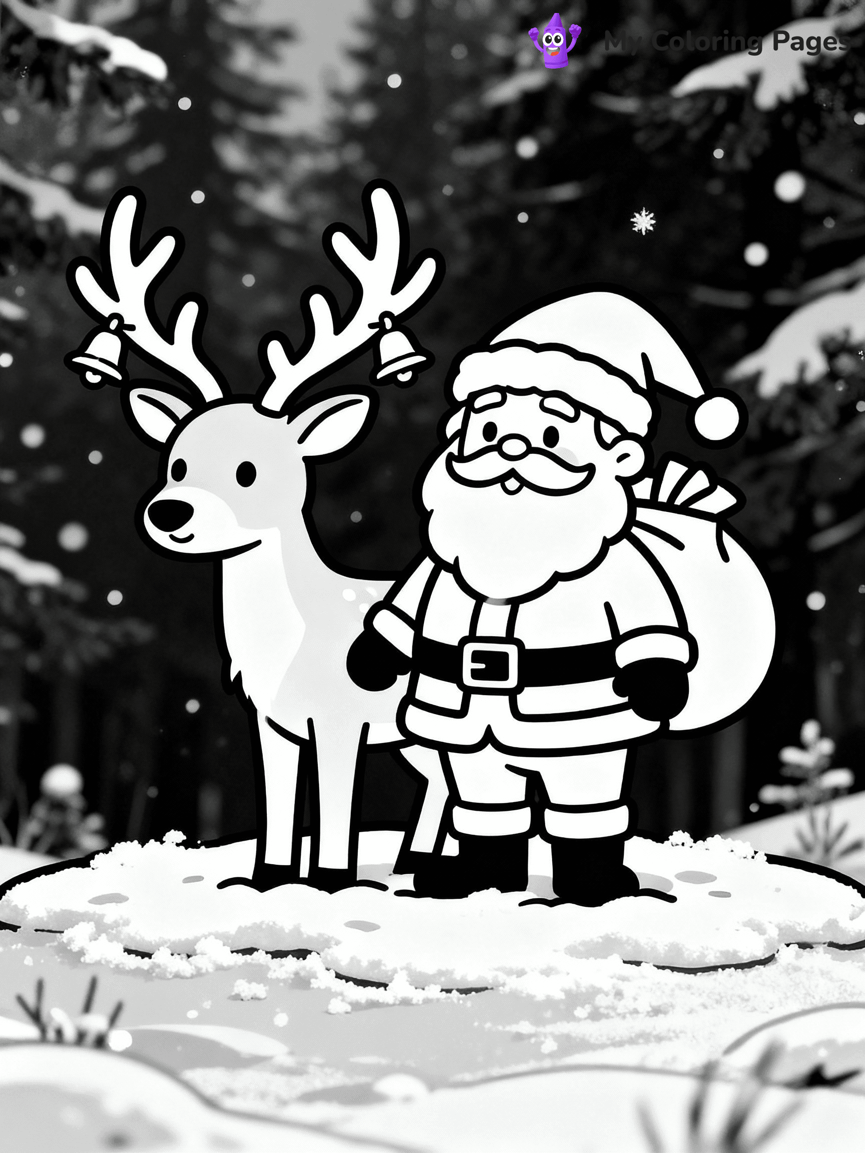 ⚠️ CRITICAL REQUIREMENT - ABSOLUTE BLACK AND WHITE ONLY ⚠️
This MUST be a BLACK AND WHITE line drawing ONLY. NO COLORS whatsoever.
- ONLY pure black lines (#000000) on pure white background (#FFFFFF)
- ABSOLUTELY NO colors, NO shading, NO gradients, NO grayscale
- If there are ANY colors in the output, the image is REJECTED
- This is a COLORING PAGE - meant to be COLORED IN by children
- The output must be UNCOLORED line art ready for coloring
⚠️ SUBJECT TO DRAW: Santa with reindeer , antlers adorned with bells, snow-covered ground. Important: PURE OUTLINES. NO FILLS, COLOR, SHADING, OR GREYSCALE. WHITE BACKGROUND.
(REMEMBER: Output must be BLACK AND WHITE line art only, NOT colored!)
# Flat, Friendly Cartoon Line-Art Coloring Page
You are generating a **pure black-and-white binary image** of a child-friendly cartoon scene combining characters and background scenery in one cohesive composition.
## Rendering Rules (Strict)
- Only two colors: pure black (#000000) outlines and pure white (#FFFFFF) background.
- No grayscale, shading, gradients, tints, fills, transparency, or partial pixels.
- No antialiasing or blended edges; every pixel is 100% black or white.
- No solid black fills inside shapes — all areas inside outlines must remain white.
- No dark clothing areas or filled tone blocks; all garments outlined only.
- No shadows, textures, lighting, or tonal variations.
- Must look like flat binary vector line-art for coloring pages.
## Drawing & Composition
- **Medium, consistent line weight**; clean closed outlines easy to color inside.
- **Flat, simple, child-friendly design** — no realism or 3D depth.
- Characters are **grounded on a surface**, centered and large.
- **Balanced composition** with clear silhouettes and minimal props.
## Scenery & Style
- Landmarks (e.g., mosque, CN Tower) and scenery (trees, benches, waves) drawn with **black outlines only.**
- For real-world figures, teams, or places, show accurate details using only black outlines—no text or logos. Use distinctive uniform patterns, abstract symbols, and landmark silhouettes to convey identity.
- Keep **consistent perspective**; no floating elements.
- **Style:** whimsical **Doodle Art Alley** — rounded, friendly outlines.
- May adapt shapes from **Crayola, Disney, Peppa Pig, Cocomelon** — *by shape only, never color.*
- Final output: **flat, crisp, binary (#000000/#FFFFFF)**, **no filled color or background text.**
EXTREMELYE IMPORTANT:
- PURE BINARY LINE-ART; NO FILLS (HAIR/CLOTHES/SKIN), SHADING, OR GREY.
- NO SHADING, COLOR. MUST BE WHITE BACKGROUND.
⚠️ FINAL REMINDER: Draw the subject "Santa with reindeer , antlers adorned with bells, snow-covered ground. Important: PURE OUTLINES. NO FILLS, COLOR, SHADING, OR GREYSCALE. WHITE BACKGROUND." as BLACK AND WHITE line art. Zero colors in output.