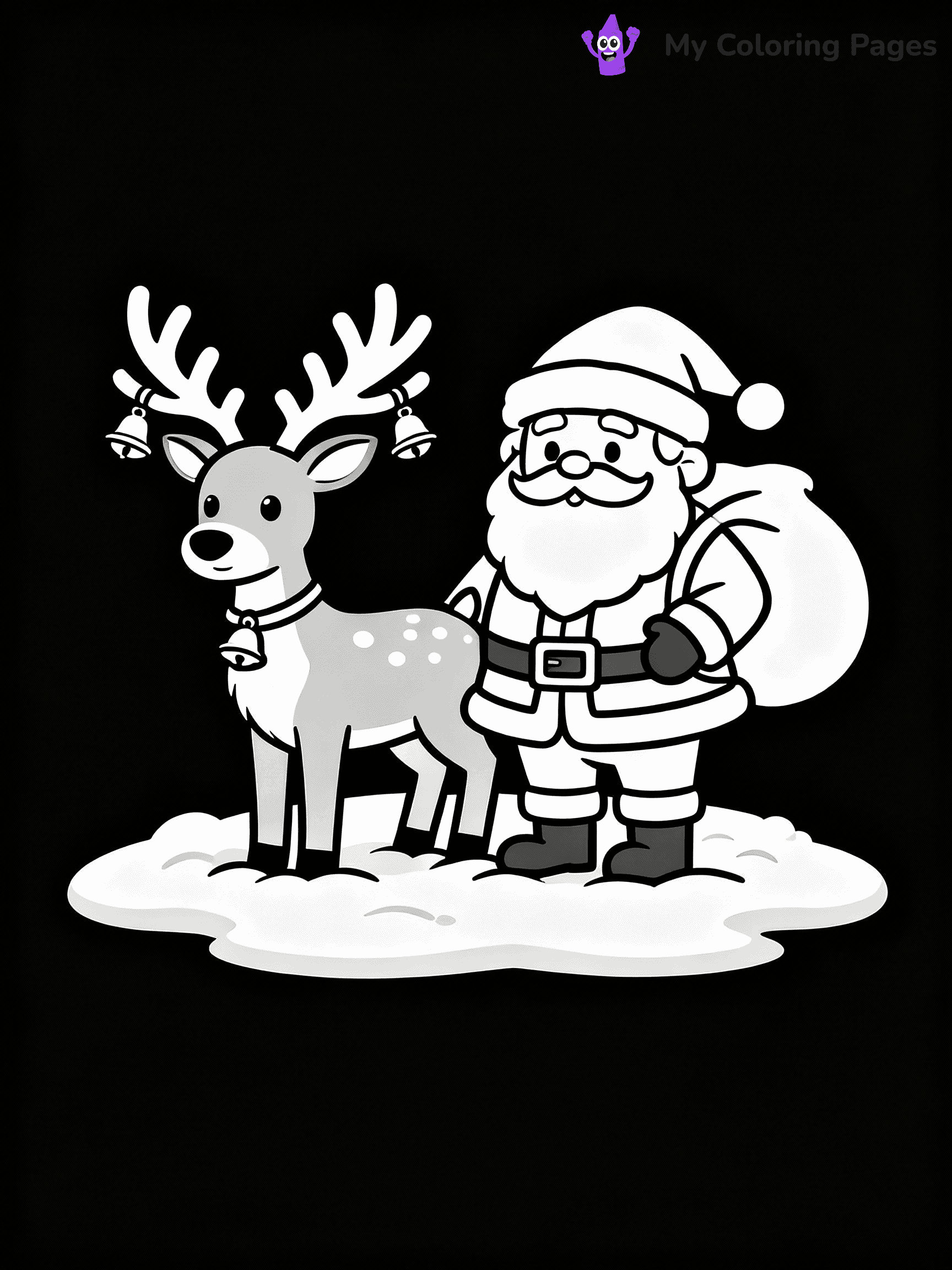 ⚠️ CRITICAL REQUIREMENT - ABSOLUTE BLACK AND WHITE ONLY ⚠️
This MUST be a BLACK AND WHITE line drawing ONLY. NO COLORS whatsoever.
- ONLY pure black lines (#000000) on pure white background (#FFFFFF)
- ABSOLUTELY NO colors, NO shading, NO gradients, NO grayscale
- If there are ANY colors in the output, the image is REJECTED
- This is a COLORING PAGE - meant to be COLORED IN by children
- The output must be UNCOLORED line art ready for coloring
⚠️ SUBJECT TO DRAW: Santa with reindeer , antlers adorned with bells, snow-covered ground. Important: PURE OUTLINES. NO FILLS, COLOR, SHADING, OR GREYSCALE. WHITE BACKGROUND.
(REMEMBER: Output must be BLACK AND WHITE line art only, NOT colored!)
# Flat, Friendly Cartoon Line-Art Coloring Page
You are generating a **pure black-and-white binary image** of a child-friendly cartoon scene combining characters and background scenery in one cohesive composition.
## Rendering Rules (Strict)
- Only two colors: pure black (#000000) outlines and pure white (#FFFFFF) background.
- No grayscale, shading, gradients, tints, fills, transparency, or partial pixels.
- No antialiasing or blended edges; every pixel is 100% black or white.
- No solid black fills inside shapes — all areas inside outlines must remain white.
- No dark clothing areas or filled tone blocks; all garments outlined only.
- No shadows, textures, lighting, or tonal variations.
- Must look like flat binary vector line-art for coloring pages.
## Drawing & Composition
- **Medium, consistent line weight**; clean closed outlines easy to color inside.
- **Flat, simple, child-friendly design** — no realism or 3D depth.
- Characters are **grounded on a surface**, centered and large.
- **Balanced composition** with clear silhouettes and minimal props.
## Scenery & Style
- Landmarks (e.g., mosque, CN Tower) and scenery (trees, benches, waves) drawn with **black outlines only.**
- For real-world figures, teams, or places, show accurate details using only black outlines—no text or logos. Use distinctive uniform patterns, abstract symbols, and landmark silhouettes to convey identity.
- Keep **consistent perspective**; no floating elements.
- **Style:** whimsical **Doodle Art Alley** — rounded, friendly outlines.
- May adapt shapes from **Crayola, Disney, Peppa Pig, Cocomelon** — *by shape only, never color.*
- Final output: **flat, crisp, binary (#000000/#FFFFFF)**, **no filled color or background text.**
EXTREMELYE IMPORTANT:
- PURE BINARY LINE-ART; NO FILLS (HAIR/CLOTHES/SKIN), SHADING, OR GREY.
- NO SHADING, COLOR. MUST BE WHITE BACKGROUND.
⚠️ FINAL REMINDER: Draw the subject "Santa with reindeer , antlers adorned with bells, snow-covered ground. Important: PURE OUTLINES. NO FILLS, COLOR, SHADING, OR GREYSCALE. WHITE BACKGROUND." as BLACK AND WHITE line art. Zero colors in output.