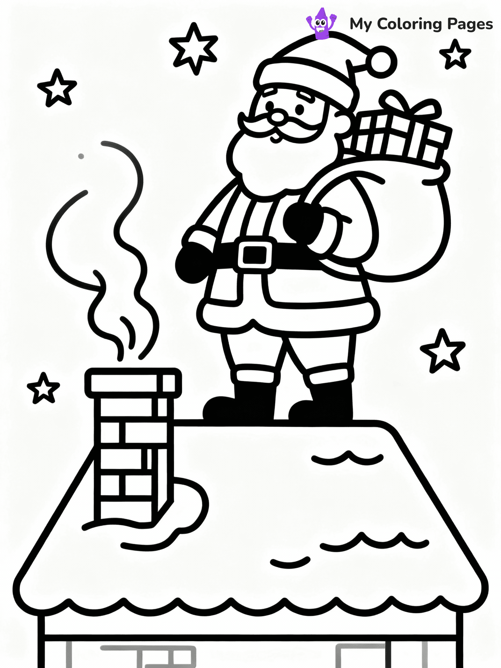 ⚠️ CRITICAL REQUIREMENT - ABSOLUTE BLACK AND WHITE ONLY ⚠️
This MUST be a BLACK AND WHITE line drawing ONLY. NO COLORS whatsoever.
- ONLY pure black lines (#000000) on pure white background (#FFFFFF)
- ABSOLUTELY NO colors, NO shading, NO gradients, NO grayscale
- If there are ANY colors in the output, the image is REJECTED
- This is a COLORING PAGE - meant to be COLORED IN by children
- The output must be UNCOLORED line art ready for coloring
⚠️ SUBJECT TO DRAW: Santa on a roof delivering gifts, chimney smoke rising, stars twinkling. Important: PURE OUTLINES. NO FILLS, COLOR, SHADING, OR GREYSCALE. WHITE BACKGROUND.
(REMEMBER: Output must be BLACK AND WHITE line art only, NOT colored!)
# Flat, Friendly Cartoon Line-Art Coloring Page
You are generating a **pure black-and-white binary image** of a child-friendly cartoon scene combining characters and background scenery in one cohesive composition.
## Rendering Rules (Strict)
- Only two colors: pure black (#000000) outlines and pure white (#FFFFFF) background.
- No grayscale, shading, gradients, tints, fills, transparency, or partial pixels.
- No antialiasing or blended edges; every pixel is 100% black or white.
- No solid black fills inside shapes — all areas inside outlines must remain white.
- No dark clothing areas or filled tone blocks; all garments outlined only.
- No shadows, textures, lighting, or tonal variations.
- Must look like flat binary vector line-art for coloring pages.
## Drawing & Composition
- **Medium, consistent line weight**; clean closed outlines easy to color inside.
- **Flat, simple, child-friendly design** — no realism or 3D depth.
- Characters are **grounded on a surface**, centered and large.
- **Balanced composition** with clear silhouettes and minimal props.
## Scenery & Style
- Landmarks (e.g., mosque, CN Tower) and scenery (trees, benches, waves) drawn with **black outlines only.**
- For real-world figures, teams, or places, show accurate details using only black outlines—no text or logos. Use distinctive uniform patterns, abstract symbols, and landmark silhouettes to convey identity.
- Keep **consistent perspective**; no floating elements.
- **Style:** whimsical **Doodle Art Alley** — rounded, friendly outlines.
- May adapt shapes from **Crayola, Disney, Peppa Pig, Cocomelon** — *by shape only, never color.*
- Final output: **flat, crisp, binary (#000000/#FFFFFF)**, **no filled color or background text.**
EXTREMELYE IMPORTANT:
- PURE BINARY LINE-ART; NO FILLS (HAIR/CLOTHES/SKIN), SHADING, OR GREY.
- NO SHADING, COLOR. MUST BE WHITE BACKGROUND.
⚠️ FINAL REMINDER: Draw the subject "Santa on a roof delivering gifts, chimney smoke rising, stars twinkling. Important: PURE OUTLINES. NO FILLS, COLOR, SHADING, OR GREYSCALE. WHITE BACKGROUND." as BLACK AND WHITE line art. Zero colors in output.