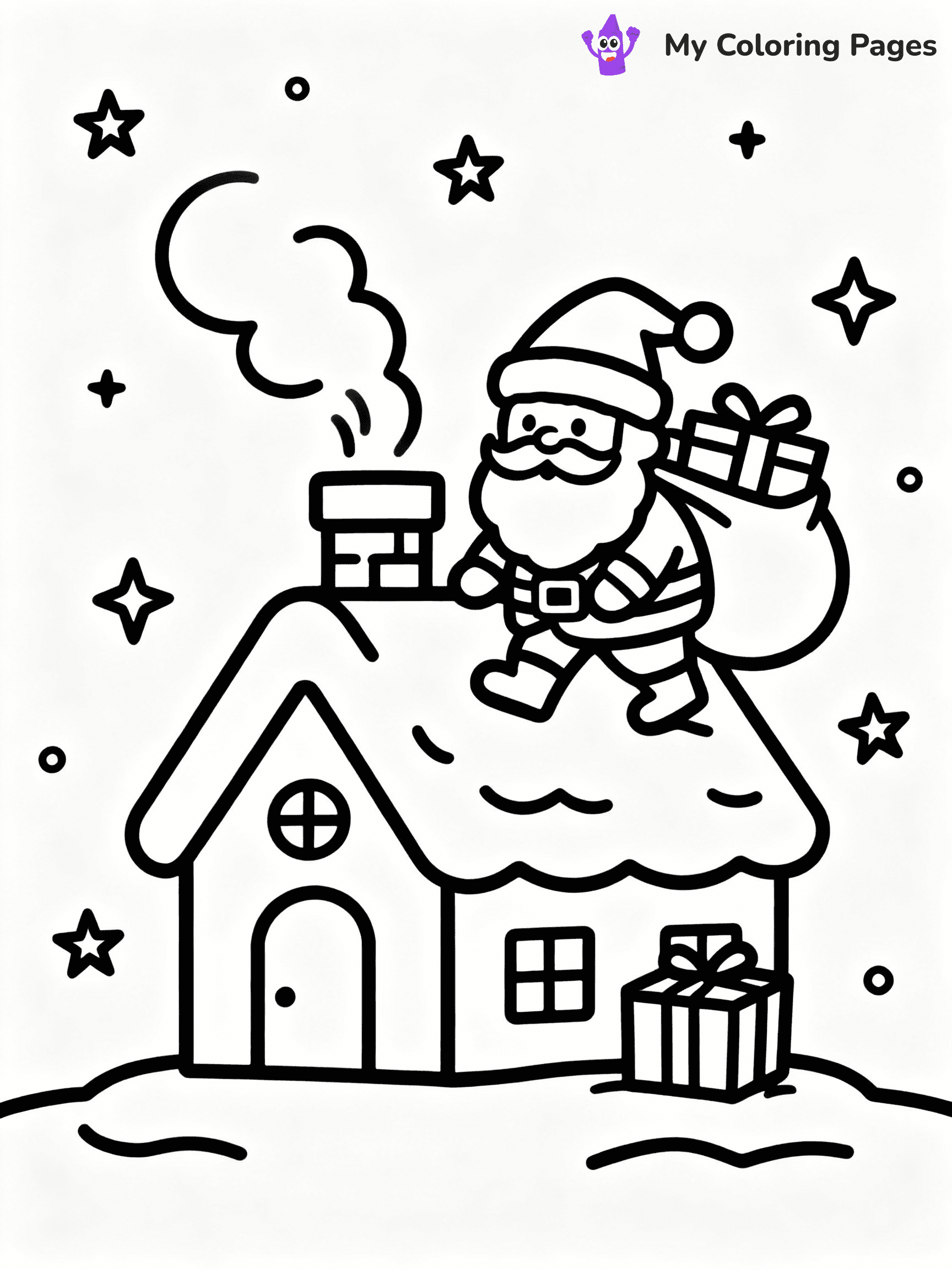 ⚠️ CRITICAL REQUIREMENT - ABSOLUTE BLACK AND WHITE ONLY ⚠️
This MUST be a BLACK AND WHITE line drawing ONLY. NO COLORS whatsoever.
- ONLY pure black lines (#000000) on pure white background (#FFFFFF)
- ABSOLUTELY NO colors, NO shading, NO gradients, NO grayscale
- If there are ANY colors in the output, the image is REJECTED
- This is a COLORING PAGE - meant to be COLORED IN by children
- The output must be UNCOLORED line art ready for coloring
⚠️ SUBJECT TO DRAW: Santa on a roof delivering gifts, chimney smoke rising, stars twinkling. Important: PURE OUTLINES. NO FILLS, COLOR, SHADING, OR GREYSCALE. WHITE BACKGROUND.
(REMEMBER: Output must be BLACK AND WHITE line art only, NOT colored!)
# Flat, Friendly Cartoon Line-Art Coloring Page
You are generating a **pure black-and-white binary image** of a child-friendly cartoon scene combining characters and background scenery in one cohesive composition.
## Rendering Rules (Strict)
- Only two colors: pure black (#000000) outlines and pure white (#FFFFFF) background.
- No grayscale, shading, gradients, tints, fills, transparency, or partial pixels.
- No antialiasing or blended edges; every pixel is 100% black or white.
- No solid black fills inside shapes — all areas inside outlines must remain white.
- No dark clothing areas or filled tone blocks; all garments outlined only.
- No shadows, textures, lighting, or tonal variations.
- Must look like flat binary vector line-art for coloring pages.
## Drawing & Composition
- **Medium, consistent line weight**; clean closed outlines easy to color inside.
- **Flat, simple, child-friendly design** — no realism or 3D depth.
- Characters are **grounded on a surface**, centered and large.
- **Balanced composition** with clear silhouettes and minimal props.
## Scenery & Style
- Landmarks (e.g., mosque, CN Tower) and scenery (trees, benches, waves) drawn with **black outlines only.**
- For real-world figures, teams, or places, show accurate details using only black outlines—no text or logos. Use distinctive uniform patterns, abstract symbols, and landmark silhouettes to convey identity.
- Keep **consistent perspective**; no floating elements.
- **Style:** whimsical **Doodle Art Alley** — rounded, friendly outlines.
- May adapt shapes from **Crayola, Disney, Peppa Pig, Cocomelon** — *by shape only, never color.*
- Final output: **flat, crisp, binary (#000000/#FFFFFF)**, **no filled color or background text.**
EXTREMELYE IMPORTANT:
- PURE BINARY LINE-ART; NO FILLS (HAIR/CLOTHES/SKIN), SHADING, OR GREY.
- NO SHADING, COLOR. MUST BE WHITE BACKGROUND.
⚠️ FINAL REMINDER: Draw the subject "Santa on a roof delivering gifts, chimney smoke rising, stars twinkling. Important: PURE OUTLINES. NO FILLS, COLOR, SHADING, OR GREYSCALE. WHITE BACKGROUND." as BLACK AND WHITE line art. Zero colors in output.