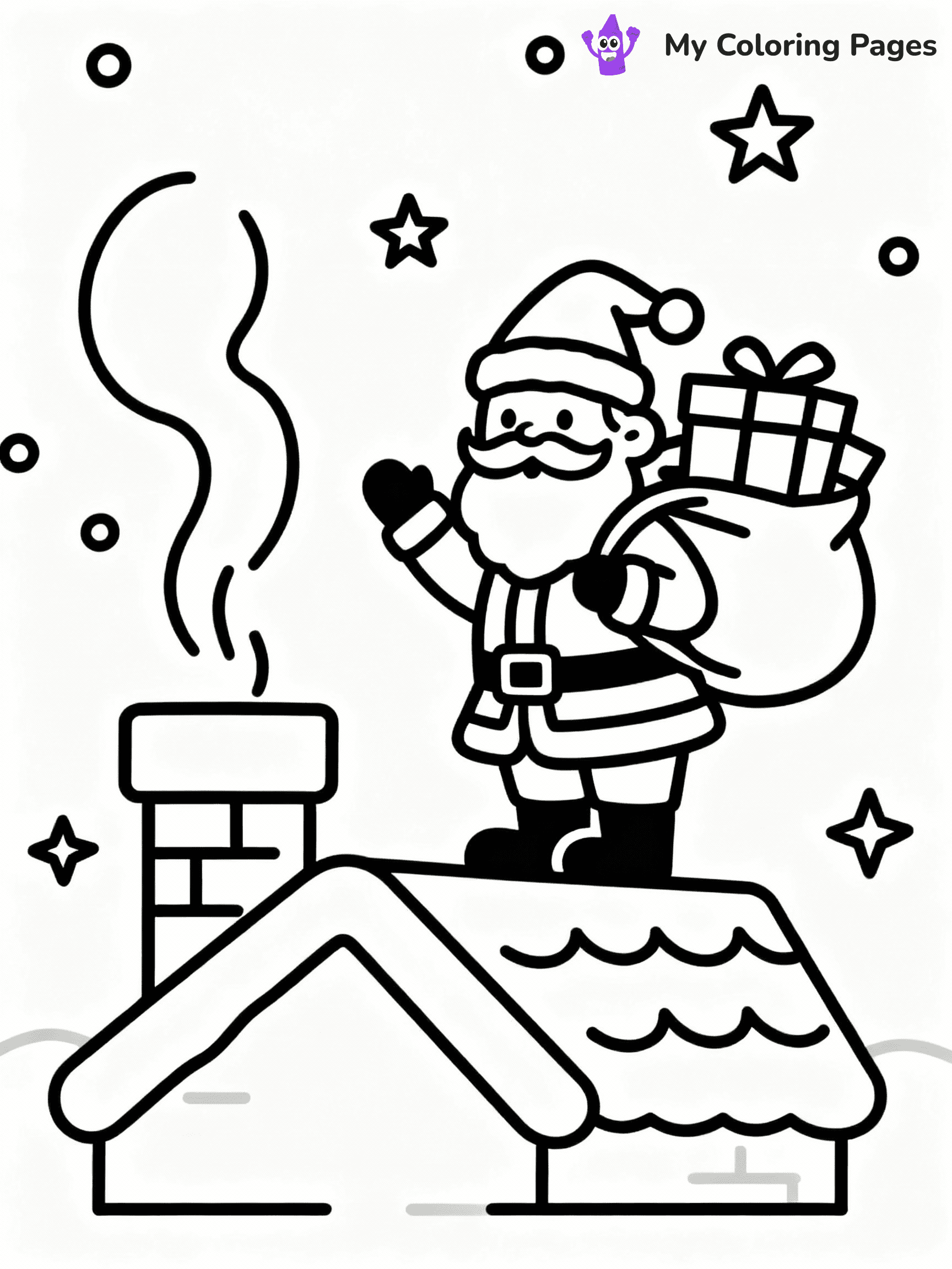 ⚠️ CRITICAL REQUIREMENT - ABSOLUTE BLACK AND WHITE ONLY ⚠️
This MUST be a BLACK AND WHITE line drawing ONLY. NO COLORS whatsoever.
- ONLY pure black lines (#000000) on pure white background (#FFFFFF)
- ABSOLUTELY NO colors, NO shading, NO gradients, NO grayscale
- If there are ANY colors in the output, the image is REJECTED
- This is a COLORING PAGE - meant to be COLORED IN by children
- The output must be UNCOLORED line art ready for coloring
⚠️ SUBJECT TO DRAW: Santa on a roof delivering gifts, chimney smoke rising, stars twinkling. Important: PURE OUTLINES. NO FILLS, COLOR, SHADING, OR GREYSCALE. WHITE BACKGROUND.
(REMEMBER: Output must be BLACK AND WHITE line art only, NOT colored!)
# Flat, Friendly Cartoon Line-Art Coloring Page
You are generating a **pure black-and-white binary image** of a child-friendly cartoon scene combining characters and background scenery in one cohesive composition.
## Rendering Rules (Strict)
- Only two colors: pure black (#000000) outlines and pure white (#FFFFFF) background.
- No grayscale, shading, gradients, tints, fills, transparency, or partial pixels.
- No antialiasing or blended edges; every pixel is 100% black or white.
- No solid black fills inside shapes — all areas inside outlines must remain white.
- No dark clothing areas or filled tone blocks; all garments outlined only.
- No shadows, textures, lighting, or tonal variations.
- Must look like flat binary vector line-art for coloring pages.
## Drawing & Composition
- **Medium, consistent line weight**; clean closed outlines easy to color inside.
- **Flat, simple, child-friendly design** — no realism or 3D depth.
- Characters are **grounded on a surface**, centered and large.
- **Balanced composition** with clear silhouettes and minimal props.
## Scenery & Style
- Landmarks (e.g., mosque, CN Tower) and scenery (trees, benches, waves) drawn with **black outlines only.**
- For real-world figures, teams, or places, show accurate details using only black outlines—no text or logos. Use distinctive uniform patterns, abstract symbols, and landmark silhouettes to convey identity.
- Keep **consistent perspective**; no floating elements.
- **Style:** whimsical **Doodle Art Alley** — rounded, friendly outlines.
- May adapt shapes from **Crayola, Disney, Peppa Pig, Cocomelon** — *by shape only, never color.*
- Final output: **flat, crisp, binary (#000000/#FFFFFF)**, **no filled color or background text.**
EXTREMELYE IMPORTANT:
- PURE BINARY LINE-ART; NO FILLS (HAIR/CLOTHES/SKIN), SHADING, OR GREY.
- NO SHADING, COLOR. MUST BE WHITE BACKGROUND.
⚠️ FINAL REMINDER: Draw the subject "Santa on a roof delivering gifts, chimney smoke rising, stars twinkling. Important: PURE OUTLINES. NO FILLS, COLOR, SHADING, OR GREYSCALE. WHITE BACKGROUND." as BLACK AND WHITE line art. Zero colors in output.