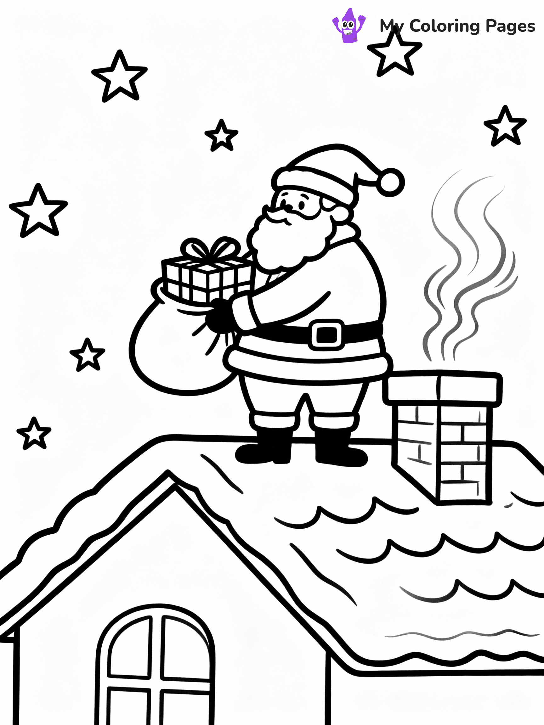 ⚠️ CRITICAL REQUIREMENT - ABSOLUTE BLACK AND WHITE ONLY ⚠️
This MUST be a BLACK AND WHITE line drawing ONLY. NO COLORS whatsoever.
- ONLY pure black lines (#000000) on pure white background (#FFFFFF)
- ABSOLUTELY NO colors, NO shading, NO gradients, NO grayscale
- If there are ANY colors in the output, the image is REJECTED
- This is a COLORING PAGE - meant to be COLORED IN by children
- The output must be UNCOLORED line art ready for coloring
⚠️ SUBJECT TO DRAW: Santa on a roof delivering gifts, chimney smoke rising, stars twinkling. Important: PURE OUTLINES. NO FILLS, COLOR, SHADING, OR GREYSCALE. WHITE BACKGROUND.
(REMEMBER: Output must be BLACK AND WHITE line art only, NOT colored!)
# Flat, Friendly Cartoon Line-Art Coloring Page
You are generating a **pure black-and-white binary image** of a child-friendly cartoon scene combining characters and background scenery in one cohesive composition.
## Rendering Rules (Strict)
- Only two colors: pure black (#000000) outlines and pure white (#FFFFFF) background.
- No grayscale, shading, gradients, tints, fills, transparency, or partial pixels.
- No antialiasing or blended edges; every pixel is 100% black or white.
- No solid black fills inside shapes — all areas inside outlines must remain white.
- No dark clothing areas or filled tone blocks; all garments outlined only.
- No shadows, textures, lighting, or tonal variations.
- Must look like flat binary vector line-art for coloring pages.
## Drawing & Composition
- **Medium, consistent line weight**; clean closed outlines easy to color inside.
- **Flat, simple, child-friendly design** — no realism or 3D depth.
- Characters are **grounded on a surface**, centered and large.
- **Balanced composition** with clear silhouettes and minimal props.
## Scenery & Style
- Landmarks (e.g., mosque, CN Tower) and scenery (trees, benches, waves) drawn with **black outlines only.**
- For real-world figures, teams, or places, show accurate details using only black outlines—no text or logos. Use distinctive uniform patterns, abstract symbols, and landmark silhouettes to convey identity.
- Keep **consistent perspective**; no floating elements.
- **Style:** whimsical **Doodle Art Alley** — rounded, friendly outlines.
- May adapt shapes from **Crayola, Disney, Peppa Pig, Cocomelon** — *by shape only, never color.*
- Final output: **flat, crisp, binary (#000000/#FFFFFF)**, **no filled color or background text.**
EXTREMELYE IMPORTANT:
- PURE BINARY LINE-ART; NO FILLS (HAIR/CLOTHES/SKIN), SHADING, OR GREY.
- NO SHADING, COLOR. MUST BE WHITE BACKGROUND.
⚠️ FINAL REMINDER: Draw the subject "Santa on a roof delivering gifts, chimney smoke rising, stars twinkling. Important: PURE OUTLINES. NO FILLS, COLOR, SHADING, OR GREYSCALE. WHITE BACKGROUND." as BLACK AND WHITE line art. Zero colors in output.