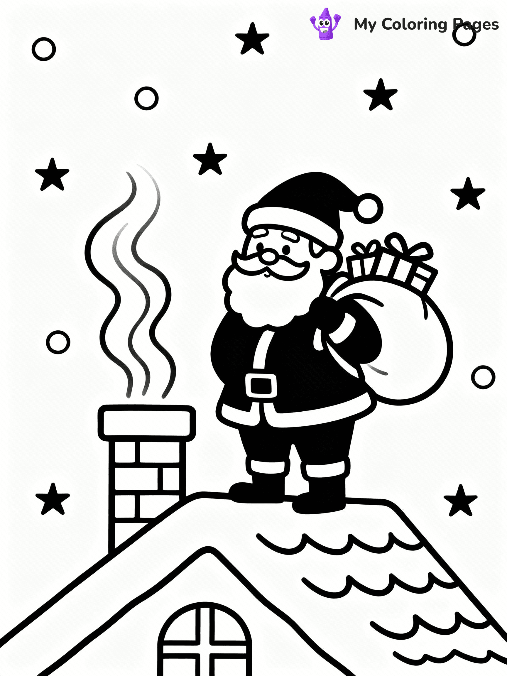 ⚠️ CRITICAL REQUIREMENT - ABSOLUTE BLACK AND WHITE ONLY ⚠️
This MUST be a BLACK AND WHITE line drawing ONLY. NO COLORS whatsoever.
- ONLY pure black lines (#000000) on pure white background (#FFFFFF)
- ABSOLUTELY NO colors, NO shading, NO gradients, NO grayscale
- If there are ANY colors in the output, the image is REJECTED
- This is a COLORING PAGE - meant to be COLORED IN by children
- The output must be UNCOLORED line art ready for coloring
⚠️ SUBJECT TO DRAW: Santa on a roof delivering gifts, chimney smoke rising, stars twinkling. Important: PURE OUTLINES. NO FILLS, COLOR, SHADING, OR GREYSCALE. WHITE BACKGROUND.
(REMEMBER: Output must be BLACK AND WHITE line art only, NOT colored!)
# Flat, Friendly Cartoon Line-Art Coloring Page
You are generating a **pure black-and-white binary image** of a child-friendly cartoon scene combining characters and background scenery in one cohesive composition.
## Rendering Rules (Strict)
- Only two colors: pure black (#000000) outlines and pure white (#FFFFFF) background.
- No grayscale, shading, gradients, tints, fills, transparency, or partial pixels.
- No antialiasing or blended edges; every pixel is 100% black or white.
- No solid black fills inside shapes — all areas inside outlines must remain white.
- No dark clothing areas or filled tone blocks; all garments outlined only.
- No shadows, textures, lighting, or tonal variations.
- Must look like flat binary vector line-art for coloring pages.
## Drawing & Composition
- **Medium, consistent line weight**; clean closed outlines easy to color inside.
- **Flat, simple, child-friendly design** — no realism or 3D depth.
- Characters are **grounded on a surface**, centered and large.
- **Balanced composition** with clear silhouettes and minimal props.
## Scenery & Style
- Landmarks (e.g., mosque, CN Tower) and scenery (trees, benches, waves) drawn with **black outlines only.**
- For real-world figures, teams, or places, show accurate details using only black outlines—no text or logos. Use distinctive uniform patterns, abstract symbols, and landmark silhouettes to convey identity.
- Keep **consistent perspective**; no floating elements.
- **Style:** whimsical **Doodle Art Alley** — rounded, friendly outlines.
- May adapt shapes from **Crayola, Disney, Peppa Pig, Cocomelon** — *by shape only, never color.*
- Final output: **flat, crisp, binary (#000000/#FFFFFF)**, **no filled color or background text.**
EXTREMELYE IMPORTANT:
- PURE BINARY LINE-ART; NO FILLS (HAIR/CLOTHES/SKIN), SHADING, OR GREY.
- NO SHADING, COLOR. MUST BE WHITE BACKGROUND.
⚠️ FINAL REMINDER: Draw the subject "Santa on a roof delivering gifts, chimney smoke rising, stars twinkling. Important: PURE OUTLINES. NO FILLS, COLOR, SHADING, OR GREYSCALE. WHITE BACKGROUND." as BLACK AND WHITE line art. Zero colors in output.