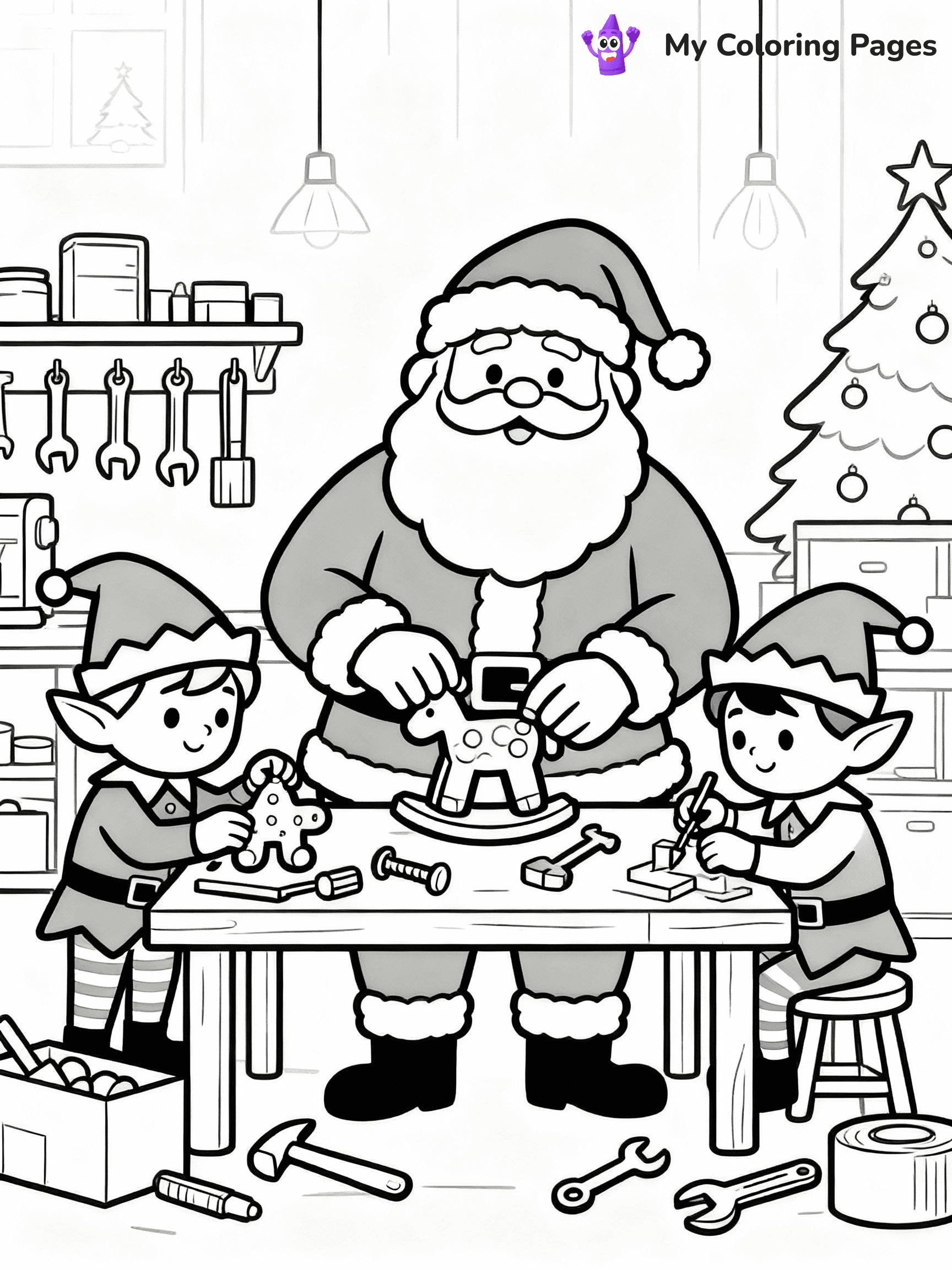 ⚠️ CRITICAL REQUIREMENT - ABSOLUTE BLACK AND WHITE ONLY ⚠️
This MUST be a BLACK AND WHITE line drawing ONLY. NO COLORS whatsoever.
- ONLY pure black lines (#000000) on pure white background (#FFFFFF)
- ABSOLUTELY NO colors, NO shading, NO gradients, NO grayscale
- If there are ANY colors in the output, the image is REJECTED
- This is a COLORING PAGE - meant to be COLORED IN by children
- The output must be UNCOLORED line art ready for coloring
⚠️ SUBJECT TO DRAW: Santa in his workshop, elves working with toys, tools scattered. Important: PURE OUTLINES. NO FILLS, COLOR, SHADING, OR GREYSCALE. WHITE BACKGROUND.
(REMEMBER: Output must be BLACK AND WHITE line art only, NOT colored!)
# Flat, Friendly Cartoon Line-Art Coloring Page
You are generating a **pure black-and-white binary image** of a child-friendly cartoon scene combining characters and background scenery in one cohesive composition.
## Rendering Rules (Strict)
- Only two colors: pure black (#000000) outlines and pure white (#FFFFFF) background.
- No grayscale, shading, gradients, tints, fills, transparency, or partial pixels.
- No antialiasing or blended edges; every pixel is 100% black or white.
- No solid black fills inside shapes — all areas inside outlines must remain white.
- No dark clothing areas or filled tone blocks; all garments outlined only.
- No shadows, textures, lighting, or tonal variations.
- Must look like flat binary vector line-art for coloring pages.
## Drawing & Composition
- **Medium, consistent line weight**; clean closed outlines easy to color inside.
- **Flat, simple, child-friendly design** — no realism or 3D depth.
- Characters are **grounded on a surface**, centered and large.
- **Balanced composition** with clear silhouettes and minimal props.
## Scenery & Style
- Landmarks (e.g., mosque, CN Tower) and scenery (trees, benches, waves) drawn with **black outlines only.**
- For real-world figures, teams, or places, show accurate details using only black outlines—no text or logos. Use distinctive uniform patterns, abstract symbols, and landmark silhouettes to convey identity.
- Keep **consistent perspective**; no floating elements.
- **Style:** whimsical **Doodle Art Alley** — rounded, friendly outlines.
- May adapt shapes from **Crayola, Disney, Peppa Pig, Cocomelon** — *by shape only, never color.*
- Final output: **flat, crisp, binary (#000000/#FFFFFF)**, **no filled color or background text.**
EXTREMELYE IMPORTANT:
- PURE BINARY LINE-ART; NO FILLS (HAIR/CLOTHES/SKIN), SHADING, OR GREY.
- NO SHADING, COLOR. MUST BE WHITE BACKGROUND.
⚠️ FINAL REMINDER: Draw the subject "Santa in his workshop, elves working with toys, tools scattered. Important: PURE OUTLINES. NO FILLS, COLOR, SHADING, OR GREYSCALE. WHITE BACKGROUND." as BLACK AND WHITE line art. Zero colors in output.