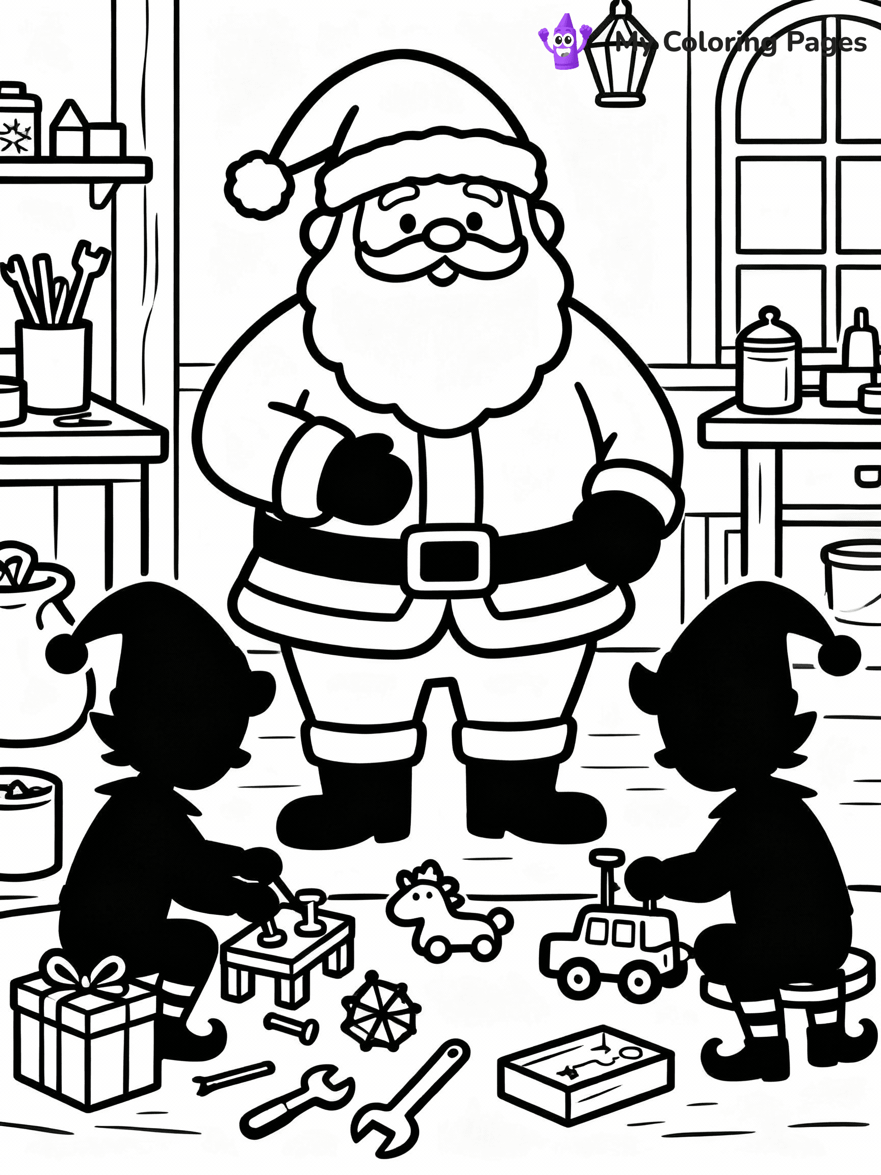 ⚠️ CRITICAL REQUIREMENT - ABSOLUTE BLACK AND WHITE ONLY ⚠️
This MUST be a BLACK AND WHITE line drawing ONLY. NO COLORS whatsoever.
- ONLY pure black lines (#000000) on pure white background (#FFFFFF)
- ABSOLUTELY NO colors, NO shading, NO gradients, NO grayscale
- If there are ANY colors in the output, the image is REJECTED
- This is a COLORING PAGE - meant to be COLORED IN by children
- The output must be UNCOLORED line art ready for coloring
⚠️ SUBJECT TO DRAW: Santa in his workshop, elves working with toys, tools scattered. Important: PURE OUTLINES. NO FILLS, COLOR, SHADING, OR GREYSCALE. WHITE BACKGROUND.
(REMEMBER: Output must be BLACK AND WHITE line art only, NOT colored!)
# Flat, Friendly Cartoon Line-Art Coloring Page
You are generating a **pure black-and-white binary image** of a child-friendly cartoon scene combining characters and background scenery in one cohesive composition.
## Rendering Rules (Strict)
- Only two colors: pure black (#000000) outlines and pure white (#FFFFFF) background.
- No grayscale, shading, gradients, tints, fills, transparency, or partial pixels.
- No antialiasing or blended edges; every pixel is 100% black or white.
- No solid black fills inside shapes — all areas inside outlines must remain white.
- No dark clothing areas or filled tone blocks; all garments outlined only.
- No shadows, textures, lighting, or tonal variations.
- Must look like flat binary vector line-art for coloring pages.
## Drawing & Composition
- **Medium, consistent line weight**; clean closed outlines easy to color inside.
- **Flat, simple, child-friendly design** — no realism or 3D depth.
- Characters are **grounded on a surface**, centered and large.
- **Balanced composition** with clear silhouettes and minimal props.
## Scenery & Style
- Landmarks (e.g., mosque, CN Tower) and scenery (trees, benches, waves) drawn with **black outlines only.**
- For real-world figures, teams, or places, show accurate details using only black outlines—no text or logos. Use distinctive uniform patterns, abstract symbols, and landmark silhouettes to convey identity.
- Keep **consistent perspective**; no floating elements.
- **Style:** whimsical **Doodle Art Alley** — rounded, friendly outlines.
- May adapt shapes from **Crayola, Disney, Peppa Pig, Cocomelon** — *by shape only, never color.*
- Final output: **flat, crisp, binary (#000000/#FFFFFF)**, **no filled color or background text.**
EXTREMELYE IMPORTANT:
- PURE BINARY LINE-ART; NO FILLS (HAIR/CLOTHES/SKIN), SHADING, OR GREY.
- NO SHADING, COLOR. MUST BE WHITE BACKGROUND.
⚠️ FINAL REMINDER: Draw the subject "Santa in his workshop, elves working with toys, tools scattered. Important: PURE OUTLINES. NO FILLS, COLOR, SHADING, OR GREYSCALE. WHITE BACKGROUND." as BLACK AND WHITE line art. Zero colors in output.