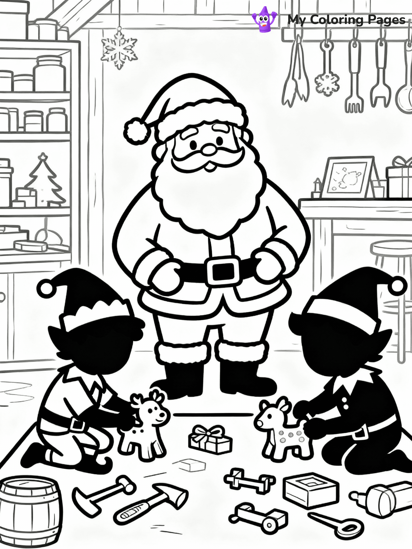 ⚠️ CRITICAL REQUIREMENT - ABSOLUTE BLACK AND WHITE ONLY ⚠️
This MUST be a BLACK AND WHITE line drawing ONLY. NO COLORS whatsoever.
- ONLY pure black lines (#000000) on pure white background (#FFFFFF)
- ABSOLUTELY NO colors, NO shading, NO gradients, NO grayscale
- If there are ANY colors in the output, the image is REJECTED
- This is a COLORING PAGE - meant to be COLORED IN by children
- The output must be UNCOLORED line art ready for coloring
⚠️ SUBJECT TO DRAW: Santa in his workshop, elves working with toys, tools scattered. Important: PURE OUTLINES. NO FILLS, COLOR, SHADING, OR GREYSCALE. WHITE BACKGROUND.
(REMEMBER: Output must be BLACK AND WHITE line art only, NOT colored!)
# Flat, Friendly Cartoon Line-Art Coloring Page
You are generating a **pure black-and-white binary image** of a child-friendly cartoon scene combining characters and background scenery in one cohesive composition.
## Rendering Rules (Strict)
- Only two colors: pure black (#000000) outlines and pure white (#FFFFFF) background.
- No grayscale, shading, gradients, tints, fills, transparency, or partial pixels.
- No antialiasing or blended edges; every pixel is 100% black or white.
- No solid black fills inside shapes — all areas inside outlines must remain white.
- No dark clothing areas or filled tone blocks; all garments outlined only.
- No shadows, textures, lighting, or tonal variations.
- Must look like flat binary vector line-art for coloring pages.
## Drawing & Composition
- **Medium, consistent line weight**; clean closed outlines easy to color inside.
- **Flat, simple, child-friendly design** — no realism or 3D depth.
- Characters are **grounded on a surface**, centered and large.
- **Balanced composition** with clear silhouettes and minimal props.
## Scenery & Style
- Landmarks (e.g., mosque, CN Tower) and scenery (trees, benches, waves) drawn with **black outlines only.**
- For real-world figures, teams, or places, show accurate details using only black outlines—no text or logos. Use distinctive uniform patterns, abstract symbols, and landmark silhouettes to convey identity.
- Keep **consistent perspective**; no floating elements.
- **Style:** whimsical **Doodle Art Alley** — rounded, friendly outlines.
- May adapt shapes from **Crayola, Disney, Peppa Pig, Cocomelon** — *by shape only, never color.*
- Final output: **flat, crisp, binary (#000000/#FFFFFF)**, **no filled color or background text.**
EXTREMELYE IMPORTANT:
- PURE BINARY LINE-ART; NO FILLS (HAIR/CLOTHES/SKIN), SHADING, OR GREY.
- NO SHADING, COLOR. MUST BE WHITE BACKGROUND.
⚠️ FINAL REMINDER: Draw the subject "Santa in his workshop, elves working with toys, tools scattered. Important: PURE OUTLINES. NO FILLS, COLOR, SHADING, OR GREYSCALE. WHITE BACKGROUND." as BLACK AND WHITE line art. Zero colors in output.