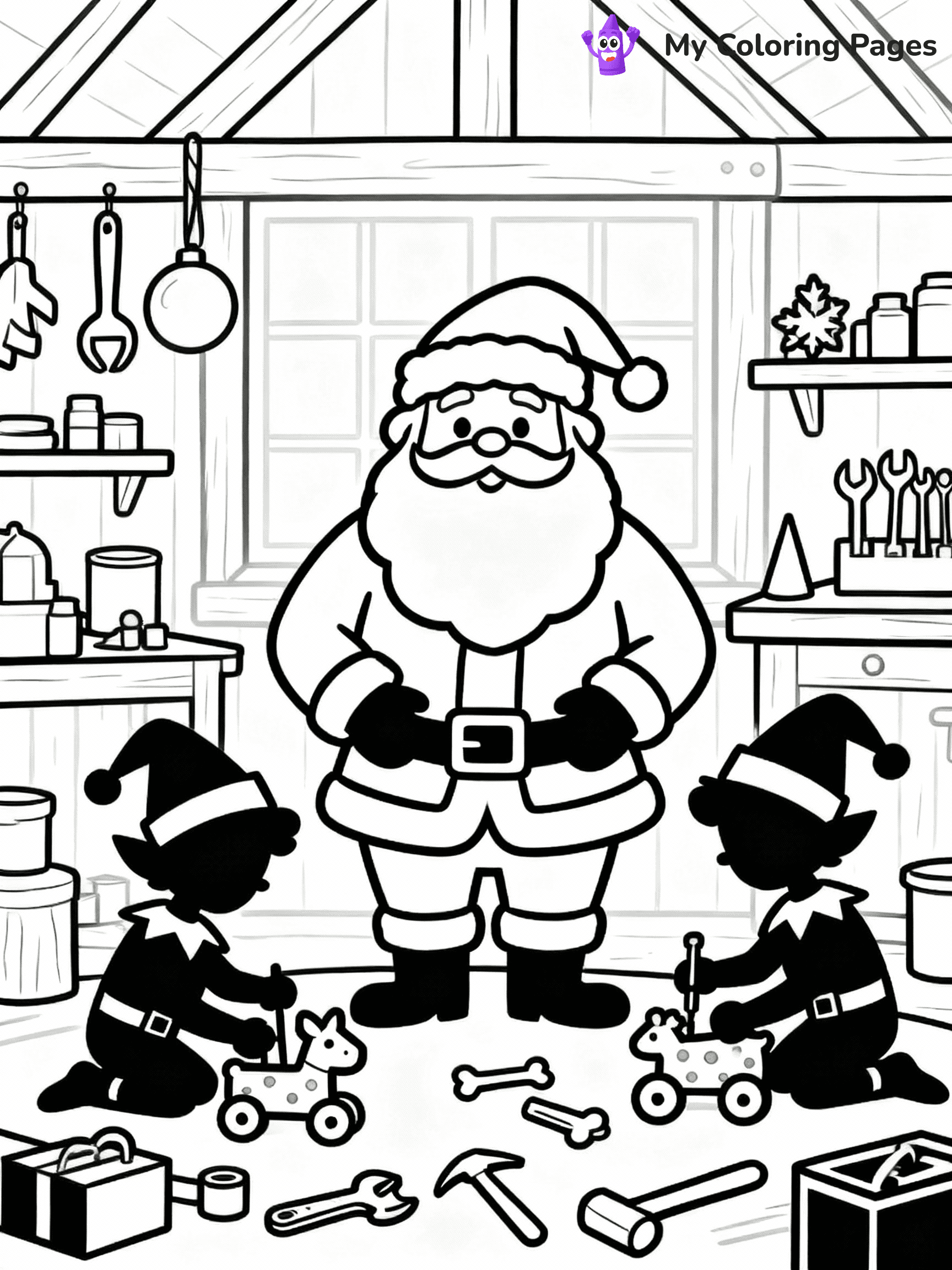 ⚠️ CRITICAL REQUIREMENT - ABSOLUTE BLACK AND WHITE ONLY ⚠️
This MUST be a BLACK AND WHITE line drawing ONLY. NO COLORS whatsoever.
- ONLY pure black lines (#000000) on pure white background (#FFFFFF)
- ABSOLUTELY NO colors, NO shading, NO gradients, NO grayscale
- If there are ANY colors in the output, the image is REJECTED
- This is a COLORING PAGE - meant to be COLORED IN by children
- The output must be UNCOLORED line art ready for coloring
⚠️ SUBJECT TO DRAW: Santa in his workshop, elves working with toys, tools scattered. Important: PURE OUTLINES. NO FILLS, COLOR, SHADING, OR GREYSCALE. WHITE BACKGROUND.
(REMEMBER: Output must be BLACK AND WHITE line art only, NOT colored!)
# Flat, Friendly Cartoon Line-Art Coloring Page
You are generating a **pure black-and-white binary image** of a child-friendly cartoon scene combining characters and background scenery in one cohesive composition.
## Rendering Rules (Strict)
- Only two colors: pure black (#000000) outlines and pure white (#FFFFFF) background.
- No grayscale, shading, gradients, tints, fills, transparency, or partial pixels.
- No antialiasing or blended edges; every pixel is 100% black or white.
- No solid black fills inside shapes — all areas inside outlines must remain white.
- No dark clothing areas or filled tone blocks; all garments outlined only.
- No shadows, textures, lighting, or tonal variations.
- Must look like flat binary vector line-art for coloring pages.
## Drawing & Composition
- **Medium, consistent line weight**; clean closed outlines easy to color inside.
- **Flat, simple, child-friendly design** — no realism or 3D depth.
- Characters are **grounded on a surface**, centered and large.
- **Balanced composition** with clear silhouettes and minimal props.
## Scenery & Style
- Landmarks (e.g., mosque, CN Tower) and scenery (trees, benches, waves) drawn with **black outlines only.**
- For real-world figures, teams, or places, show accurate details using only black outlines—no text or logos. Use distinctive uniform patterns, abstract symbols, and landmark silhouettes to convey identity.
- Keep **consistent perspective**; no floating elements.
- **Style:** whimsical **Doodle Art Alley** — rounded, friendly outlines.
- May adapt shapes from **Crayola, Disney, Peppa Pig, Cocomelon** — *by shape only, never color.*
- Final output: **flat, crisp, binary (#000000/#FFFFFF)**, **no filled color or background text.**
EXTREMELYE IMPORTANT:
- PURE BINARY LINE-ART; NO FILLS (HAIR/CLOTHES/SKIN), SHADING, OR GREY.
- NO SHADING, COLOR. MUST BE WHITE BACKGROUND.
⚠️ FINAL REMINDER: Draw the subject "Santa in his workshop, elves working with toys, tools scattered. Important: PURE OUTLINES. NO FILLS, COLOR, SHADING, OR GREYSCALE. WHITE BACKGROUND." as BLACK AND WHITE line art. Zero colors in output.
