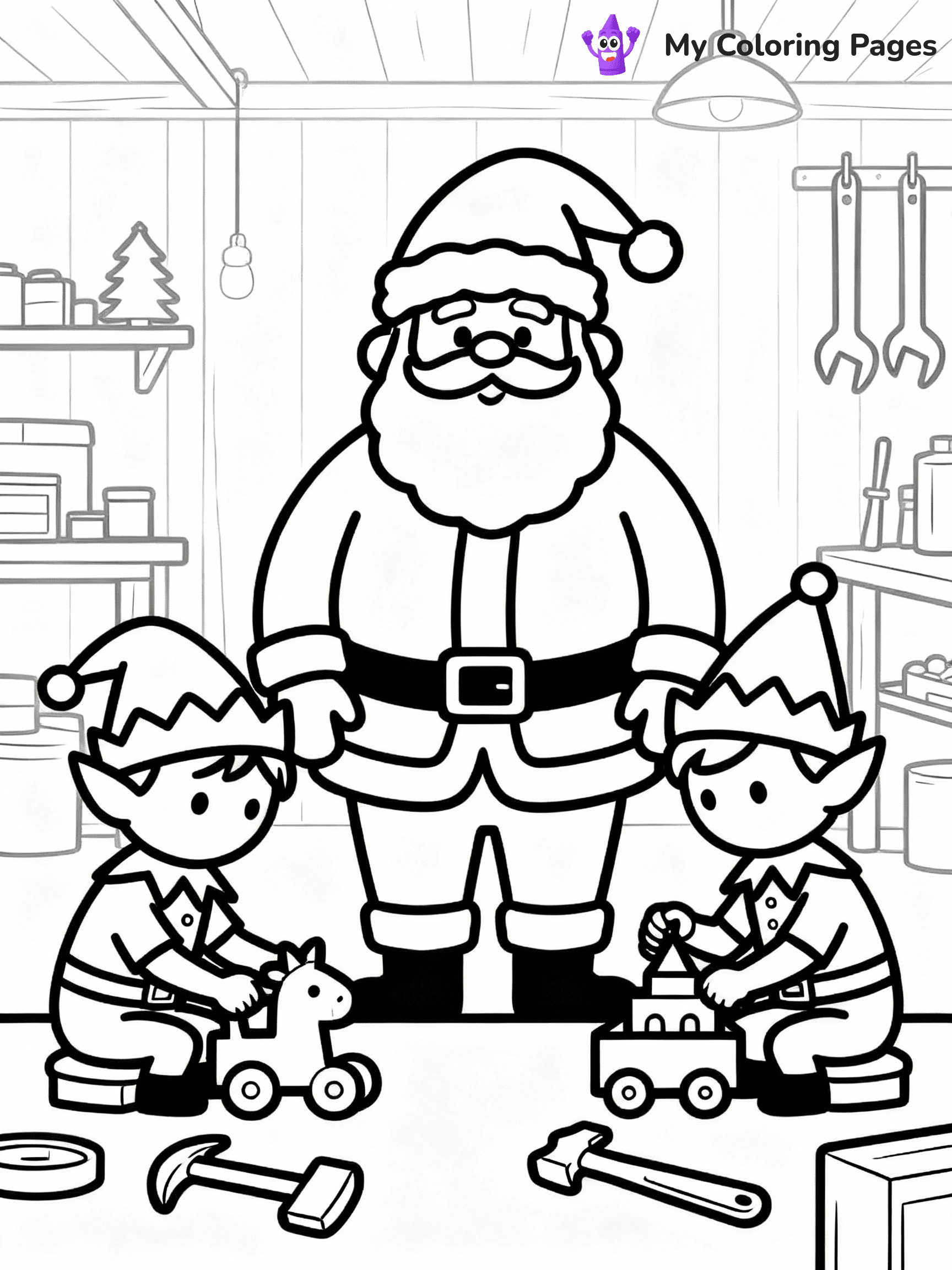 ⚠️ CRITICAL REQUIREMENT - ABSOLUTE BLACK AND WHITE ONLY ⚠️
This MUST be a BLACK AND WHITE line drawing ONLY. NO COLORS whatsoever.
- ONLY pure black lines (#000000) on pure white background (#FFFFFF)
- ABSOLUTELY NO colors, NO shading, NO gradients, NO grayscale
- If there are ANY colors in the output, the image is REJECTED
- This is a COLORING PAGE - meant to be COLORED IN by children
- The output must be UNCOLORED line art ready for coloring
⚠️ SUBJECT TO DRAW: Santa in his workshop, elves working with toys, tools scattered. Important: PURE OUTLINES. NO FILLS, COLOR, SHADING, OR GREYSCALE. WHITE BACKGROUND.
(REMEMBER: Output must be BLACK AND WHITE line art only, NOT colored!)
# Flat, Friendly Cartoon Line-Art Coloring Page
You are generating a **pure black-and-white binary image** of a child-friendly cartoon scene combining characters and background scenery in one cohesive composition.
## Rendering Rules (Strict)
- Only two colors: pure black (#000000) outlines and pure white (#FFFFFF) background.
- No grayscale, shading, gradients, tints, fills, transparency, or partial pixels.
- No antialiasing or blended edges; every pixel is 100% black or white.
- No solid black fills inside shapes — all areas inside outlines must remain white.
- No dark clothing areas or filled tone blocks; all garments outlined only.
- No shadows, textures, lighting, or tonal variations.
- Must look like flat binary vector line-art for coloring pages.
## Drawing & Composition
- **Medium, consistent line weight**; clean closed outlines easy to color inside.
- **Flat, simple, child-friendly design** — no realism or 3D depth.
- Characters are **grounded on a surface**, centered and large.
- **Balanced composition** with clear silhouettes and minimal props.
## Scenery & Style
- Landmarks (e.g., mosque, CN Tower) and scenery (trees, benches, waves) drawn with **black outlines only.**
- For real-world figures, teams, or places, show accurate details using only black outlines—no text or logos. Use distinctive uniform patterns, abstract symbols, and landmark silhouettes to convey identity.
- Keep **consistent perspective**; no floating elements.
- **Style:** whimsical **Doodle Art Alley** — rounded, friendly outlines.
- May adapt shapes from **Crayola, Disney, Peppa Pig, Cocomelon** — *by shape only, never color.*
- Final output: **flat, crisp, binary (#000000/#FFFFFF)**, **no filled color or background text.**
EXTREMELYE IMPORTANT:
- PURE BINARY LINE-ART; NO FILLS (HAIR/CLOTHES/SKIN), SHADING, OR GREY.
- NO SHADING, COLOR. MUST BE WHITE BACKGROUND.
⚠️ FINAL REMINDER: Draw the subject "Santa in his workshop, elves working with toys, tools scattered. Important: PURE OUTLINES. NO FILLS, COLOR, SHADING, OR GREYSCALE. WHITE BACKGROUND." as BLACK AND WHITE line art. Zero colors in output.