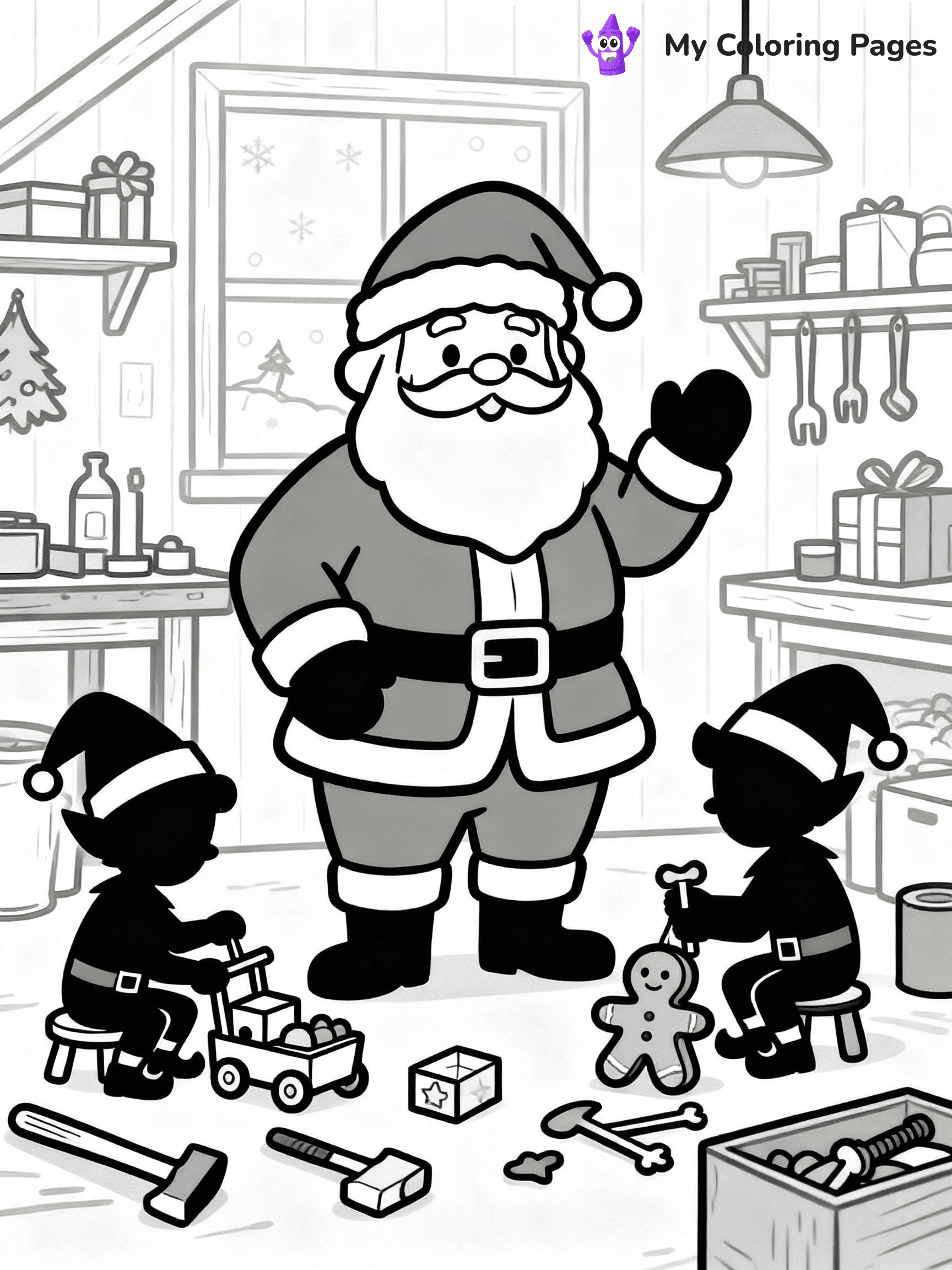 ⚠️ CRITICAL REQUIREMENT - ABSOLUTE BLACK AND WHITE ONLY ⚠️
This MUST be a BLACK AND WHITE line drawing ONLY. NO COLORS whatsoever.
- ONLY pure black lines (#000000) on pure white background (#FFFFFF)
- ABSOLUTELY NO colors, NO shading, NO gradients, NO grayscale
- If there are ANY colors in the output, the image is REJECTED
- This is a COLORING PAGE - meant to be COLORED IN by children
- The output must be UNCOLORED line art ready for coloring
⚠️ SUBJECT TO DRAW: Santa in his workshop, elves working with toys, tools scattered. Important: PURE OUTLINES. NO FILLS, COLOR, SHADING, OR GREYSCALE. WHITE BACKGROUND.
(REMEMBER: Output must be BLACK AND WHITE line art only, NOT colored!)
# Flat, Friendly Cartoon Line-Art Coloring Page
You are generating a **pure black-and-white binary image** of a child-friendly cartoon scene combining characters and background scenery in one cohesive composition.
## Rendering Rules (Strict)
- Only two colors: pure black (#000000) outlines and pure white (#FFFFFF) background.
- No grayscale, shading, gradients, tints, fills, transparency, or partial pixels.
- No antialiasing or blended edges; every pixel is 100% black or white.
- No solid black fills inside shapes — all areas inside outlines must remain white.
- No dark clothing areas or filled tone blocks; all garments outlined only.
- No shadows, textures, lighting, or tonal variations.
- Must look like flat binary vector line-art for coloring pages.
## Drawing & Composition
- **Medium, consistent line weight**; clean closed outlines easy to color inside.
- **Flat, simple, child-friendly design** — no realism or 3D depth.
- Characters are **grounded on a surface**, centered and large.
- **Balanced composition** with clear silhouettes and minimal props.
## Scenery & Style
- Landmarks (e.g., mosque, CN Tower) and scenery (trees, benches, waves) drawn with **black outlines only.**
- For real-world figures, teams, or places, show accurate details using only black outlines—no text or logos. Use distinctive uniform patterns, abstract symbols, and landmark silhouettes to convey identity.
- Keep **consistent perspective**; no floating elements.
- **Style:** whimsical **Doodle Art Alley** — rounded, friendly outlines.
- May adapt shapes from **Crayola, Disney, Peppa Pig, Cocomelon** — *by shape only, never color.*
- Final output: **flat, crisp, binary (#000000/#FFFFFF)**, **no filled color or background text.**
EXTREMELYE IMPORTANT:
- PURE BINARY LINE-ART; NO FILLS (HAIR/CLOTHES/SKIN), SHADING, OR GREY.
- NO SHADING, COLOR. MUST BE WHITE BACKGROUND.
⚠️ FINAL REMINDER: Draw the subject "Santa in his workshop, elves working with toys, tools scattered. Important: PURE OUTLINES. NO FILLS, COLOR, SHADING, OR GREYSCALE. WHITE BACKGROUND." as BLACK AND WHITE line art. Zero colors in output.