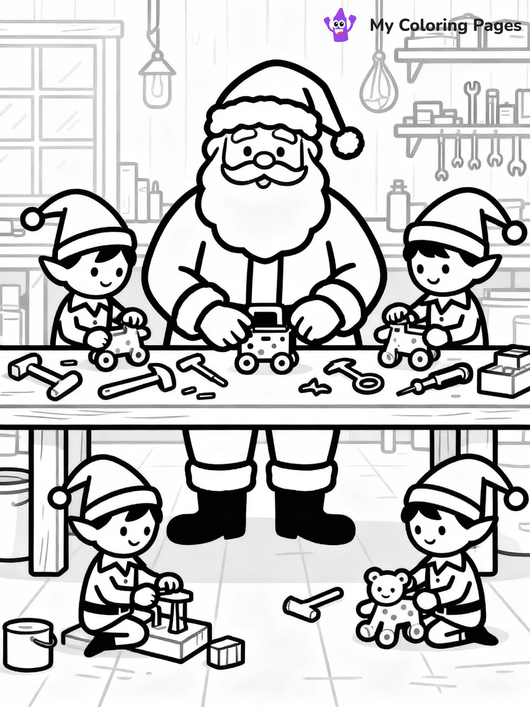 ⚠️ CRITICAL REQUIREMENT - ABSOLUTE BLACK AND WHITE ONLY ⚠️
This MUST be a BLACK AND WHITE line drawing ONLY. NO COLORS whatsoever.
- ONLY pure black lines (#000000) on pure white background (#FFFFFF)
- ABSOLUTELY NO colors, NO shading, NO gradients, NO grayscale
- If there are ANY colors in the output, the image is REJECTED
- This is a COLORING PAGE - meant to be COLORED IN by children
- The output must be UNCOLORED line art ready for coloring
⚠️ SUBJECT TO DRAW: Santa in his workshop, elves working with toys, tools scattered. Important: PURE OUTLINES. NO FILLS, COLOR, SHADING, OR GREYSCALE. WHITE BACKGROUND.
(REMEMBER: Output must be BLACK AND WHITE line art only, NOT colored!)
# Flat, Friendly Cartoon Line-Art Coloring Page
You are generating a **pure black-and-white binary image** of a child-friendly cartoon scene combining characters and background scenery in one cohesive composition.
## Rendering Rules (Strict)
- Only two colors: pure black (#000000) outlines and pure white (#FFFFFF) background.
- No grayscale, shading, gradients, tints, fills, transparency, or partial pixels.
- No antialiasing or blended edges; every pixel is 100% black or white.
- No solid black fills inside shapes — all areas inside outlines must remain white.
- No dark clothing areas or filled tone blocks; all garments outlined only.
- No shadows, textures, lighting, or tonal variations.
- Must look like flat binary vector line-art for coloring pages.
## Drawing & Composition
- **Medium, consistent line weight**; clean closed outlines easy to color inside.
- **Flat, simple, child-friendly design** — no realism or 3D depth.
- Characters are **grounded on a surface**, centered and large.
- **Balanced composition** with clear silhouettes and minimal props.
## Scenery & Style
- Landmarks (e.g., mosque, CN Tower) and scenery (trees, benches, waves) drawn with **black outlines only.**
- For real-world figures, teams, or places, show accurate details using only black outlines—no text or logos. Use distinctive uniform patterns, abstract symbols, and landmark silhouettes to convey identity.
- Keep **consistent perspective**; no floating elements.
- **Style:** whimsical **Doodle Art Alley** — rounded, friendly outlines.
- May adapt shapes from **Crayola, Disney, Peppa Pig, Cocomelon** — *by shape only, never color.*
- Final output: **flat, crisp, binary (#000000/#FFFFFF)**, **no filled color or background text.**
EXTREMELYE IMPORTANT:
- PURE BINARY LINE-ART; NO FILLS (HAIR/CLOTHES/SKIN), SHADING, OR GREY.
- NO SHADING, COLOR. MUST BE WHITE BACKGROUND.
⚠️ FINAL REMINDER: Draw the subject "Santa in his workshop, elves working with toys, tools scattered. Important: PURE OUTLINES. NO FILLS, COLOR, SHADING, OR GREYSCALE. WHITE BACKGROUND." as BLACK AND WHITE line art. Zero colors in output.