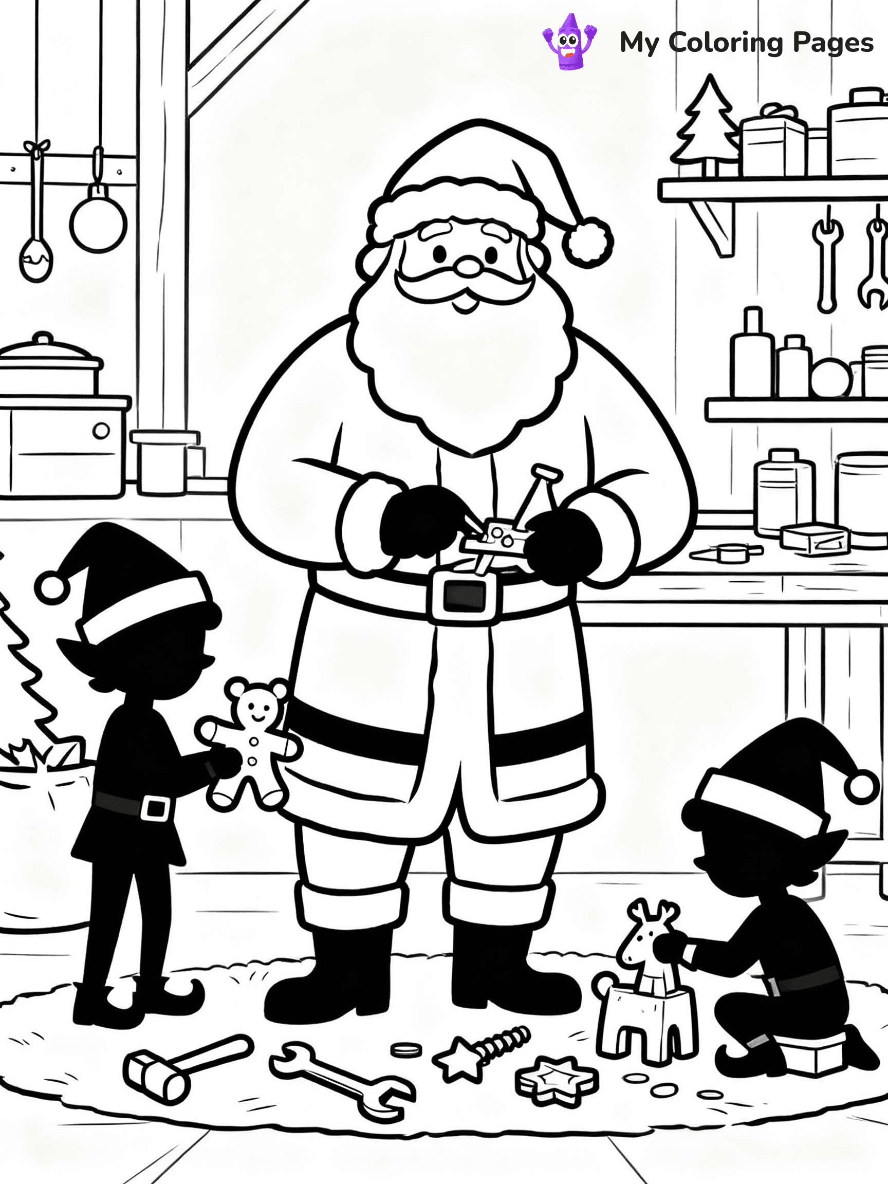 ⚠️ CRITICAL REQUIREMENT - ABSOLUTE BLACK AND WHITE ONLY ⚠️
This MUST be a BLACK AND WHITE line drawing ONLY. NO COLORS whatsoever.
- ONLY pure black lines (#000000) on pure white background (#FFFFFF)
- ABSOLUTELY NO colors, NO shading, NO gradients, NO grayscale
- If there are ANY colors in the output, the image is REJECTED
- This is a COLORING PAGE - meant to be COLORED IN by children
- The output must be UNCOLORED line art ready for coloring
⚠️ SUBJECT TO DRAW: Santa in his workshop, elves working with toys, tools scattered. Important: PURE OUTLINES. NO FILLS, COLOR, SHADING, OR GREYSCALE. WHITE BACKGROUND.
(REMEMBER: Output must be BLACK AND WHITE line art only, NOT colored!)
# Flat, Friendly Cartoon Line-Art Coloring Page
You are generating a **pure black-and-white binary image** of a child-friendly cartoon scene combining characters and background scenery in one cohesive composition.
## Rendering Rules (Strict)
- Only two colors: pure black (#000000) outlines and pure white (#FFFFFF) background.
- No grayscale, shading, gradients, tints, fills, transparency, or partial pixels.
- No antialiasing or blended edges; every pixel is 100% black or white.
- No solid black fills inside shapes — all areas inside outlines must remain white.
- No dark clothing areas or filled tone blocks; all garments outlined only.
- No shadows, textures, lighting, or tonal variations.
- Must look like flat binary vector line-art for coloring pages.
## Drawing & Composition
- **Medium, consistent line weight**; clean closed outlines easy to color inside.
- **Flat, simple, child-friendly design** — no realism or 3D depth.
- Characters are **grounded on a surface**, centered and large.
- **Balanced composition** with clear silhouettes and minimal props.
## Scenery & Style
- Landmarks (e.g., mosque, CN Tower) and scenery (trees, benches, waves) drawn with **black outlines only.**
- For real-world figures, teams, or places, show accurate details using only black outlines—no text or logos. Use distinctive uniform patterns, abstract symbols, and landmark silhouettes to convey identity.
- Keep **consistent perspective**; no floating elements.
- **Style:** whimsical **Doodle Art Alley** — rounded, friendly outlines.
- May adapt shapes from **Crayola, Disney, Peppa Pig, Cocomelon** — *by shape only, never color.*
- Final output: **flat, crisp, binary (#000000/#FFFFFF)**, **no filled color or background text.**
EXTREMELYE IMPORTANT:
- PURE BINARY LINE-ART; NO FILLS (HAIR/CLOTHES/SKIN), SHADING, OR GREY.
- NO SHADING, COLOR. MUST BE WHITE BACKGROUND.
⚠️ FINAL REMINDER: Draw the subject "Santa in his workshop, elves working with toys, tools scattered. Important: PURE OUTLINES. NO FILLS, COLOR, SHADING, OR GREYSCALE. WHITE BACKGROUND." as BLACK AND WHITE line art. Zero colors in output.