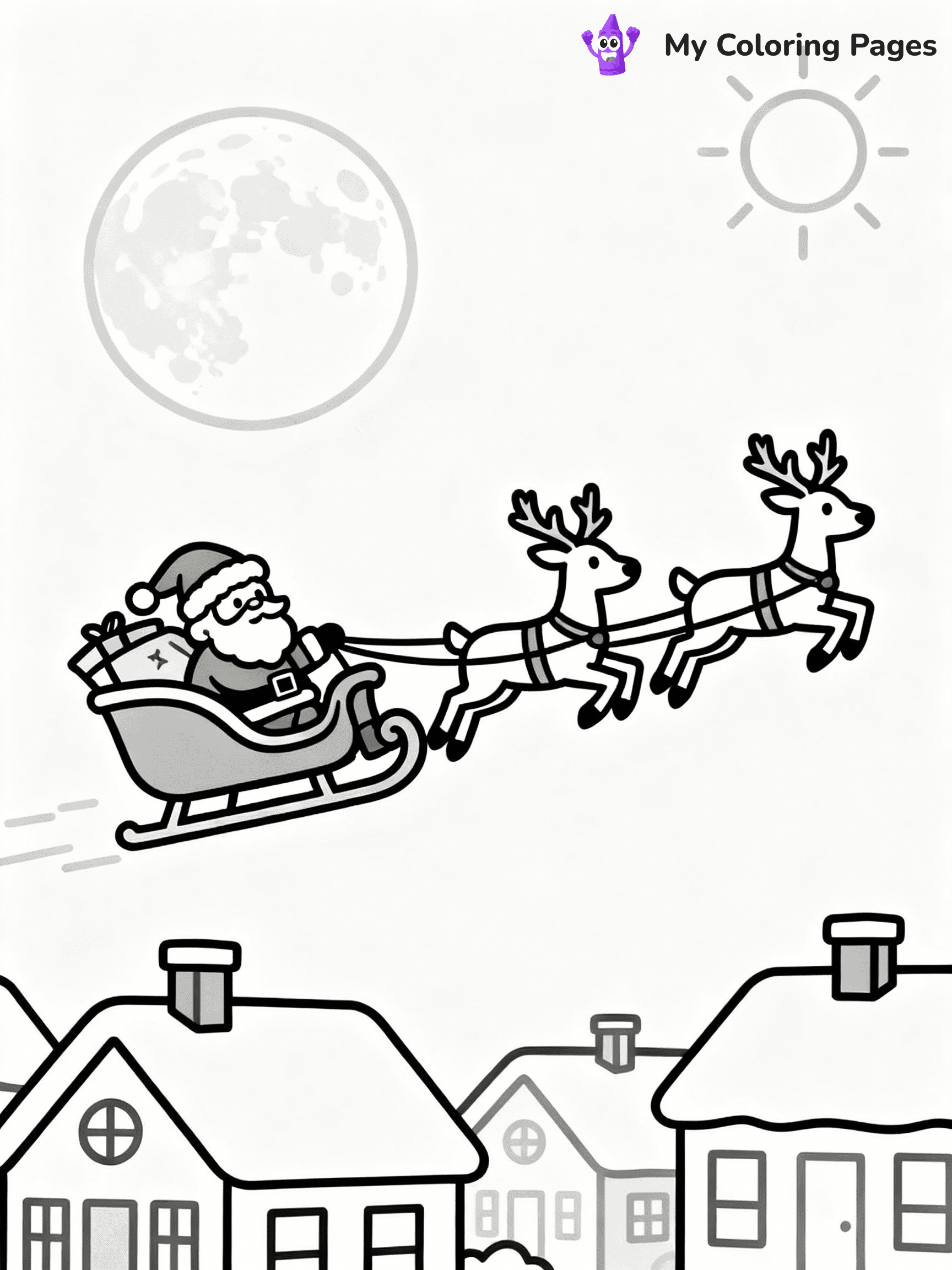 ⚠️ CRITICAL REQUIREMENT - ABSOLUTE BLACK AND WHITE ONLY ⚠️
This MUST be a BLACK AND WHITE line drawing ONLY. NO COLORS whatsoever.
- ONLY pure black lines (#000000) on pure white background (#FFFFFF)
- ABSOLUTELY NO colors, NO shading, NO gradients, NO grayscale
- If there are ANY colors in the output, the image is REJECTED
- This is a COLORING PAGE - meant to be COLORED IN by children
- The output must be UNCOLORED line art ready for coloring
⚠️ SUBJECT TO DRAW: Santa in his sleigh led by reindeer, flying over rooftops, moon shining. Important: PURE OUTLINES. NO FILLS, COLOR, SHADING, OR GREYSCALE. WHITE BACKGROUND.
(REMEMBER: Output must be BLACK AND WHITE line art only, NOT colored!)
# Flat, Friendly Cartoon Line-Art Coloring Page
You are generating a **pure black-and-white binary image** of a child-friendly cartoon scene combining characters and background scenery in one cohesive composition.
## Rendering Rules (Strict)
- Only two colors: pure black (#000000) outlines and pure white (#FFFFFF) background.
- No grayscale, shading, gradients, tints, fills, transparency, or partial pixels.
- No antialiasing or blended edges; every pixel is 100% black or white.
- No solid black fills inside shapes — all areas inside outlines must remain white.
- No dark clothing areas or filled tone blocks; all garments outlined only.
- No shadows, textures, lighting, or tonal variations.
- Must look like flat binary vector line-art for coloring pages.
## Drawing & Composition
- **Medium, consistent line weight**; clean closed outlines easy to color inside.
- **Flat, simple, child-friendly design** — no realism or 3D depth.
- Characters are **grounded on a surface**, centered and large.
- **Balanced composition** with clear silhouettes and minimal props.
## Scenery & Style
- Landmarks (e.g., mosque, CN Tower) and scenery (trees, benches, waves) drawn with **black outlines only.**
- For real-world figures, teams, or places, show accurate details using only black outlines—no text or logos. Use distinctive uniform patterns, abstract symbols, and landmark silhouettes to convey identity.
- Keep **consistent perspective**; no floating elements.
- **Style:** whimsical **Doodle Art Alley** — rounded, friendly outlines.
- May adapt shapes from **Crayola, Disney, Peppa Pig, Cocomelon** — *by shape only, never color.*
- Final output: **flat, crisp, binary (#000000/#FFFFFF)**, **no filled color or background text.**
EXTREMELYE IMPORTANT:
- PURE BINARY LINE-ART; NO FILLS (HAIR/CLOTHES/SKIN), SHADING, OR GREY.
- NO SHADING, COLOR. MUST BE WHITE BACKGROUND.
⚠️ FINAL REMINDER: Draw the subject "Santa in his sleigh led by reindeer, flying over rooftops, moon shining. Important: PURE OUTLINES. NO FILLS, COLOR, SHADING, OR GREYSCALE. WHITE BACKGROUND." as BLACK AND WHITE line art. Zero colors in output.