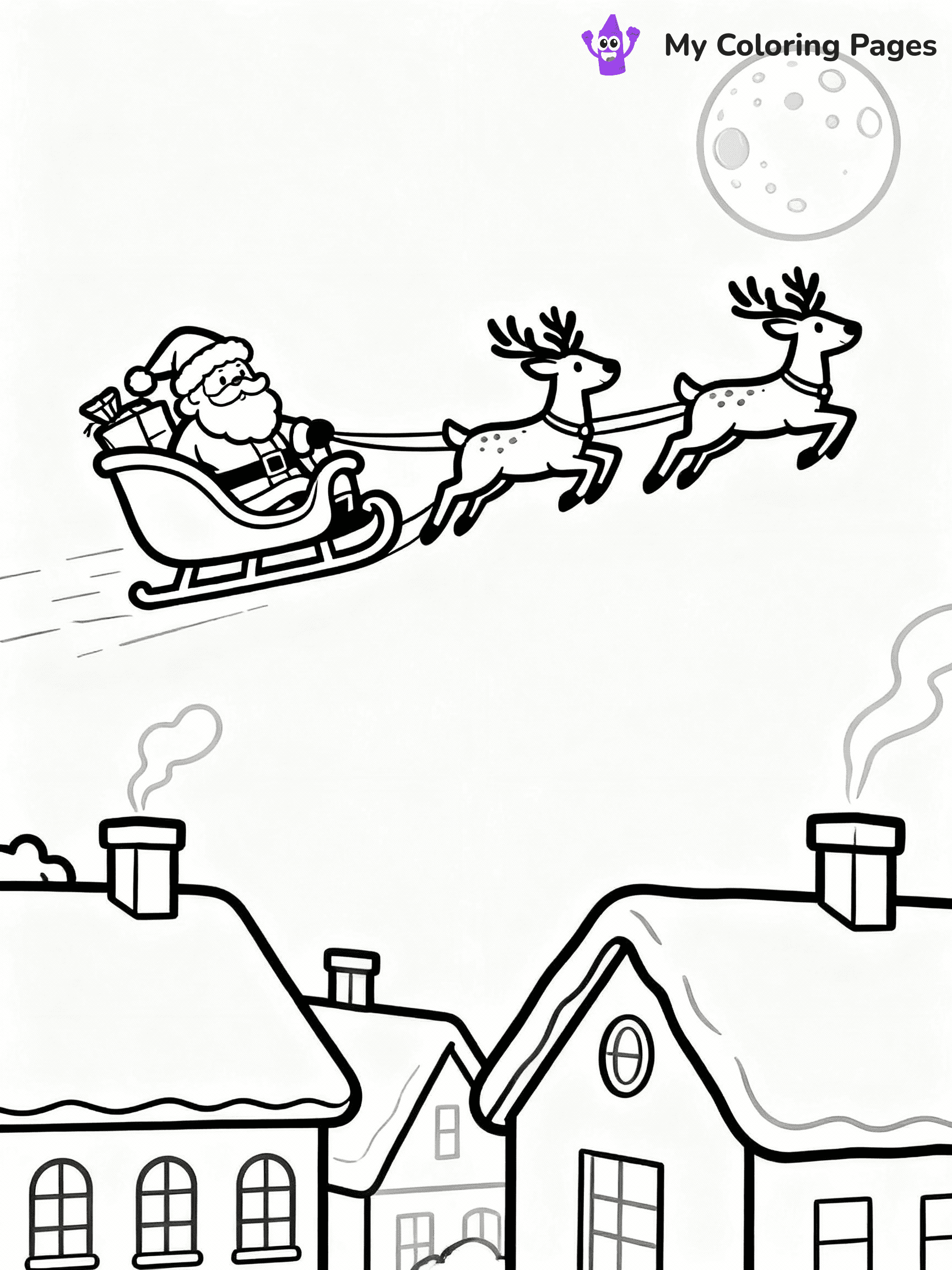 ⚠️ CRITICAL REQUIREMENT - ABSOLUTE BLACK AND WHITE ONLY ⚠️
This MUST be a BLACK AND WHITE line drawing ONLY. NO COLORS whatsoever.
- ONLY pure black lines (#000000) on pure white background (#FFFFFF)
- ABSOLUTELY NO colors, NO shading, NO gradients, NO grayscale
- If there are ANY colors in the output, the image is REJECTED
- This is a COLORING PAGE - meant to be COLORED IN by children
- The output must be UNCOLORED line art ready for coloring
⚠️ SUBJECT TO DRAW: Santa in his sleigh led by reindeer, flying over rooftops, moon shining. Important: PURE OUTLINES. NO FILLS, COLOR, SHADING, OR GREYSCALE. WHITE BACKGROUND.
(REMEMBER: Output must be BLACK AND WHITE line art only, NOT colored!)
# Flat, Friendly Cartoon Line-Art Coloring Page
You are generating a **pure black-and-white binary image** of a child-friendly cartoon scene combining characters and background scenery in one cohesive composition.
## Rendering Rules (Strict)
- Only two colors: pure black (#000000) outlines and pure white (#FFFFFF) background.
- No grayscale, shading, gradients, tints, fills, transparency, or partial pixels.
- No antialiasing or blended edges; every pixel is 100% black or white.
- No solid black fills inside shapes — all areas inside outlines must remain white.
- No dark clothing areas or filled tone blocks; all garments outlined only.
- No shadows, textures, lighting, or tonal variations.
- Must look like flat binary vector line-art for coloring pages.
## Drawing & Composition
- **Medium, consistent line weight**; clean closed outlines easy to color inside.
- **Flat, simple, child-friendly design** — no realism or 3D depth.
- Characters are **grounded on a surface**, centered and large.
- **Balanced composition** with clear silhouettes and minimal props.
## Scenery & Style
- Landmarks (e.g., mosque, CN Tower) and scenery (trees, benches, waves) drawn with **black outlines only.**
- For real-world figures, teams, or places, show accurate details using only black outlines—no text or logos. Use distinctive uniform patterns, abstract symbols, and landmark silhouettes to convey identity.
- Keep **consistent perspective**; no floating elements.
- **Style:** whimsical **Doodle Art Alley** — rounded, friendly outlines.
- May adapt shapes from **Crayola, Disney, Peppa Pig, Cocomelon** — *by shape only, never color.*
- Final output: **flat, crisp, binary (#000000/#FFFFFF)**, **no filled color or background text.**
EXTREMELYE IMPORTANT:
- PURE BINARY LINE-ART; NO FILLS (HAIR/CLOTHES/SKIN), SHADING, OR GREY.
- NO SHADING, COLOR. MUST BE WHITE BACKGROUND.
⚠️ FINAL REMINDER: Draw the subject "Santa in his sleigh led by reindeer, flying over rooftops, moon shining. Important: PURE OUTLINES. NO FILLS, COLOR, SHADING, OR GREYSCALE. WHITE BACKGROUND." as BLACK AND WHITE line art. Zero colors in output.