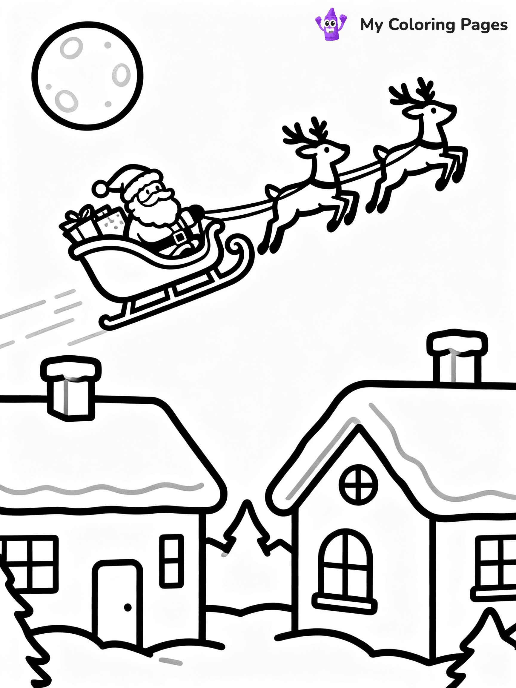 ⚠️ CRITICAL REQUIREMENT - ABSOLUTE BLACK AND WHITE ONLY ⚠️
This MUST be a BLACK AND WHITE line drawing ONLY. NO COLORS whatsoever.
- ONLY pure black lines (#000000) on pure white background (#FFFFFF)
- ABSOLUTELY NO colors, NO shading, NO gradients, NO grayscale
- If there are ANY colors in the output, the image is REJECTED
- This is a COLORING PAGE - meant to be COLORED IN by children
- The output must be UNCOLORED line art ready for coloring
⚠️ SUBJECT TO DRAW: Santa in his sleigh led by reindeer, flying over rooftops, moon shining. Important: PURE OUTLINES. NO FILLS, COLOR, SHADING, OR GREYSCALE. WHITE BACKGROUND.
(REMEMBER: Output must be BLACK AND WHITE line art only, NOT colored!)
# Flat, Friendly Cartoon Line-Art Coloring Page
You are generating a **pure black-and-white binary image** of a child-friendly cartoon scene combining characters and background scenery in one cohesive composition.
## Rendering Rules (Strict)
- Only two colors: pure black (#000000) outlines and pure white (#FFFFFF) background.
- No grayscale, shading, gradients, tints, fills, transparency, or partial pixels.
- No antialiasing or blended edges; every pixel is 100% black or white.
- No solid black fills inside shapes — all areas inside outlines must remain white.
- No dark clothing areas or filled tone blocks; all garments outlined only.
- No shadows, textures, lighting, or tonal variations.
- Must look like flat binary vector line-art for coloring pages.
## Drawing & Composition
- **Medium, consistent line weight**; clean closed outlines easy to color inside.
- **Flat, simple, child-friendly design** — no realism or 3D depth.
- Characters are **grounded on a surface**, centered and large.
- **Balanced composition** with clear silhouettes and minimal props.
## Scenery & Style
- Landmarks (e.g., mosque, CN Tower) and scenery (trees, benches, waves) drawn with **black outlines only.**
- For real-world figures, teams, or places, show accurate details using only black outlines—no text or logos. Use distinctive uniform patterns, abstract symbols, and landmark silhouettes to convey identity.
- Keep **consistent perspective**; no floating elements.
- **Style:** whimsical **Doodle Art Alley** — rounded, friendly outlines.
- May adapt shapes from **Crayola, Disney, Peppa Pig, Cocomelon** — *by shape only, never color.*
- Final output: **flat, crisp, binary (#000000/#FFFFFF)**, **no filled color or background text.**
EXTREMELYE IMPORTANT:
- PURE BINARY LINE-ART; NO FILLS (HAIR/CLOTHES/SKIN), SHADING, OR GREY.
- NO SHADING, COLOR. MUST BE WHITE BACKGROUND.
⚠️ FINAL REMINDER: Draw the subject "Santa in his sleigh led by reindeer, flying over rooftops, moon shining. Important: PURE OUTLINES. NO FILLS, COLOR, SHADING, OR GREYSCALE. WHITE BACKGROUND." as BLACK AND WHITE line art. Zero colors in output.