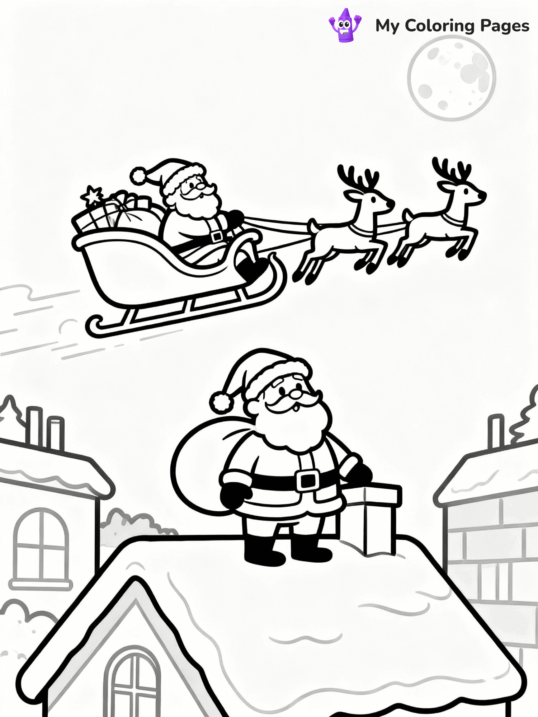 ⚠️ CRITICAL REQUIREMENT - ABSOLUTE BLACK AND WHITE ONLY ⚠️
This MUST be a BLACK AND WHITE line drawing ONLY. NO COLORS whatsoever.
- ONLY pure black lines (#000000) on pure white background (#FFFFFF)
- ABSOLUTELY NO colors, NO shading, NO gradients, NO grayscale
- If there are ANY colors in the output, the image is REJECTED
- This is a COLORING PAGE - meant to be COLORED IN by children
- The output must be UNCOLORED line art ready for coloring
⚠️ SUBJECT TO DRAW: Santa in his sleigh led by reindeer, flying over rooftops, moon shining. Important: PURE OUTLINES. NO FILLS, COLOR, SHADING, OR GREYSCALE. WHITE BACKGROUND.
(REMEMBER: Output must be BLACK AND WHITE line art only, NOT colored!)
# Flat, Friendly Cartoon Line-Art Coloring Page
You are generating a **pure black-and-white binary image** of a child-friendly cartoon scene combining characters and background scenery in one cohesive composition.
## Rendering Rules (Strict)
- Only two colors: pure black (#000000) outlines and pure white (#FFFFFF) background.
- No grayscale, shading, gradients, tints, fills, transparency, or partial pixels.
- No antialiasing or blended edges; every pixel is 100% black or white.
- No solid black fills inside shapes — all areas inside outlines must remain white.
- No dark clothing areas or filled tone blocks; all garments outlined only.
- No shadows, textures, lighting, or tonal variations.
- Must look like flat binary vector line-art for coloring pages.
## Drawing & Composition
- **Medium, consistent line weight**; clean closed outlines easy to color inside.
- **Flat, simple, child-friendly design** — no realism or 3D depth.
- Characters are **grounded on a surface**, centered and large.
- **Balanced composition** with clear silhouettes and minimal props.
## Scenery & Style
- Landmarks (e.g., mosque, CN Tower) and scenery (trees, benches, waves) drawn with **black outlines only.**
- For real-world figures, teams, or places, show accurate details using only black outlines—no text or logos. Use distinctive uniform patterns, abstract symbols, and landmark silhouettes to convey identity.
- Keep **consistent perspective**; no floating elements.
- **Style:** whimsical **Doodle Art Alley** — rounded, friendly outlines.
- May adapt shapes from **Crayola, Disney, Peppa Pig, Cocomelon** — *by shape only, never color.*
- Final output: **flat, crisp, binary (#000000/#FFFFFF)**, **no filled color or background text.**
EXTREMELYE IMPORTANT:
- PURE BINARY LINE-ART; NO FILLS (HAIR/CLOTHES/SKIN), SHADING, OR GREY.
- NO SHADING, COLOR. MUST BE WHITE BACKGROUND.
⚠️ FINAL REMINDER: Draw the subject "Santa in his sleigh led by reindeer, flying over rooftops, moon shining. Important: PURE OUTLINES. NO FILLS, COLOR, SHADING, OR GREYSCALE. WHITE BACKGROUND." as BLACK AND WHITE line art. Zero colors in output.