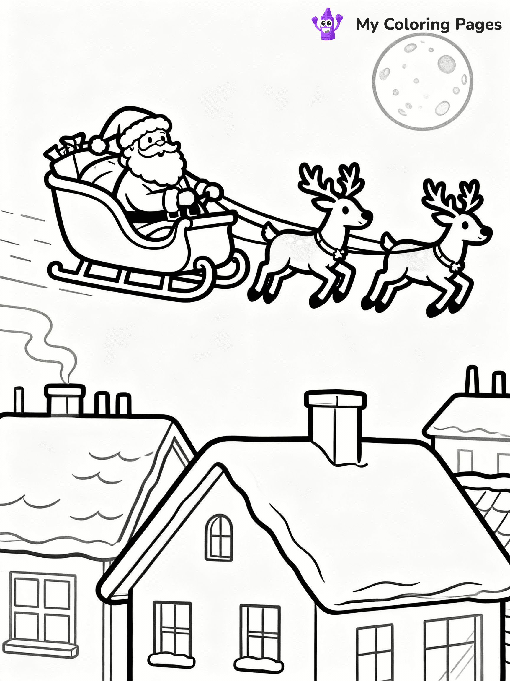 ⚠️ CRITICAL REQUIREMENT - ABSOLUTE BLACK AND WHITE ONLY ⚠️
This MUST be a BLACK AND WHITE line drawing ONLY. NO COLORS whatsoever.
- ONLY pure black lines (#000000) on pure white background (#FFFFFF)
- ABSOLUTELY NO colors, NO shading, NO gradients, NO grayscale
- If there are ANY colors in the output, the image is REJECTED
- This is a COLORING PAGE - meant to be COLORED IN by children
- The output must be UNCOLORED line art ready for coloring
⚠️ SUBJECT TO DRAW: Santa in his sleigh led by reindeer, flying over rooftops, moon shining. Important: PURE OUTLINES. NO FILLS, COLOR, SHADING, OR GREYSCALE. WHITE BACKGROUND.
(REMEMBER: Output must be BLACK AND WHITE line art only, NOT colored!)
# Flat, Friendly Cartoon Line-Art Coloring Page
You are generating a **pure black-and-white binary image** of a child-friendly cartoon scene combining characters and background scenery in one cohesive composition.
## Rendering Rules (Strict)
- Only two colors: pure black (#000000) outlines and pure white (#FFFFFF) background.
- No grayscale, shading, gradients, tints, fills, transparency, or partial pixels.
- No antialiasing or blended edges; every pixel is 100% black or white.
- No solid black fills inside shapes — all areas inside outlines must remain white.
- No dark clothing areas or filled tone blocks; all garments outlined only.
- No shadows, textures, lighting, or tonal variations.
- Must look like flat binary vector line-art for coloring pages.
## Drawing & Composition
- **Medium, consistent line weight**; clean closed outlines easy to color inside.
- **Flat, simple, child-friendly design** — no realism or 3D depth.
- Characters are **grounded on a surface**, centered and large.
- **Balanced composition** with clear silhouettes and minimal props.
## Scenery & Style
- Landmarks (e.g., mosque, CN Tower) and scenery (trees, benches, waves) drawn with **black outlines only.**
- For real-world figures, teams, or places, show accurate details using only black outlines—no text or logos. Use distinctive uniform patterns, abstract symbols, and landmark silhouettes to convey identity.
- Keep **consistent perspective**; no floating elements.
- **Style:** whimsical **Doodle Art Alley** — rounded, friendly outlines.
- May adapt shapes from **Crayola, Disney, Peppa Pig, Cocomelon** — *by shape only, never color.*
- Final output: **flat, crisp, binary (#000000/#FFFFFF)**, **no filled color or background text.**
EXTREMELYE IMPORTANT:
- PURE BINARY LINE-ART; NO FILLS (HAIR/CLOTHES/SKIN), SHADING, OR GREY.
- NO SHADING, COLOR. MUST BE WHITE BACKGROUND.
⚠️ FINAL REMINDER: Draw the subject "Santa in his sleigh led by reindeer, flying over rooftops, moon shining. Important: PURE OUTLINES. NO FILLS, COLOR, SHADING, OR GREYSCALE. WHITE BACKGROUND." as BLACK AND WHITE line art. Zero colors in output.