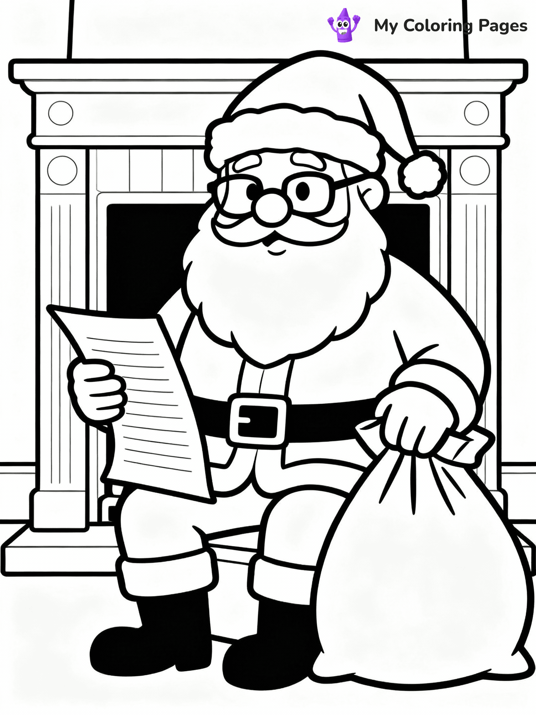 ⚠️ CRITICAL REQUIREMENT - ABSOLUTE BLACK AND WHITE ONLY ⚠️
This MUST be a BLACK AND WHITE line drawing ONLY. NO COLORS whatsoever.
- ONLY pure black lines (#000000) on pure white background (#FFFFFF)
- ABSOLUTELY NO colors, NO shading, NO gradients, NO grayscale
- If there are ANY colors in the output, the image is REJECTED
- This is a COLORING PAGE - meant to be COLORED IN by children
- The output must be UNCOLORED line art ready for coloring
⚠️ SUBJECT TO DRAW: Santa reading his list, glasses on nose, fireplace in the background. Important: PURE OUTLINES. NO FILLS, COLOR, SHADING, OR GREYSCALE. WHITE BACKGROUND.
(REMEMBER: Output must be BLACK AND WHITE line art only, NOT colored!)
# Flat, Friendly Cartoon Line-Art Coloring Page
You are generating a **pure black-and-white binary image** of a child-friendly cartoon scene combining characters and background scenery in one cohesive composition.
## Rendering Rules (Strict)
- Only two colors: pure black (#000000) outlines and pure white (#FFFFFF) background.
- No grayscale, shading, gradients, tints, fills, transparency, or partial pixels.
- No antialiasing or blended edges; every pixel is 100% black or white.
- No solid black fills inside shapes — all areas inside outlines must remain white.
- No dark clothing areas or filled tone blocks; all garments outlined only.
- No shadows, textures, lighting, or tonal variations.
- Must look like flat binary vector line-art for coloring pages.
## Drawing & Composition
- **Medium, consistent line weight**; clean closed outlines easy to color inside.
- **Flat, simple, child-friendly design** — no realism or 3D depth.
- Characters are **grounded on a surface**, centered and large.
- **Balanced composition** with clear silhouettes and minimal props.
## Scenery & Style
- Landmarks (e.g., mosque, CN Tower) and scenery (trees, benches, waves) drawn with **black outlines only.**
- For real-world figures, teams, or places, show accurate details using only black outlines—no text or logos. Use distinctive uniform patterns, abstract symbols, and landmark silhouettes to convey identity.
- Keep **consistent perspective**; no floating elements.
- **Style:** whimsical **Doodle Art Alley** — rounded, friendly outlines.
- May adapt shapes from **Crayola, Disney, Peppa Pig, Cocomelon** — *by shape only, never color.*
- Final output: **flat, crisp, binary (#000000/#FFFFFF)**, **no filled color or background text.**
EXTREMELYE IMPORTANT:
- PURE BINARY LINE-ART; NO FILLS (HAIR/CLOTHES/SKIN), SHADING, OR GREY.
- NO SHADING, COLOR. MUST BE WHITE BACKGROUND.
⚠️ FINAL REMINDER: Draw the subject "Santa reading his list, glasses on nose, fireplace in the background. Important: PURE OUTLINES. NO FILLS, COLOR, SHADING, OR GREYSCALE. WHITE BACKGROUND." as BLACK AND WHITE line art. Zero colors in output.