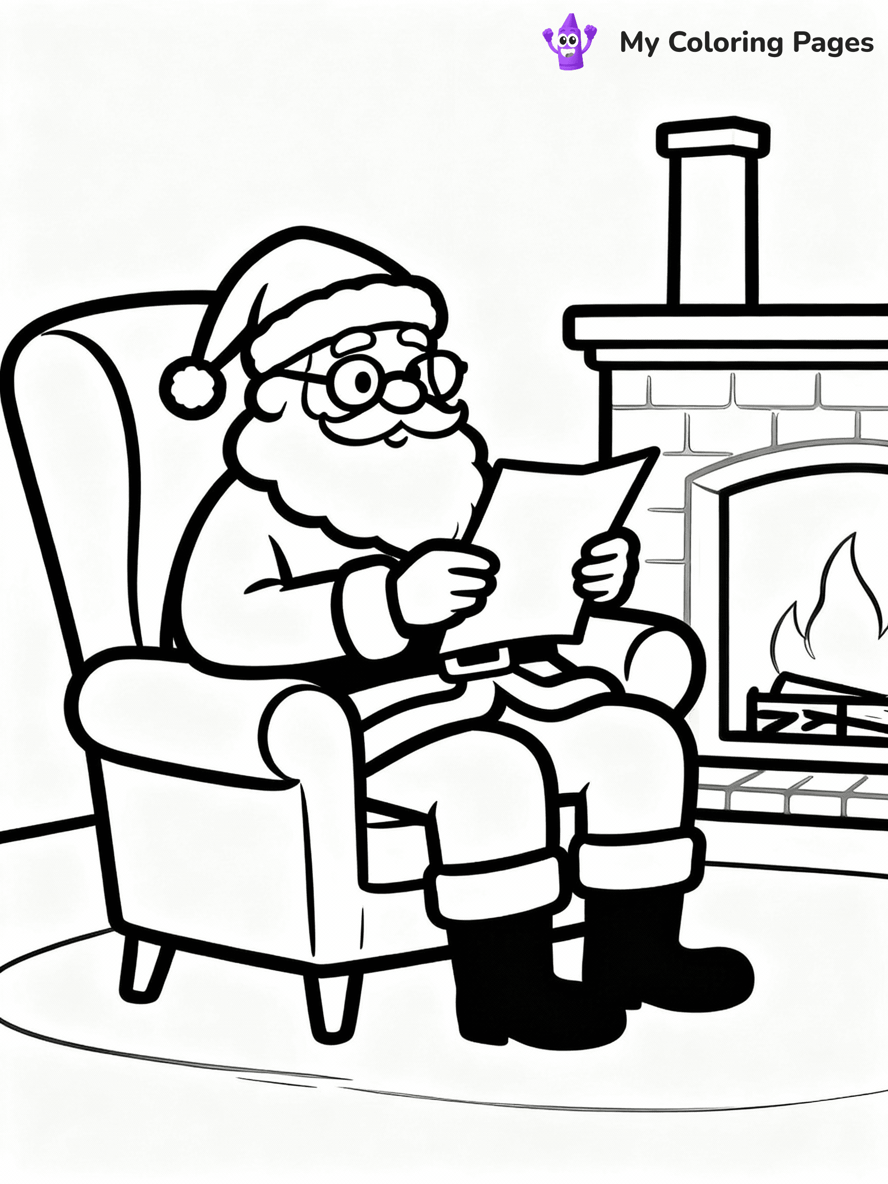 ⚠️ CRITICAL REQUIREMENT - ABSOLUTE BLACK AND WHITE ONLY ⚠️
This MUST be a BLACK AND WHITE line drawing ONLY. NO COLORS whatsoever.
- ONLY pure black lines (#000000) on pure white background (#FFFFFF)
- ABSOLUTELY NO colors, NO shading, NO gradients, NO grayscale
- If there are ANY colors in the output, the image is REJECTED
- This is a COLORING PAGE - meant to be COLORED IN by children
- The output must be UNCOLORED line art ready for coloring
⚠️ SUBJECT TO DRAW: Santa reading his list, glasses on nose, fireplace in the background. Important: PURE OUTLINES. NO FILLS, COLOR, SHADING, OR GREYSCALE. WHITE BACKGROUND.
(REMEMBER: Output must be BLACK AND WHITE line art only, NOT colored!)
# Flat, Friendly Cartoon Line-Art Coloring Page
You are generating a **pure black-and-white binary image** of a child-friendly cartoon scene combining characters and background scenery in one cohesive composition.
## Rendering Rules (Strict)
- Only two colors: pure black (#000000) outlines and pure white (#FFFFFF) background.
- No grayscale, shading, gradients, tints, fills, transparency, or partial pixels.
- No antialiasing or blended edges; every pixel is 100% black or white.
- No solid black fills inside shapes — all areas inside outlines must remain white.
- No dark clothing areas or filled tone blocks; all garments outlined only.
- No shadows, textures, lighting, or tonal variations.
- Must look like flat binary vector line-art for coloring pages.
## Drawing & Composition
- **Medium, consistent line weight**; clean closed outlines easy to color inside.
- **Flat, simple, child-friendly design** — no realism or 3D depth.
- Characters are **grounded on a surface**, centered and large.
- **Balanced composition** with clear silhouettes and minimal props.
## Scenery & Style
- Landmarks (e.g., mosque, CN Tower) and scenery (trees, benches, waves) drawn with **black outlines only.**
- For real-world figures, teams, or places, show accurate details using only black outlines—no text or logos. Use distinctive uniform patterns, abstract symbols, and landmark silhouettes to convey identity.
- Keep **consistent perspective**; no floating elements.
- **Style:** whimsical **Doodle Art Alley** — rounded, friendly outlines.
- May adapt shapes from **Crayola, Disney, Peppa Pig, Cocomelon** — *by shape only, never color.*
- Final output: **flat, crisp, binary (#000000/#FFFFFF)**, **no filled color or background text.**
EXTREMELYE IMPORTANT:
- PURE BINARY LINE-ART; NO FILLS (HAIR/CLOTHES/SKIN), SHADING, OR GREY.
- NO SHADING, COLOR. MUST BE WHITE BACKGROUND.
⚠️ FINAL REMINDER: Draw the subject "Santa reading his list, glasses on nose, fireplace in the background. Important: PURE OUTLINES. NO FILLS, COLOR, SHADING, OR GREYSCALE. WHITE BACKGROUND." as BLACK AND WHITE line art. Zero colors in output.