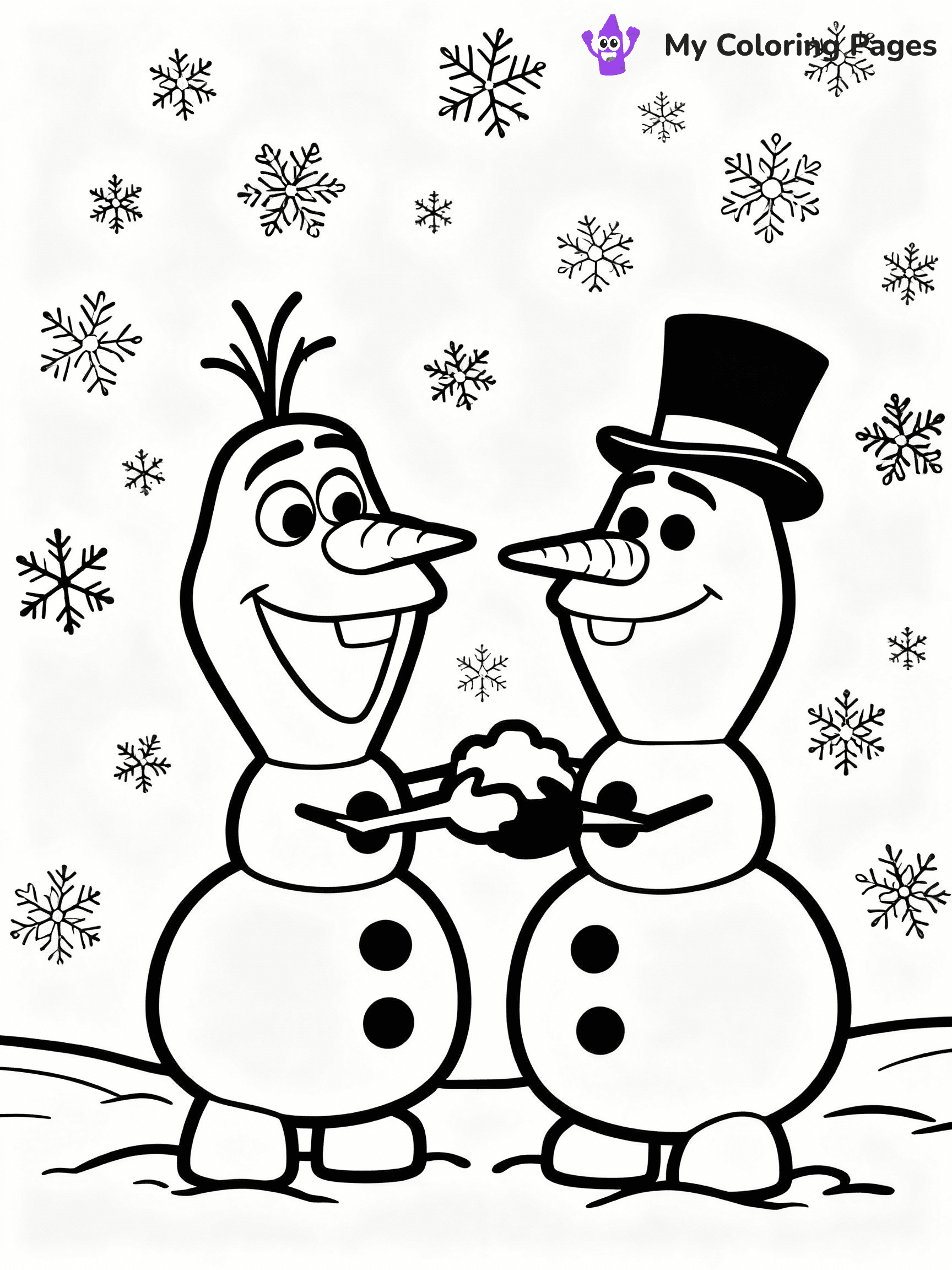 ⚠️ CRITICAL REQUIREMENT - ABSOLUTE BLACK AND WHITE ONLY ⚠️
This MUST be a BLACK AND WHITE line drawing ONLY. NO COLORS whatsoever.
- ONLY pure black lines (#000000) on pure white background (#FFFFFF)
- ABSOLUTELY NO colors, NO shading, NO gradients, NO grayscale
- If there are ANY colors in the output, the image is REJECTED
- This is a COLORING PAGE - meant to be COLORED IN by children
- The output must be UNCOLORED line art ready for coloring
⚠️ SUBJECT TO DRAW: Olaf from Frozen building a snowman, snowflakes falling all around. Important: PURE OUTLINES. NO FILLS, COLOR, SHADING, OR GREYSCALE. WHITE BACKGROUND.
(REMEMBER: Output must be BLACK AND WHITE line art only, NOT colored!)
# Flat, Friendly Cartoon Line-Art Coloring Page
You are generating a **pure black-and-white binary image** of a child-friendly cartoon scene combining characters and background scenery in one cohesive composition.
## Rendering Rules (Strict)
- Only two colors: pure black (#000000) outlines and pure white (#FFFFFF) background.
- No grayscale, shading, gradients, tints, fills, transparency, or partial pixels.
- No antialiasing or blended edges; every pixel is 100% black or white.
- No solid black fills inside shapes — all areas inside outlines must remain white.
- No dark clothing areas or filled tone blocks; all garments outlined only.
- No shadows, textures, lighting, or tonal variations.
- Must look like flat binary vector line-art for coloring pages.
## Drawing & Composition
- **Medium, consistent line weight**; clean closed outlines easy to color inside.
- **Flat, simple, child-friendly design** — no realism or 3D depth.
- Characters are **grounded on a surface**, centered and large.
- **Balanced composition** with clear silhouettes and minimal props.
## Scenery & Style
- Landmarks (e.g., mosque, CN Tower) and scenery (trees, benches, waves) drawn with **black outlines only.**
- For real-world figures, teams, or places, show accurate details using only black outlines—no text or logos. Use distinctive uniform patterns, abstract symbols, and landmark silhouettes to convey identity.
- Keep **consistent perspective**; no floating elements.
- **Style:** whimsical **Doodle Art Alley** — rounded, friendly outlines.
- May adapt shapes from **Crayola, Disney, Peppa Pig, Cocomelon** — *by shape only, never color.*
- Final output: **flat, crisp, binary (#000000/#FFFFFF)**, **no filled color or background text.**
EXTREMELYE IMPORTANT:
- PURE BINARY LINE-ART; NO FILLS (HAIR/CLOTHES/SKIN), SHADING, OR GREY.
- NO SHADING, COLOR. MUST BE WHITE BACKGROUND.
⚠️ FINAL REMINDER: Draw the subject "Olaf from Frozen building a snowman, snowflakes falling all around. Important: PURE OUTLINES. NO FILLS, COLOR, SHADING, OR GREYSCALE. WHITE BACKGROUND." as BLACK AND WHITE line art. Zero colors in output.