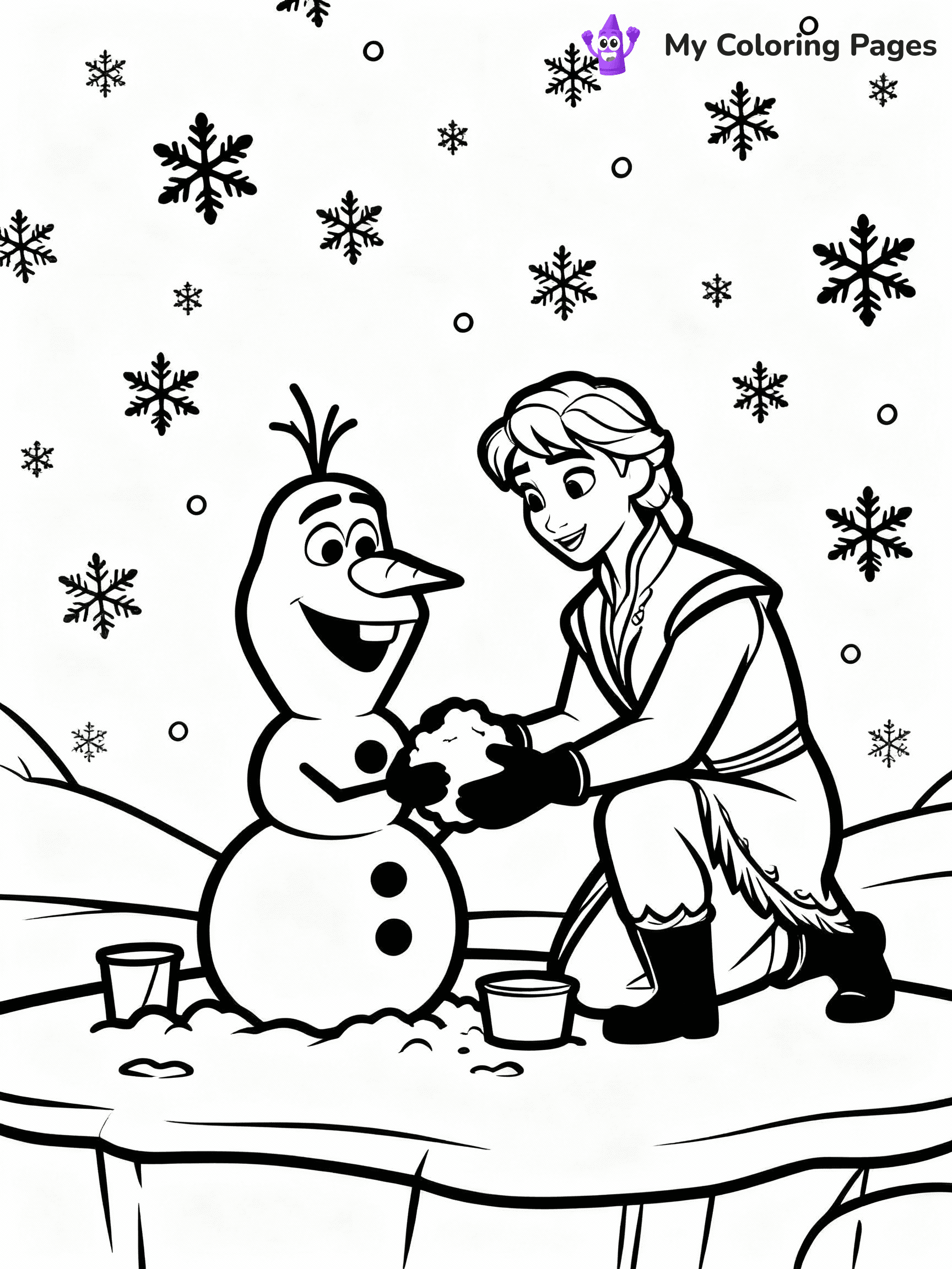 ⚠️ CRITICAL REQUIREMENT - ABSOLUTE BLACK AND WHITE ONLY ⚠️
This MUST be a BLACK AND WHITE line drawing ONLY. NO COLORS whatsoever.
- ONLY pure black lines (#000000) on pure white background (#FFFFFF)
- ABSOLUTELY NO colors, NO shading, NO gradients, NO grayscale
- If there are ANY colors in the output, the image is REJECTED
- This is a COLORING PAGE - meant to be COLORED IN by children
- The output must be UNCOLORED line art ready for coloring
⚠️ SUBJECT TO DRAW: Olaf from Frozen building a snowman, snowflakes falling all around. Important: PURE OUTLINES. NO FILLS, COLOR, SHADING, OR GREYSCALE. WHITE BACKGROUND.
(REMEMBER: Output must be BLACK AND WHITE line art only, NOT colored!)
# Flat, Friendly Cartoon Line-Art Coloring Page
You are generating a **pure black-and-white binary image** of a child-friendly cartoon scene combining characters and background scenery in one cohesive composition.
## Rendering Rules (Strict)
- Only two colors: pure black (#000000) outlines and pure white (#FFFFFF) background.
- No grayscale, shading, gradients, tints, fills, transparency, or partial pixels.
- No antialiasing or blended edges; every pixel is 100% black or white.
- No solid black fills inside shapes — all areas inside outlines must remain white.
- No dark clothing areas or filled tone blocks; all garments outlined only.
- No shadows, textures, lighting, or tonal variations.
- Must look like flat binary vector line-art for coloring pages.
## Drawing & Composition
- **Medium, consistent line weight**; clean closed outlines easy to color inside.
- **Flat, simple, child-friendly design** — no realism or 3D depth.
- Characters are **grounded on a surface**, centered and large.
- **Balanced composition** with clear silhouettes and minimal props.
## Scenery & Style
- Landmarks (e.g., mosque, CN Tower) and scenery (trees, benches, waves) drawn with **black outlines only.**
- For real-world figures, teams, or places, show accurate details using only black outlines—no text or logos. Use distinctive uniform patterns, abstract symbols, and landmark silhouettes to convey identity.
- Keep **consistent perspective**; no floating elements.
- **Style:** whimsical **Doodle Art Alley** — rounded, friendly outlines.
- May adapt shapes from **Crayola, Disney, Peppa Pig, Cocomelon** — *by shape only, never color.*
- Final output: **flat, crisp, binary (#000000/#FFFFFF)**, **no filled color or background text.**
EXTREMELYE IMPORTANT:
- PURE BINARY LINE-ART; NO FILLS (HAIR/CLOTHES/SKIN), SHADING, OR GREY.
- NO SHADING, COLOR. MUST BE WHITE BACKGROUND.
⚠️ FINAL REMINDER: Draw the subject "Olaf from Frozen building a snowman, snowflakes falling all around. Important: PURE OUTLINES. NO FILLS, COLOR, SHADING, OR GREYSCALE. WHITE BACKGROUND." as BLACK AND WHITE line art. Zero colors in output.