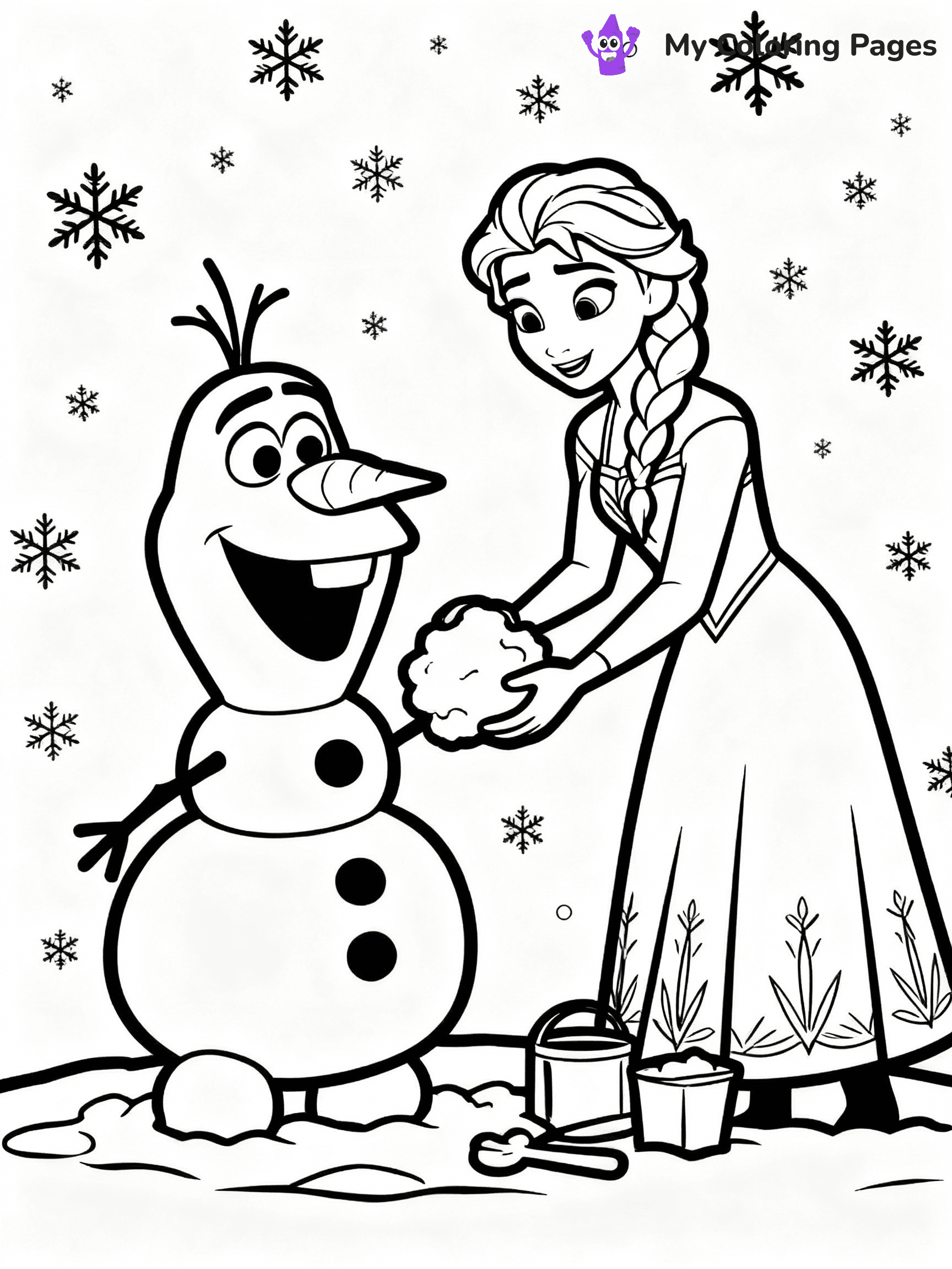 ⚠️ CRITICAL REQUIREMENT - ABSOLUTE BLACK AND WHITE ONLY ⚠️
This MUST be a BLACK AND WHITE line drawing ONLY. NO COLORS whatsoever.
- ONLY pure black lines (#000000) on pure white background (#FFFFFF)
- ABSOLUTELY NO colors, NO shading, NO gradients, NO grayscale
- If there are ANY colors in the output, the image is REJECTED
- This is a COLORING PAGE - meant to be COLORED IN by children
- The output must be UNCOLORED line art ready for coloring
⚠️ SUBJECT TO DRAW: Olaf from Frozen building a snowman, snowflakes falling all around. Important: PURE OUTLINES. NO FILLS, COLOR, SHADING, OR GREYSCALE. WHITE BACKGROUND.
(REMEMBER: Output must be BLACK AND WHITE line art only, NOT colored!)
# Flat, Friendly Cartoon Line-Art Coloring Page
You are generating a **pure black-and-white binary image** of a child-friendly cartoon scene combining characters and background scenery in one cohesive composition.
## Rendering Rules (Strict)
- Only two colors: pure black (#000000) outlines and pure white (#FFFFFF) background.
- No grayscale, shading, gradients, tints, fills, transparency, or partial pixels.
- No antialiasing or blended edges; every pixel is 100% black or white.
- No solid black fills inside shapes — all areas inside outlines must remain white.
- No dark clothing areas or filled tone blocks; all garments outlined only.
- No shadows, textures, lighting, or tonal variations.
- Must look like flat binary vector line-art for coloring pages.
## Drawing & Composition
- **Medium, consistent line weight**; clean closed outlines easy to color inside.
- **Flat, simple, child-friendly design** — no realism or 3D depth.
- Characters are **grounded on a surface**, centered and large.
- **Balanced composition** with clear silhouettes and minimal props.
## Scenery & Style
- Landmarks (e.g., mosque, CN Tower) and scenery (trees, benches, waves) drawn with **black outlines only.**
- For real-world figures, teams, or places, show accurate details using only black outlines—no text or logos. Use distinctive uniform patterns, abstract symbols, and landmark silhouettes to convey identity.
- Keep **consistent perspective**; no floating elements.
- **Style:** whimsical **Doodle Art Alley** — rounded, friendly outlines.
- May adapt shapes from **Crayola, Disney, Peppa Pig, Cocomelon** — *by shape only, never color.*
- Final output: **flat, crisp, binary (#000000/#FFFFFF)**, **no filled color or background text.**
EXTREMELYE IMPORTANT:
- PURE BINARY LINE-ART; NO FILLS (HAIR/CLOTHES/SKIN), SHADING, OR GREY.
- NO SHADING, COLOR. MUST BE WHITE BACKGROUND.
⚠️ FINAL REMINDER: Draw the subject "Olaf from Frozen building a snowman, snowflakes falling all around. Important: PURE OUTLINES. NO FILLS, COLOR, SHADING, OR GREYSCALE. WHITE BACKGROUND." as BLACK AND WHITE line art. Zero colors in output.