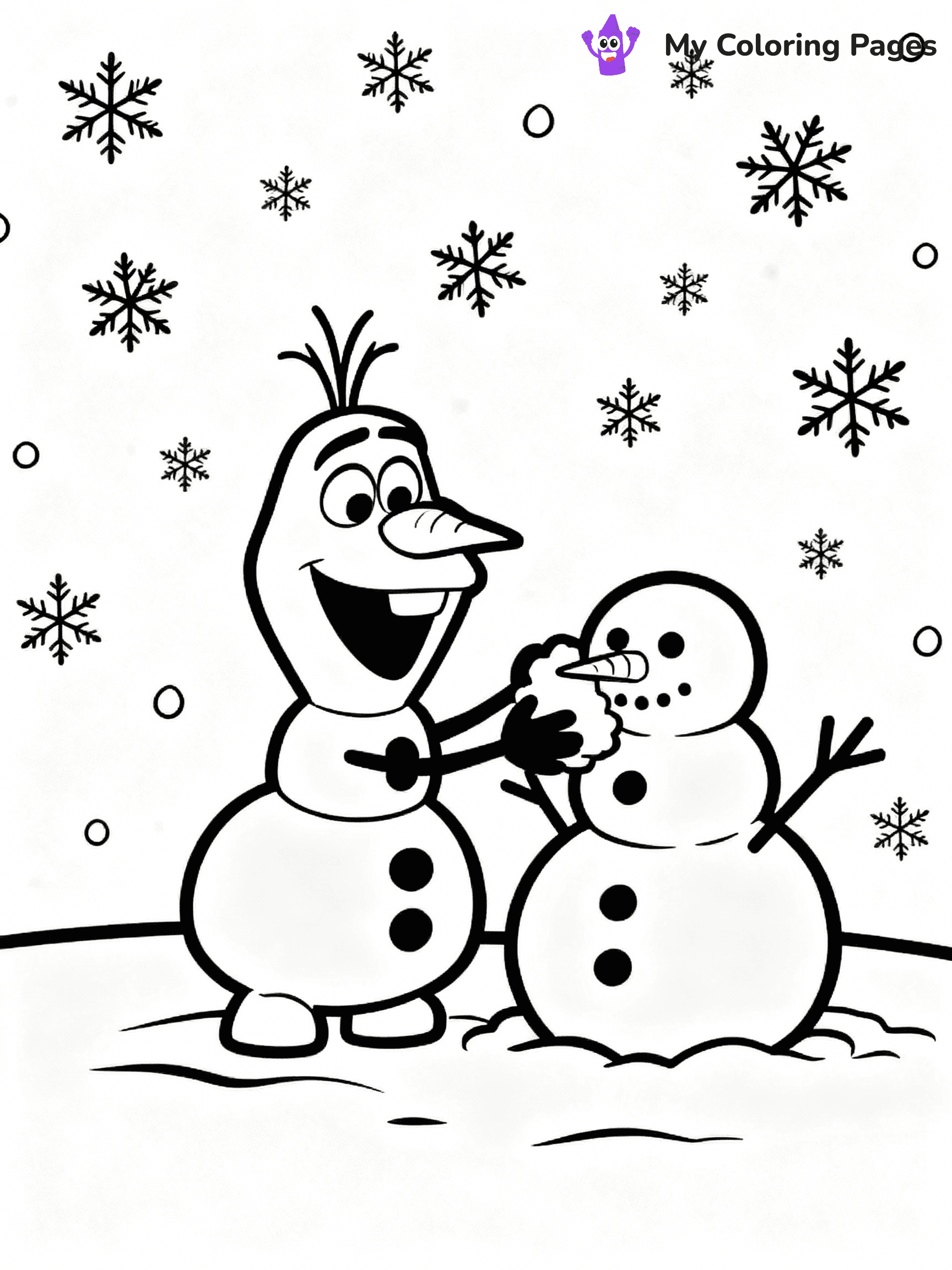 ⚠️ CRITICAL REQUIREMENT - ABSOLUTE BLACK AND WHITE ONLY ⚠️
This MUST be a BLACK AND WHITE line drawing ONLY. NO COLORS whatsoever.
- ONLY pure black lines (#000000) on pure white background (#FFFFFF)
- ABSOLUTELY NO colors, NO shading, NO gradients, NO grayscale
- If there are ANY colors in the output, the image is REJECTED
- This is a COLORING PAGE - meant to be COLORED IN by children
- The output must be UNCOLORED line art ready for coloring
⚠️ SUBJECT TO DRAW: Olaf from Frozen building a snowman, snowflakes falling all around. Important: PURE OUTLINES. NO FILLS, COLOR, SHADING, OR GREYSCALE. WHITE BACKGROUND.
(REMEMBER: Output must be BLACK AND WHITE line art only, NOT colored!)
# Flat, Friendly Cartoon Line-Art Coloring Page
You are generating a **pure black-and-white binary image** of a child-friendly cartoon scene combining characters and background scenery in one cohesive composition.
## Rendering Rules (Strict)
- Only two colors: pure black (#000000) outlines and pure white (#FFFFFF) background.
- No grayscale, shading, gradients, tints, fills, transparency, or partial pixels.
- No antialiasing or blended edges; every pixel is 100% black or white.
- No solid black fills inside shapes — all areas inside outlines must remain white.
- No dark clothing areas or filled tone blocks; all garments outlined only.
- No shadows, textures, lighting, or tonal variations.
- Must look like flat binary vector line-art for coloring pages.
## Drawing & Composition
- **Medium, consistent line weight**; clean closed outlines easy to color inside.
- **Flat, simple, child-friendly design** — no realism or 3D depth.
- Characters are **grounded on a surface**, centered and large.
- **Balanced composition** with clear silhouettes and minimal props.
## Scenery & Style
- Landmarks (e.g., mosque, CN Tower) and scenery (trees, benches, waves) drawn with **black outlines only.**
- For real-world figures, teams, or places, show accurate details using only black outlines—no text or logos. Use distinctive uniform patterns, abstract symbols, and landmark silhouettes to convey identity.
- Keep **consistent perspective**; no floating elements.
- **Style:** whimsical **Doodle Art Alley** — rounded, friendly outlines.
- May adapt shapes from **Crayola, Disney, Peppa Pig, Cocomelon** — *by shape only, never color.*
- Final output: **flat, crisp, binary (#000000/#FFFFFF)**, **no filled color or background text.**
EXTREMELYE IMPORTANT:
- PURE BINARY LINE-ART; NO FILLS (HAIR/CLOTHES/SKIN), SHADING, OR GREY.
- NO SHADING, COLOR. MUST BE WHITE BACKGROUND.
⚠️ FINAL REMINDER: Draw the subject "Olaf from Frozen building a snowman, snowflakes falling all around. Important: PURE OUTLINES. NO FILLS, COLOR, SHADING, OR GREYSCALE. WHITE BACKGROUND." as BLACK AND WHITE line art. Zero colors in output.